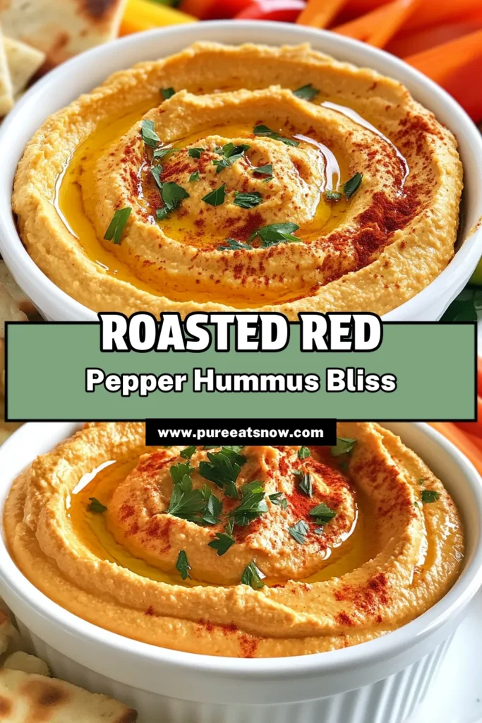 Discover the perfect healthy hummus recipe with this roasted red pepper hummus! This easy tahini hummus features chickpeas and vibrant roasted red bell peppers for a delectable vegan appetizer everyone will love. Whip up this creamy chickpea dip in just 30 minutes, making it ideal for parties or snacking. Don’t miss out on this delicious recipe—save it now! #RoastedRedPepperHummus #VeganAppetizer #ChickpeaDip #HealthyHummusRecipe