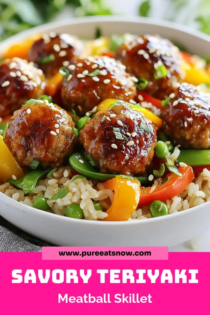 Discover the ultimate Teriyaki Meatballs Recipe with this easy skillet meal! This one-pan teriyaki rice dish uses ground chicken for a quick and delicious dinner. Packed with colorful veggies and a delightful sauce, it's sure to please everyone. Whip up this chicken teriyaki skillet in just 30 minutes. Save this recipe for a weeknight win that your family will ask for again and again! #TeriyakiMeatballs #EasySkilletMeals #GroundChickenRecipes #OnePanTeriyakiRice