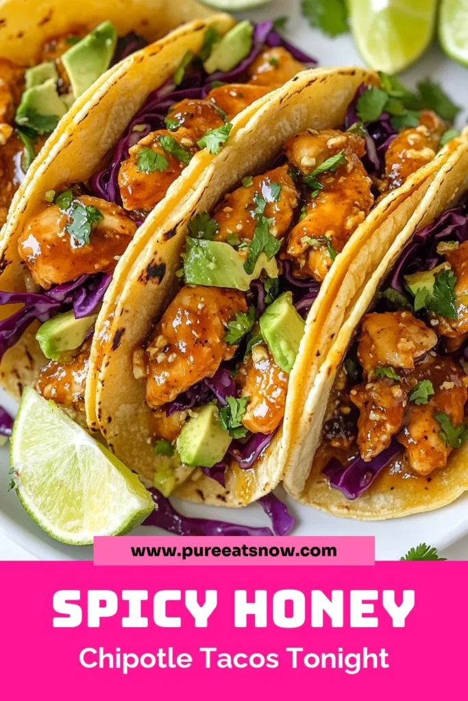 Craving a flavorful meal? Try these Honey Chipotle Chicken Tacos! This easy chicken taco recipe features tender chicken coated in a spicy honey chipotle sauce, perfect for taco night. Enjoy spicy tacos with honey combined with fresh avocado and crunchy cabbage. Perfect for any occasion, these tacos are quick to make in just 20 minutes! Save this recipe for your next dinner! #HoneyChipotleChickenTacos #EasyChickenTacos #SpicyTacos #AvocadoChickenTacos