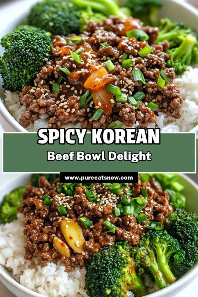 Get ready to indulge in the flavors of Spicy Korean Beef Bowls! This mouthwatering recipe combines savory ground beef with garlic, ginger, and rich gochujang for a delightful kick. Perfectly paired with steamed broccoli and fluffy rice, it's quick to whip up in just 25 minutes. Click through to discover how to make this delicious dish that will impress your family and friends! #SpicyKoreanBeef #KoreanCuisine #DinnerRecipes #QuickMeals