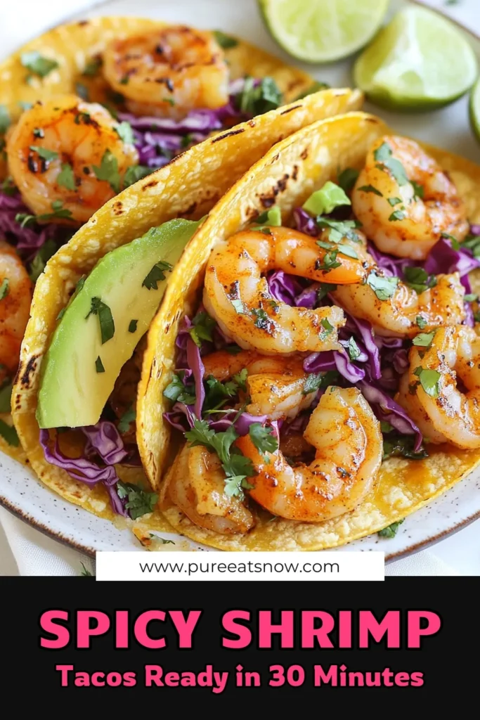 Get ready to spice up your taco night with these deliciously easy spicy shrimp tacos! This simple shrimp taco recipe features marinated shrimp that are quick to cook, served in warm corn tortillas and topped with vibrant red cabbage and creamy avocado. Perfect for a healthy meal, each bite bursts with flavor! Try it today and elevate your taco game. Save this recipe for a quick dinner idea! #SpicyShrimpTacos #EasyShrimpTacoRecipe #HealthyShrimpTacos #ShrimpTacoToppings