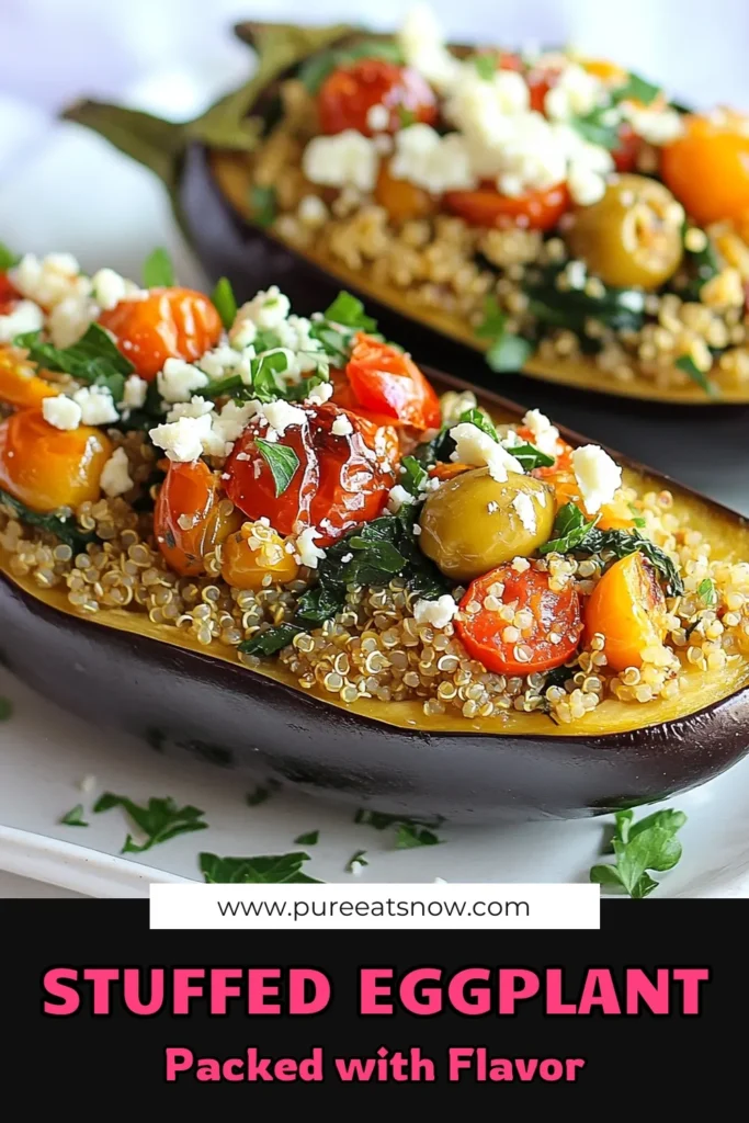 Discover the deliciousness of Mediterranean stuffed eggplant with this easy quinoa stuffed eggplant recipe! Packed with healthy ingredients like cherry tomatoes, Kalamata olives, and baked eggplant with feta, this dish is perfect for anyone seeking vegetarian Mediterranean recipes. Enjoy a feast for the senses that is healthy and satisfying. Try it today and elevate your meal prep! #MediterraneanStuffedEggplant #HealthyEggplantRecipes #VegetarianRecipes #QuinoaStuffedEggplant