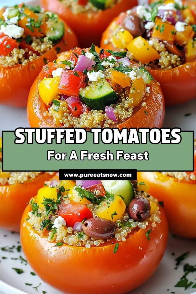 Discover a delicious twist on dinner with Mediterranean quinoa stuffed tomatoes. This healthy stuffed tomatoes recipe is perfect for fans of the Mediterranean diet and vegetarian quinoa recipes. Packed with flavor from fresh veggies and feta, these quinoa stuffed vegetables are not only nutritious but also visually stunning. Try this easy recipe for a wholesome meal! Save it for later! #MediterraneanDiet #QuinoaRecipes #HealthyEating #VeggieDelight