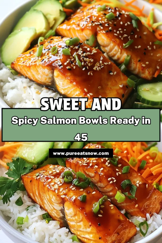 Delight in these Sriracha Honey Salmon Rice Bowls, a delicious blend of flavors in an easy salmon bowl that’s perfect for any night. This salmon rice bowl recipe features succulent salmon fillets marinated in a sweet and spicy Sriracha honey glaze, served atop fluffy jasmine rice and fresh veggies. Whip up this healthy salmon recipe in just 45 minutes! Click to save and try making it tonight! #SrirachaHoneySalmon #HealthySalmonRecipes #SalmonRiceBowl #EasySalmonBowl