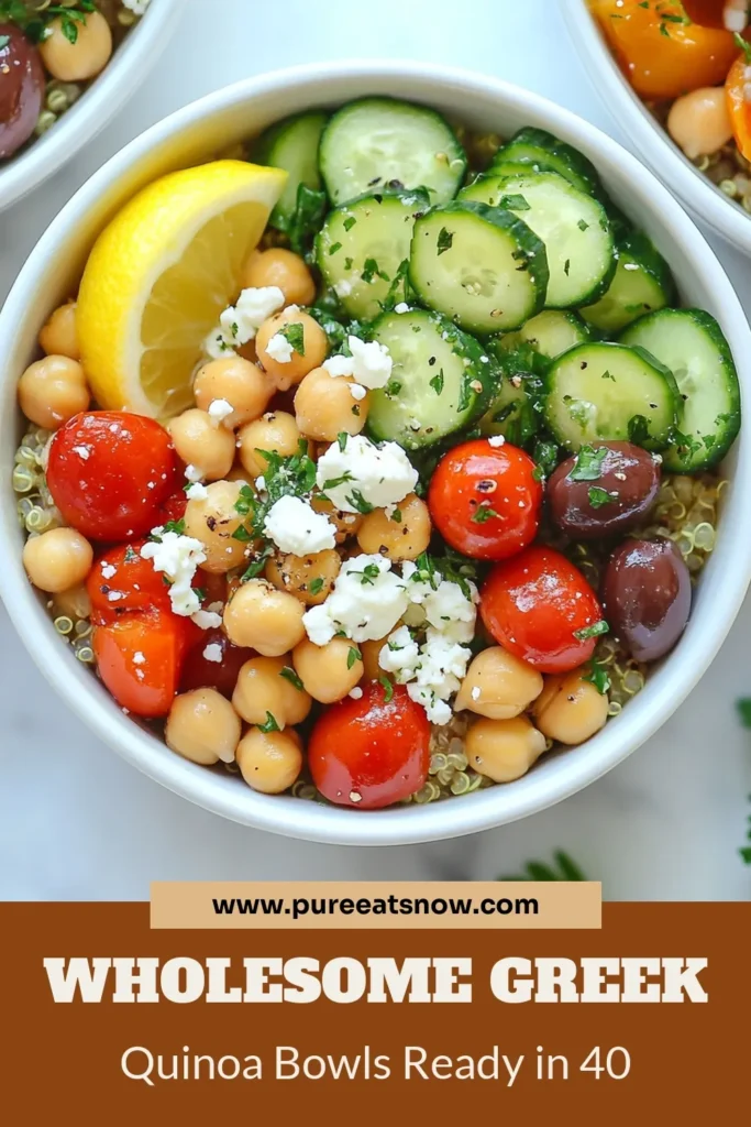 Discover the deliciousness of Greek Quinoa Power Bowls, a perfect blend of healthy quinoa recipes and Mediterranean flavors. This easy chickpea quinoa bowl features fresh ingredients like cucumbers, cherry tomatoes, and feta cheese, making it a standout among quinoa salad recipes. Quick to prepare in just 40 minutes, these Mediterranean power bowls are perfect for meal prep or a nutritious lunch. Save this recipe for a wholesome, vibrant meal! #GreekQuinoaBowls #HealthyQuinoaRecipes #MediterraneanPowerBowls #QuinoaSaladRecipes