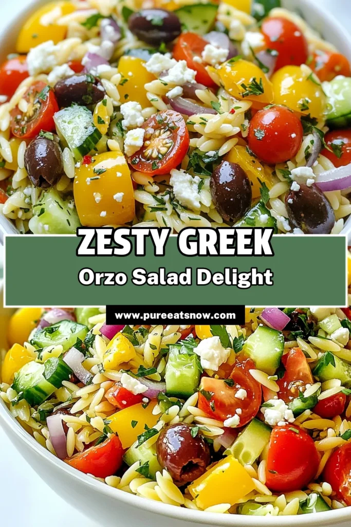 Looking for a refreshing dish? Try this Zesty Greek Orzo Salad! This easy Greek pasta salad combines orzo, fresh veggies, and feta for a delightful Mediterranean orzo salad experience. Perfect as a healthy orzo salad, it's a must-try for summer picnics or meal prep. Enjoy the vibrant flavors of this zesty salad recipe and save it for your next feast! #GreekOrzoSaladRecipe #MediterraneanOrzoSalad #HealthyOrzoSalad #ZestySaladRecipes