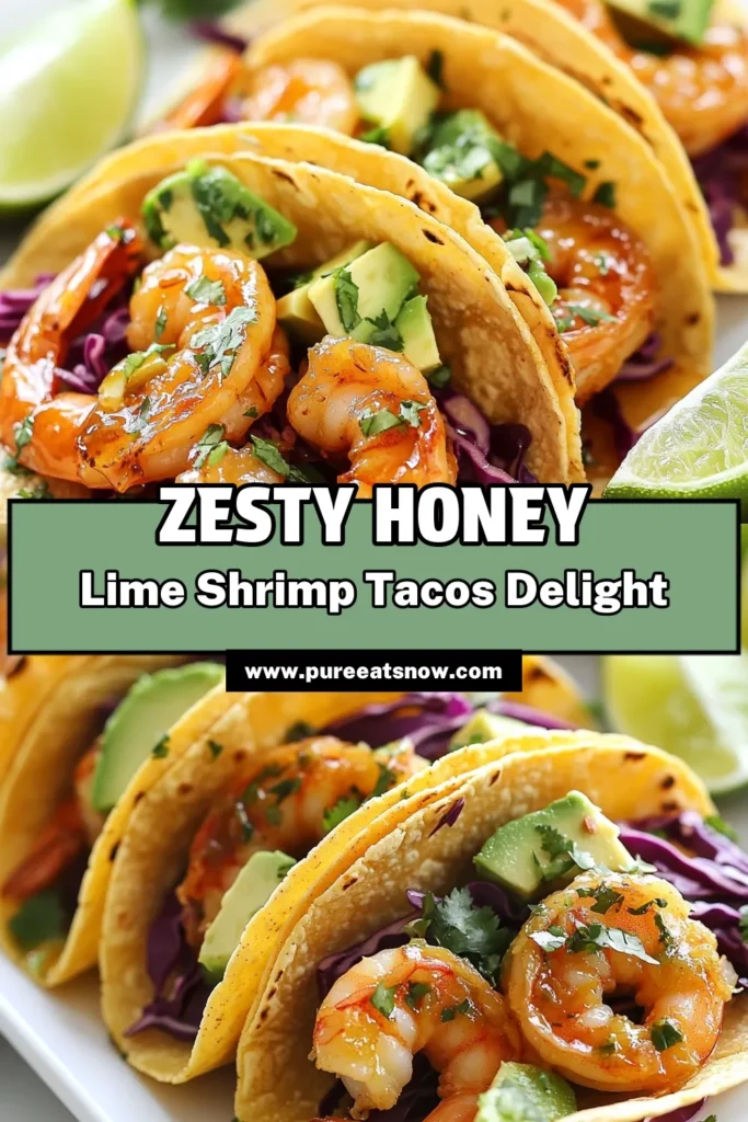 Savor the deliciousness of Honey Lime Shrimp Tacos with this easy shrimp taco recipe! Perfect for a quick weeknight dinner, these healthy shrimp tacos are bursting with flavor. Marinated shrimp, fresh avocado, and crunchy cabbage wrapped in warm corn tortillas make an irresistible meal. Try these avocado shrimp tacos tonight for a dish that's as nutritious as it is tasty! Save this recipe for your next taco night! #ShrimpTacos #HealthyRecipes #EasyRecipes #TacoNight