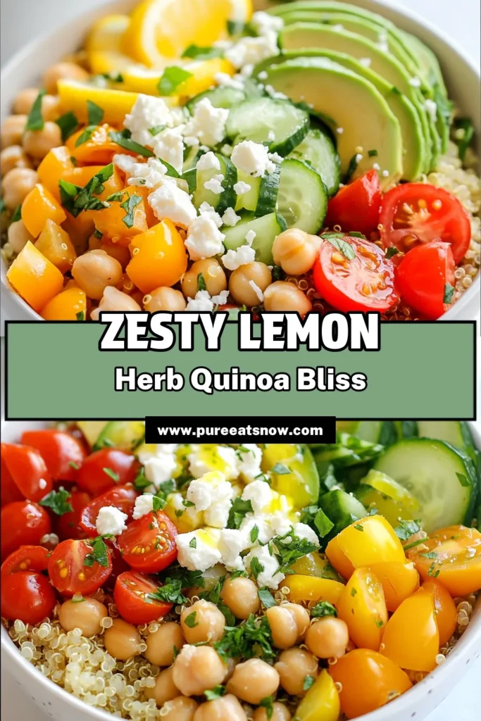 Discover the deliciousness of zesty lemon herb quinoa bowls! This healthy quinoa recipe is packed with fresh veggies and protein-rich chickpeas, making it a perfect vegan quinoa bowl for any meal. Enjoy a vibrant Mediterranean quinoa dish that's not only nutritious but also bursting with flavor. Try this quinoa salad bowl today and elevate your meals! Save this recipe for later and share the joy of healthy eating! #QuinoaBowls #VeganRecipes #HealthyEating #MediterraneanDiet