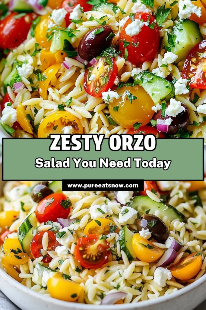 Looking for a refreshing and tasty dish? Try this Greek Lemon Orzo Salad! This healthy orzo salad recipe features Mediterranean flavors with orzo pasta, zesty lemon, cherry tomatoes, and creamy feta cheese. Perfect for picnics or as a light lunch, this feta cheese salad recipe is sure to impress. Save this zesty orzo salad for your next gathering! Discover how to make this delicious Mediterranean pasta salad today! #GreekLemonOrzoSalad #HealthyRecipes #MediterraneanDiet #OrzoSalad