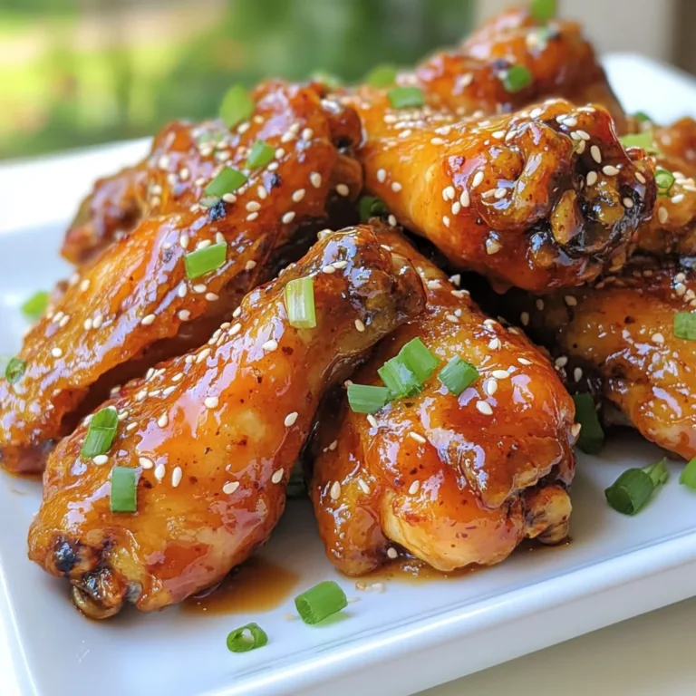- 2 lbs chicken wings - 1/2 cup pure maple syrup - 1/4 cup Sriracha sauce - 2 tablespoons soy sauce (or tamari for gluten-free) - 2 teaspoons garlic powder - 1 teaspoon onion powder - 1 teaspoon smoked paprika - Salt and pepper to taste - 1 tablespoon sesame seeds (optional) - 2 green onions, chopped When I create Maple Sriracha Chicken Wings, I rely on a few key ingredients. The star is always the chicken wings; they soak up all the flavors. I use pure maple syrup for sweetness. This syrup balances the heat from Sriracha sauce. The Sriracha gives the wings their signature kick. Next, I add soy sauce for depth. Garlic powder and onion powder enhance the flavor base. Smoked paprika adds a subtle richness. I always adjust salt and pepper to taste. For garnishes, sesame seeds add a nice crunch. Chopped green onions bring freshness and color to the dish. Together, these ingredients make a flavor-packed experience. {{ingredient_image_1}} - Preheat the oven to 400°F (200°C). - Line a baking sheet with foil and place a wire rack on top. I always start with the oven. Preheating it is key to crispy wings. The wire rack helps the hot air flow around the wings. This makes them cook evenly. - Combine all marinade ingredients in a mixing bowl. - Whisk until completely smooth. Now, let’s make the marinade. In a big bowl, mix the maple syrup, Sriracha sauce, soy sauce, garlic powder, onion powder, and smoked paprika. Add salt and pepper to taste. Whisk it all together until smooth. This sweet and spicy sauce gives great flavor to the wings. - Coat wings in marinade and let sit for at least 30 minutes. - Arrange wings on wire rack and bake for 40-45 minutes. Next, add the chicken wings to the bowl. Toss them well in the marinade. Make sure they are fully coated. Let them marinate for at least 30 minutes. If you have more time, letting them sit overnight adds even more flavor. After marinating, take the wings and arrange them on the wire rack. Keep them in a single layer. This helps them get crispy. Bake for 40-45 minutes. Flip them halfway through for even cooking. You can broil them for the last few minutes for extra crispiness. Enjoy the wonderful aroma as they cook! To get crispy wings, use a wire rack. This helps air flow all around the wings. It keeps them from sitting in their own juices. Place the wings on the rack, so they cook evenly. Broiling them for 2-3 minutes at the end adds extra crunch. Just watch them closely to avoid burning. Marinating chicken wings is key for flavor. I recommend at least 30 minutes. For deeper taste, let them marinate overnight. The longer they sit, the more they soak up the marinade. You will taste the maple and Sriracha in every bite. Feel free to change the seasoning. You can add more spices to fit your taste. If you like heat, toss in chili powder or cayenne. For a sweeter touch, mix in extra maple syrup. Personalizing your wings makes them even more special. Enjoy the fun of creating your own flavor! Pro Tips Marinate Longer for Flavor: For the best flavor, marinate the chicken wings for at least 1 hour or overnight. This allows the marinade to penetrate the meat for a richer taste. Crispy Skin Trick: To achieve extra crispy skin, pat the wings dry with paper towels before marinating. Removing moisture helps them crisp up better in the oven. Broil for Finishing Touch: Broil the wings for the last 2-3 minutes of cooking. This will give them a beautiful char and enhance the flavors of the marinade. Garnish to Impress: Don’t skip the garnish! A sprinkle of sesame seeds and fresh green onions not only adds flavor but also makes your dish visually appealing. {{image_2}} You can switch up the flavor by using different hot sauces. Try using a smoky chipotle sauce for a deeper heat. If you want more sweetness, add honey to the marinade. This gives wings a nice glaze and sweet taste. For a quicker option, use an air fryer. Set it to 375°F (190°C) and cook the wings for 25-30 minutes. They will still be crispy and delicious. If you love grilling, summer is perfect for it. Just marinate the wings and grill them over medium heat. Flip them until they are cooked through and charred. Want a fresh twist? Add citrus zest like lemon or lime to the marinade. This adds brightness and balances the heat. You can also mix in fresh herbs like cilantro or parsley. This gives the wings a nice herbal note and makes them even tastier. To store leftover wings, let them cool first. Place the wings in an airtight container. If you have sauce left, store it separately to keep the wings crispy. They can last up to three days in the fridge. For longer storage, freeze the wings. Use a freezer-safe bag or container. Make sure to remove as much air as possible to prevent freezer burn. You can freeze them for up to three months. When ready to eat, thaw them in the fridge overnight. To reheat wings, use the oven for the best results. Preheat the oven to 350°F (175°C). Place the wings on a baking sheet and cover them with foil. Heat for about 15-20 minutes. Remove the foil for the last 5 minutes to crisp them up. You can also use an air fryer for quick reheating. Set it to 350°F (175°C) and heat for about 5-10 minutes. Enjoy those wings just like they were fresh! Yes, you can use frozen chicken wings. Just remember to thaw them first. Thawing helps the wings absorb the marinade better. You can thaw them in the fridge overnight or use the microwave. Avoid cooking frozen wings directly; they won’t cook evenly. I suggest marinating your chicken wings for at least 30 minutes. This gives the flavors time to soak in. For richer taste, marinate them overnight in the fridge. The longer they sit, the more flavor they’ll have. Just don’t go over 24 hours, as the meat can break down too much. You can serve many tasty sides with these wings. Consider carrot and celery sticks for crunch. A creamy ranch or blue cheese dip pairs well too. You might also enjoy some sweet potato fries or a fresh salad. These sides add balance to the spicy wings. In this article, we explored how to make Maple Sriracha Chicken Wings. We discussed key ingredients, from chicken wings to flavor boosters like garlic and smoked paprika. I shared preparation steps, including marinating and baking tips for crispy results. You learned about variations, storage, and reheating methods. Now, enjoy crafting your own wings. Mix flavors and find your favorite twist. With these tips in hand, you’ll create wings everyone loves. Happy cooking!