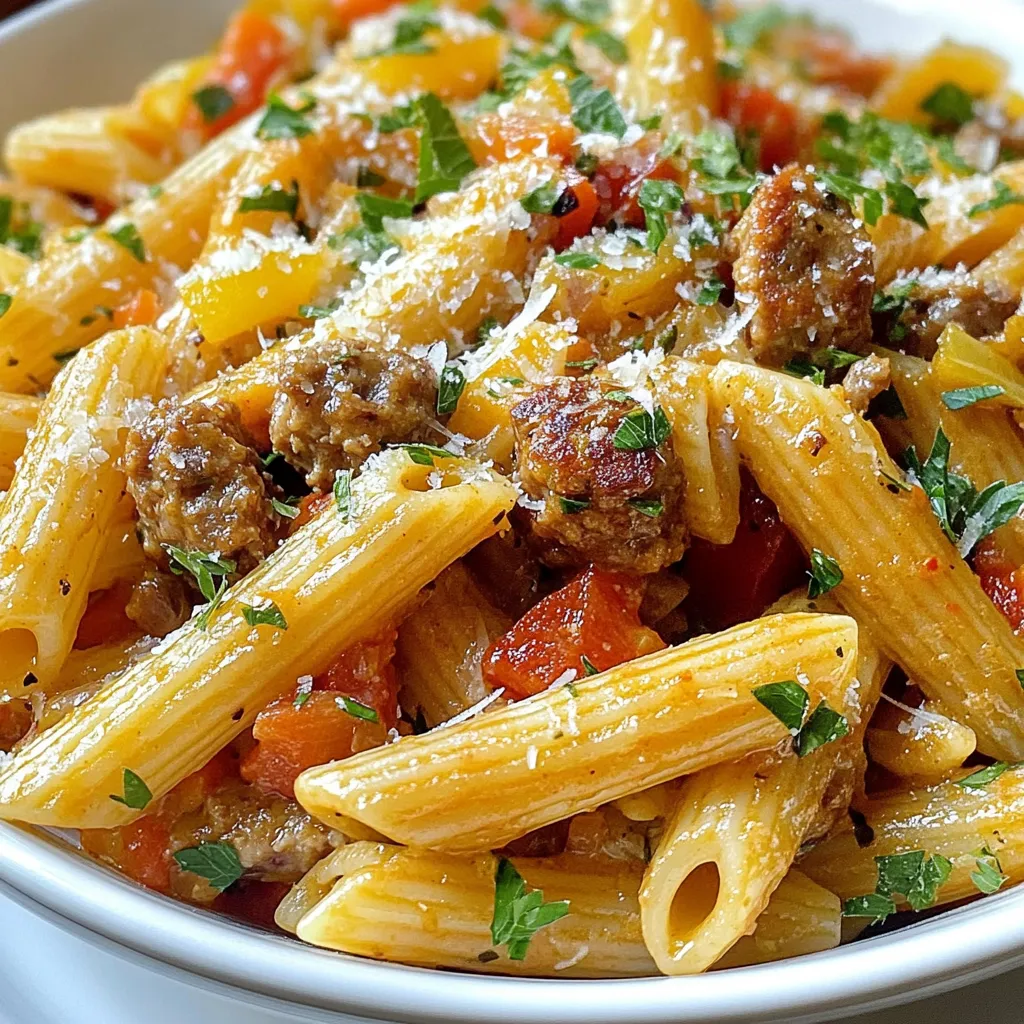 To make Spicy Cajun Sausage Pasta, you'll need these key items: - 8 oz penne pasta - 1 lb spicy Italian sausage, casings removed - 1 tablespoon olive oil - 1 onion, diced - 3 cloves garlic, minced - 1 bell pepper (any color), diced - 1 can (14.5 oz) diced tomatoes, undrained - 1 cup heavy cream - 2 teaspoons Cajun seasoning - 1 teaspoon smoked paprika - Salt and pepper to taste - ½ cup grated Parmesan cheese - Fresh parsley, chopped (for garnish) These ingredients create a rich and spicy dish that bursts with flavor. You can add a few more items to boost flavor and texture: - 1 teaspoon red pepper flakes for extra heat - ½ cup spinach for color and nutrients - 1 tablespoon lemon juice for brightness - Creole seasoning for a different spice blend Feel free to mix and match these optional ingredients to suit your taste. To cook this delicious pasta dish, gather these essential tools: - Large pot for boiling pasta - Large skillet for the sauce - Wooden spoon or spatula for mixing - Colander for draining pasta - Chef’s knife for chopping ingredients Having these tools ready will make cooking easier and more enjoyable. {{ingredient_image_1}} First, bring a large pot of salted water to a boil. This step is key to flavoring your pasta. Add 8 ounces of penne pasta. Cook it according to the package instructions until al dente. This usually takes about 10-12 minutes. Once done, drain the pasta and set it aside. You want it ready for the sauce. Next, grab a large skillet and heat 1 tablespoon of olive oil over medium heat. When the oil is hot, add 1 pound of spicy Italian sausage. Remove the casings first for easy cooking. Break the sausage apart with a spatula. Cook it until it’s browned, which takes around 5-7 minutes. Now, toss in 1 diced onion, 1 diced bell pepper, and 3 minced garlic cloves. Sauté these until the onion is clear and the vegetables are tender. This should take another 5-7 minutes. The smell is amazing! After that, pour in 1 can of undrained diced tomatoes. Then, add 1 cup of heavy cream, 2 teaspoons of Cajun seasoning, and 1 teaspoon of smoked paprika. Season with salt and pepper to taste. Stir everything well and let it simmer for about 5 minutes. You want the sauce to thicken slightly. Now it’s time to add the cooked penne pasta into the skillet. Toss it gently to coat the pasta with the sauce evenly. Heat everything together for an extra 2-3 minutes. Off the heat, stir in ½ cup of grated Parmesan cheese until it melts. This adds a creamy touch to your dish. Serve it hot, garnished with chopped fresh parsley for a nice pop of color! Enjoy your meal! To get the best pasta, use salted water. This adds flavor as the pasta cooks. Bring the water to a boil before adding the penne. Cook it until it is al dente, or firm to the bite. You want it to hold its shape when mixed with the sauce. Drain the pasta but don’t rinse it. Rinsing washes away the starch that helps the sauce stick. Cajun seasoning is key to this dish. It gives the pasta a bold kick. Start with two teaspoons, then taste. If you want more heat, add a bit more. Smoked paprika adds a nice depth. It enhances the rich flavor of the sausage. Don’t forget salt and pepper. They can help balance the heat and make the dish sing! You can make this dish ahead of time. Cook the sausage and veggies, then store them in the fridge. When you are ready, just heat them up. Cook the pasta fresh for the best texture. If you want, you can freeze the sauce. Just thaw it in the fridge overnight before reheating. This makes dinner quick and easy on busy nights! Pro Tips Use Fresh Ingredients: Fresh vegetables and high-quality sausage will enhance the flavor of your dish. Opt for seasonal produce for the best taste. Adjust the Spice Level: If you prefer a milder dish, use a mild Italian sausage instead of spicy. You can also reduce the Cajun seasoning to taste. Perfect Pasta: Ensure your pasta is al dente before mixing it with the sauce. It will continue to cook slightly in the sauce, absorbing flavors without becoming mushy. Garnish for Presentation: Fresh parsley not only adds color but also a fresh flavor. Consider adding a squeeze of lemon juice before serving for an extra zing. {{image_2}} You can make a tasty vegetarian version of spicy Cajun pasta. Use plant-based sausage instead of meat. These sausages bring great flavor without the meat. You can also use mushrooms for a meaty texture. Portobello mushrooms work well. They soak up the sauce nicely. Adding more vegetables boosts the flavor and nutrition. Try bell peppers, zucchini, or spinach. You can mix in diced tomatoes or corn too. These veggies add color and crunch. Cook them with the sausage or toss them in at the end. It’s a great way to get more vitamins. Different types of sausage can change the dish's flavor. You can use chicken sausage for a lighter taste. Turkey sausage is another option that keeps it lean. If you like heat, try andouille sausage for a kick. Each type adds its unique twist to the pasta. Enjoy experimenting with your choice! To store leftover spicy Cajun sausage pasta, let it cool down. Place it in an airtight container. Make sure to seal it well. Store it in the fridge. It will stay fresh for about 3 to 5 days. To reheat, you can use a microwave or a skillet. If using a microwave, place the pasta in a bowl. Add a splash of water or cream to keep it moist. Heat it for 1 to 2 minutes, stirring halfway. If using a skillet, heat on low. Add a bit of oil or water to prevent sticking. Cook until heated through. Freezing spicy Cajun sausage pasta is easy. First, let it cool completely. Then, pack it in freezer-safe bags or containers. Make sure to remove as much air as possible. Label the bags with the date. It can last for up to 3 months in the freezer. To reheat, thaw in the fridge overnight. Then, follow the reheating instructions mentioned earlier. You can use other types of sausage like chicken or turkey. If you want a meatless option, try a plant-based sausage. You can also use diced smoked sausage for a different taste. Just keep in mind that the flavor may change. Adjust seasonings to match the flavor profile you like. Yes! To make this dish gluten-free, use gluten-free penne pasta. Many brands offer tasty options. Just check the label to ensure it fits your needs. The rest of the ingredients are naturally gluten-free. Always read labels for any hidden gluten in sauces or other items. To lower the heat, use mild sausage instead of spicy. You can also reduce the Cajun seasoning. If you want more spice, add a pinch of cayenne pepper or some red pepper flakes. Always taste as you go, so you get the flavor just right for you! In this blog post, we explored how to make Spicy Cajun Sausage Pasta. We covered the key ingredients and tools to use. I shared step-by-step instructions, tips for perfect texture, and variations for everyone. Storing leftovers and reheating them was also discussed. Cooking is about creativity, so don’t hesitate to try new ideas. Enjoy your dish, and make it your own!