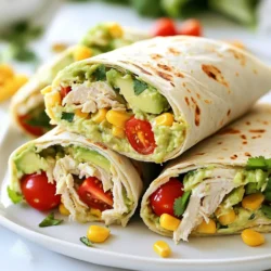 - 2 cups cooked chicken breast, shredded - 1 ripe avocado, mashed - 1/2 cup ranch dressing - 1 cup cherry tomatoes, halved - 1/2 cup shredded lettuce - 1/4 cup corn (canned or cooked) - 1/4 cup red onion, finely chopped - 1 teaspoon lime juice - 4 large flour tortillas or wraps - Salt and pepper to taste - Optional: cilantro for garnish Fresh ingredients make the dish taste great. Look for ripe avocados that feel soft when you press them gently. Choose vibrant cherry tomatoes that are firm and shiny. For lettuce, pick leaves that are crisp and bright green. Use freshly cooked chicken for the best flavor. You can swap some ingredients based on what you have. Instead of chicken, try turkey or tofu for a different protein. If you do not have ranch dressing, use Greek yogurt mixed with herbs. You can also replace corn with black beans for a twist. If you want a little heat, add sliced jalapeños. {{ingredient_image_1}} 1. First, grab a large bowl. Add the shredded chicken, mashed avocado, ranch dressing, lime juice, salt, and pepper. Mix these well until they are combined. This blend creates a creamy base for your wrap. 2. Next, add halved cherry tomatoes, shredded lettuce, corn, and red onion. Gently fold these in. Be careful not to mash the tomatoes. You want the fresh bites in your wrap. 3. Now, lay a tortilla flat on your clean surface. Spoon a good amount of the chicken mixture into the center. Leave about an inch of space at the edges. This space helps with wrapping. 1. To wrap neatly, fold the sides of the tortilla inward first. 2. Then, start rolling the wrap tightly from the bottom up. This keeps all the filling inside. 3. Make sure to repeat these steps with the other tortillas. If you have trouble, practice makes perfect! 1. For a crispy finish, heat a skillet over medium heat. 2. Place the wrapped tortillas in the skillet. Toast them for 2-3 minutes on each side. You want them golden brown and warm. 3. After toasting, slice each wrap in half diagonally. This makes them easy to eat. Serve them right away, and enjoy the fresh flavors! To pick the best avocados, look for ones that feel soft but not mushy. Gently press the skin. If it gives a little, it's ripe and ready to eat. Avoid any that have dark spots or wrinkles. Those signs mean the avocado is overripe. Store unripe avocados at room temperature until they soften. Once ripe, keep them in the fridge to slow down the ripening process. For easy shredding, use cooked chicken that's warm. This makes the meat easier to pull apart. You can use a fork or your hands. For a faster method, try using a stand mixer with a paddle attachment. Just mix on low speed for a few seconds. This will shred the chicken in no time. Make sure to remove any bones or skin before shredding. To amp up the taste of your wraps, try adding spices or herbs. A pinch of cumin or paprika adds warmth. Chopped fresh cilantro or parsley gives a fresh kick. For a bit of heat, add diced jalapeños or a splash of hot sauce. You can also mix in some lime zest for extra brightness. Don’t be afraid to get creative! Pro Tips Use Cooked Chicken: For a quicker preparation, use store-bought rotisserie chicken or leftover cooked chicken. Customize Your Veggies: Feel free to add other vegetables like bell peppers or cucumbers for extra crunch and flavor. Avocado Ripeness: Ensure your avocado is ripe for the best creamy texture; it should yield slightly to pressure when gently squeezed. Serving Suggestions: Pair these wraps with a side of tortilla chips and salsa for a complete meal. {{image_2}} You can switch up the protein in your wraps. Try using turkey, beef, or shrimp. You can also use tofu for a healthy twist. Each option gives a unique taste and texture. If you want something quick, use rotisserie chicken. It saves time and adds great flavor. For a vegetarian version, skip the chicken. Use black beans or chickpeas instead. They add protein and fiber. You can also add grilled veggies like bell peppers and zucchini. This makes the wraps colorful and tasty. Don't forget to keep the avocado and ranch dressing for creaminess. Feel free to explore different dressings. Ranch is great, but try Caesar or Greek dressing too. You can also mix your own, like yogurt with herbs. For a spicy kick, add hot sauce or jalapeños. Experiment with spices like cumin or paprika for added flavor. Each change can make the wraps exciting and new. To keep your Avocado Ranch Chicken Wraps fresh, store them in the fridge. Use an airtight container to avoid moisture. If you have extra filling, store it separately. This will keep your wraps from getting soggy. Leftovers can stay good for up to three days. Always check for freshness before eating. If you want to freeze your wraps, wrap each one in plastic wrap. Then, place them in a freezer-safe bag. They can last up to three months in the freezer. When you are ready to eat, take them out and thaw in the fridge overnight. You can also freeze the filling separately if you prefer. To reheat your wraps, use a skillet on medium heat. Heat for about 2-3 minutes on each side. This will make them crispy again. You can also use a microwave for a faster option. Just place the wrap on a microwave-safe plate and heat for 30-60 seconds. If you use the microwave, know that the wrap may become soft. Enjoy your meal! Yes, you can prepare these wraps ahead of time. To keep them fresh, wrap each one tightly in plastic wrap. Store them in the fridge for up to a day. This makes them great for lunches or picnics. Just remember to add the avocado and ranch mixture just before serving to keep the wraps fresh and tasty. You can serve these wraps with a variety of sides. Here are a few ideas: - Fresh fruit salad: This adds a sweet touch. - Chips and salsa: A crunchy and spicy option. - Vegetable sticks: Carrots or celery with dip are great choices. - A light salad: A simple green salad pairs well. These sides will complement your wraps and make a full meal. The wraps can last in the fridge for about 2-3 days. However, the fresher, the better. The ingredients may lose their crunch over time. If you see any browning on the avocado, it is best to eat it sooner. Always check for freshness before eating. We've explored the big picture of making Avocado Ranch Chicken Wraps. First, we covered the key ingredients and how to pick fresh ones. Then, I shared simple steps for preparation and tips for wrapping and cooking. We talked about variations and how to make these wraps fit your taste. Lastly, I gave advice on storing leftovers and reheating them. Enjoy making your wraps with ease. With this guide, you’ll create great meals. Happy cooking!