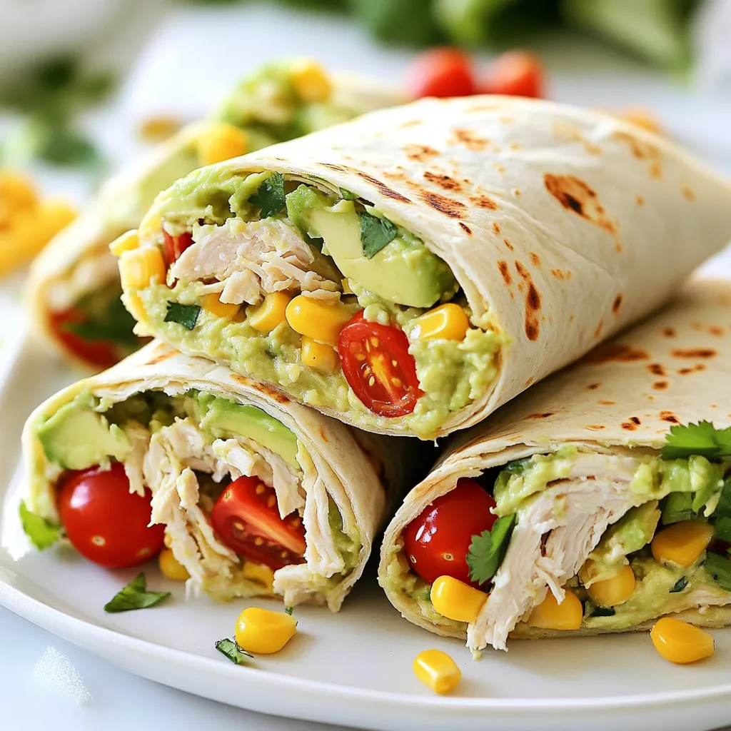 - 2 cups cooked chicken breast, shredded - 1 ripe avocado, mashed - 1/2 cup ranch dressing - 1 cup cherry tomatoes, halved - 1/2 cup shredded lettuce - 1/4 cup corn (canned or cooked) - 1/4 cup red onion, finely chopped - 1 teaspoon lime juice - 4 large flour tortillas or wraps - Salt and pepper to taste - Optional: cilantro for garnish Fresh ingredients make the dish taste great. Look for ripe avocados that feel soft when you press them gently. Choose vibrant cherry tomatoes that are firm and shiny. For lettuce, pick leaves that are crisp and bright green. Use freshly cooked chicken for the best flavor. You can swap some ingredients based on what you have. Instead of chicken, try turkey or tofu for a different protein. If you do not have ranch dressing, use Greek yogurt mixed with herbs. You can also replace corn with black beans for a twist. If you want a little heat, add sliced jalapeños. {{ingredient_image_1}} 1. First, grab a large bowl. Add the shredded chicken, mashed avocado, ranch dressing, lime juice, salt, and pepper. Mix these well until they are combined. This blend creates a creamy base for your wrap. 2. Next, add halved cherry tomatoes, shredded lettuce, corn, and red onion. Gently fold these in. Be careful not to mash the tomatoes. You want the fresh bites in your wrap. 3. Now, lay a tortilla flat on your clean surface. Spoon a good amount of the chicken mixture into the center. Leave about an inch of space at the edges. This space helps with wrapping. 1. To wrap neatly, fold the sides of the tortilla inward first. 2. Then, start rolling the wrap tightly from the bottom up. This keeps all the filling inside. 3. Make sure to repeat these steps with the other tortillas. If you have trouble, practice makes perfect! 1. For a crispy finish, heat a skillet over medium heat. 2. Place the wrapped tortillas in the skillet. Toast them for 2-3 minutes on each side. You want them golden brown and warm. 3. After toasting, slice each wrap in half diagonally. This makes them easy to eat. Serve them right away, and enjoy the fresh flavors! To pick the best avocados, look for ones that feel soft but not mushy. Gently press the skin. If it gives a little, it's ripe and ready to eat. Avoid any that have dark spots or wrinkles. Those signs mean the avocado is overripe. Store unripe avocados at room temperature until they soften. Once ripe, keep them in the fridge to slow down the ripening process. For easy shredding, use cooked chicken that's warm. This makes the meat easier to pull apart. You can use a fork or your hands. For a faster method, try using a stand mixer with a paddle attachment. Just mix on low speed for a few seconds. This will shred the chicken in no time. Make sure to remove any bones or skin before shredding. To amp up the taste of your wraps, try adding spices or herbs. A pinch of cumin or paprika adds warmth. Chopped fresh cilantro or parsley gives a fresh kick. For a bit of heat, add diced jalapeños or a splash of hot sauce. You can also mix in some lime zest for extra brightness. Don’t be afraid to get creative! Pro Tips Use Cooked Chicken: For a quicker preparation, use store-bought rotisserie chicken or leftover cooked chicken. Customize Your Veggies: Feel free to add other vegetables like bell peppers or cucumbers for extra crunch and flavor. Avocado Ripeness: Ensure your avocado is ripe for the best creamy texture; it should yield slightly to pressure when gently squeezed. Serving Suggestions: Pair these wraps with a side of tortilla chips and salsa for a complete meal. {{image_2}} You can switch up the protein in your wraps. Try using turkey, beef, or shrimp. You can also use tofu for a healthy twist. Each option gives a unique taste and texture. If you want something quick, use rotisserie chicken. It saves time and adds great flavor. For a vegetarian version, skip the chicken. Use black beans or chickpeas instead. They add protein and fiber. You can also add grilled veggies like bell peppers and zucchini. This makes the wraps colorful and tasty. Don't forget to keep the avocado and ranch dressing for creaminess. Feel free to explore different dressings. Ranch is great, but try Caesar or Greek dressing too. You can also mix your own, like yogurt with herbs. For a spicy kick, add hot sauce or jalapeños. Experiment with spices like cumin or paprika for added flavor. Each change can make the wraps exciting and new. To keep your Avocado Ranch Chicken Wraps fresh, store them in the fridge. Use an airtight container to avoid moisture. If you have extra filling, store it separately. This will keep your wraps from getting soggy. Leftovers can stay good for up to three days. Always check for freshness before eating. If you want to freeze your wraps, wrap each one in plastic wrap. Then, place them in a freezer-safe bag. They can last up to three months in the freezer. When you are ready to eat, take them out and thaw in the fridge overnight. You can also freeze the filling separately if you prefer. To reheat your wraps, use a skillet on medium heat. Heat for about 2-3 minutes on each side. This will make them crispy again. You can also use a microwave for a faster option. Just place the wrap on a microwave-safe plate and heat for 30-60 seconds. If you use the microwave, know that the wrap may become soft. Enjoy your meal! Yes, you can prepare these wraps ahead of time. To keep them fresh, wrap each one tightly in plastic wrap. Store them in the fridge for up to a day. This makes them great for lunches or picnics. Just remember to add the avocado and ranch mixture just before serving to keep the wraps fresh and tasty. You can serve these wraps with a variety of sides. Here are a few ideas: - Fresh fruit salad: This adds a sweet touch. - Chips and salsa: A crunchy and spicy option. - Vegetable sticks: Carrots or celery with dip are great choices. - A light salad: A simple green salad pairs well. These sides will complement your wraps and make a full meal. The wraps can last in the fridge for about 2-3 days. However, the fresher, the better. The ingredients may lose their crunch over time. If you see any browning on the avocado, it is best to eat it sooner. Always check for freshness before eating. We've explored the big picture of making Avocado Ranch Chicken Wraps. First, we covered the key ingredients and how to pick fresh ones. Then, I shared simple steps for preparation and tips for wrapping and cooking. We talked about variations and how to make these wraps fit your taste. Lastly, I gave advice on storing leftovers and reheating them. Enjoy making your wraps with ease. With this guide, you’ll create great meals. Happy cooking!