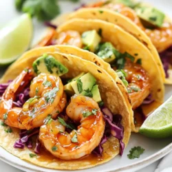To make my Honey Lime Shrimp Tacos, you need the following main ingredients: - 1 lb large shrimp, peeled and deveined - 2 tablespoons honey - 2 tablespoons fresh lime juice - 1 teaspoon lime zest - 2 cloves garlic, minced - 1 teaspoon chili powder - Salt and pepper to taste - 8 small corn tortillas - 1 cup red cabbage, finely shredded - 1 avocado, sliced - Fresh cilantro, for garnish - Lime wedges, for serving These ingredients create a fresh and tasty taco. The shrimp soak up the sweet and tangy flavors from the honey and lime. You can top your tacos with extra ingredients for more flavor. Some great options include: - Diced tomatoes - Sliced jalapeños - Crumbled feta cheese - Sour cream or Greek yogurt Feel free to mix and match these toppings. They can add a fun twist to your meal. To make these tacos, you need a few simple kitchen tools: - A mixing bowl for the marinade - A whisk to mix the marinade - A skillet for cooking the shrimp - A spatula to flip the shrimp - A knife and cutting board for chopping toppings Having these tools on hand makes cooking easier and more fun. {{ingredient_image_1}} First, grab a bowl. Whisk together 2 tablespoons of honey and 2 tablespoons of fresh lime juice. Add 1 teaspoon of lime zest for a zesty kick. Then, mince 2 cloves of garlic and toss them in. Sprinkle in 1 teaspoon of chili powder, along with salt and pepper to taste. This mixture creates a sweet and tangy marinade that makes your shrimp sing. Now, take 1 pound of large shrimp, peeled and deveined. Place them in the bowl with the marinade. Use your hands to toss the shrimp well, ensuring they are fully coated. Let them rest for at least 15 to 20 minutes. If you have time, marinate them for up to 1 hour for even more flavor. Heat a skillet over medium-high heat. Once hot, add the marinated shrimp in a single layer. Cook for 2 to 3 minutes on each side. Watch for the shrimp to turn pink and opaque. This means they are ready to enjoy. While the shrimp cook, warm 8 small corn tortillas in another skillet or microwave. They should be soft and pliable. When the shrimp are done, assemble your tacos. Place a few shrimp on each tortilla, and add your favorite toppings. Enjoy this fresh and flavorful dish! To cook shrimp just right, start with fresh shrimp. They should be firm and pink. Remove the shells and devein them for the best taste. Heat a skillet to medium-high heat. Add the marinated shrimp directly to the hot skillet. Cook them for 2-3 minutes on each side. The shrimp are done when they turn pink and opaque. Don't overcook them, or they will become rubbery. Warm your corn tortillas right before serving. You can do this in a skillet or microwave. If using a skillet, heat it on medium. Place a tortilla in the skillet for about 30 seconds. Flip it and heat for another 30 seconds. This makes the tortilla soft and easy to fold. If using a microwave, wrap the tortillas in a damp paper towel. Heat them for about 20 seconds. To boost flavor, add lime zest to your marinade. This gives a fresh, zesty kick. Consider adding chopped jalapeños for a spicy touch. Fresh cilantro adds a bright flavor and looks nice too. A squeeze of lime over the assembled tacos adds a nice finish. You can also top with salsa for extra flavor and texture. Enjoy experimenting with these ideas! Pro Tips Marinate for Maximum Flavor: Allow the shrimp to marinate for at least 30 minutes to enhance the flavor profile. The longer they sit, the more the flavors will infuse. Use Fresh Ingredients: For the best taste, use fresh lime juice and zest. Fresh ingredients elevate the entire dish and provide a vibrant flavor. Perfectly Cooked Shrimp: Avoid overcooking the shrimp. They should turn pink and opaque, which usually takes about 2-3 minutes per side on medium-high heat. Customize Your Toppings: Feel free to add your favorite toppings such as diced tomatoes, jalapeños, or a drizzle of chipotle sauce for extra flavor and texture. {{image_2}} You can swap shrimp for other proteins. Chicken works great. You can also use firm fish, like tilapia or cod. For a meatier taste, try pork. Just adjust cooking times to ensure everything is cooked through. The marinade will still add that sweet and tangy flavor. For a vegetarian option, use grilled tofu or portobello mushrooms. They soak up the marinade well. If you want a vegan dish, chickpeas can be a fun choice. You can roast them for crunch. Both options give you great texture and flavor. Want to change the flavors? You can add spices to the marinade. For a kick, mix in jalapeños or cayenne pepper. If you like sweet, try adding mango or pineapple. These fruits pair well with the honey and lime. You can also play with herbs. Try basil or mint for a fresh twist. Each change brings a new taste experience. To store leftover tacos, place them in an airtight container. Keep the shrimp, tortillas, and toppings separate. This helps maintain freshness. Store in the fridge for up to two days. When you are ready to enjoy your leftovers, reheat the shrimp in a skillet. Heat on medium for about two minutes until warm. Avoid overcooking, as this makes shrimp tough. Warm the tortillas in a microwave or skillet for about 20 seconds. You can freeze the shrimp for later use. Place the marinated shrimp in a freezer bag. Remove as much air as possible before sealing. Freeze for up to three months. When ready to use, thaw in the fridge overnight. Cook them fresh for the best taste. Yes, you can prepare some parts in advance. You can marinate the shrimp a few hours before cooking. This helps the shrimp soak up the honey and lime flavors. Just keep the shrimp in the fridge until you're ready to cook. You can also warm the tortillas in advance and store them in a towel to keep them soft. However, I recommend assembling the tacos just before serving. This keeps everything fresh and tasty. I love to serve these tacos with a side of black beans or corn salad. They add color and flavor. You can also make a simple salsa with tomatoes, onions, and cilantro. Guacamole pairs well too, adding creaminess to balance the flavors. Don't forget lime wedges to squeeze over the tacos. The extra lime juice boosts the taste! Honey Lime Shrimp Tacos have a mild spice level. The chili powder adds a light kick, but it’s not overpowering. If you like more heat, you can add jalapeños or a hot sauce. For those who prefer less spice, you can cut back on the chili powder. The honey and lime balance the heat, making these tacos enjoyable for everyone. Honey lime shrimp tacos combine fresh flavors and easy prep. We explored main ingredients, optional toppings, and essential kitchen tools. You learned step-by-step instructions for marinade and cooking. Tips on perfect shrimp cooking and tortilla prep can boost your meal. Variations allow you to switch proteins or go vegetarian. Proper storage keeps leftovers tasty, and reheating tips save time. Enjoy making new taco creations with friends and family. Happy cooking!