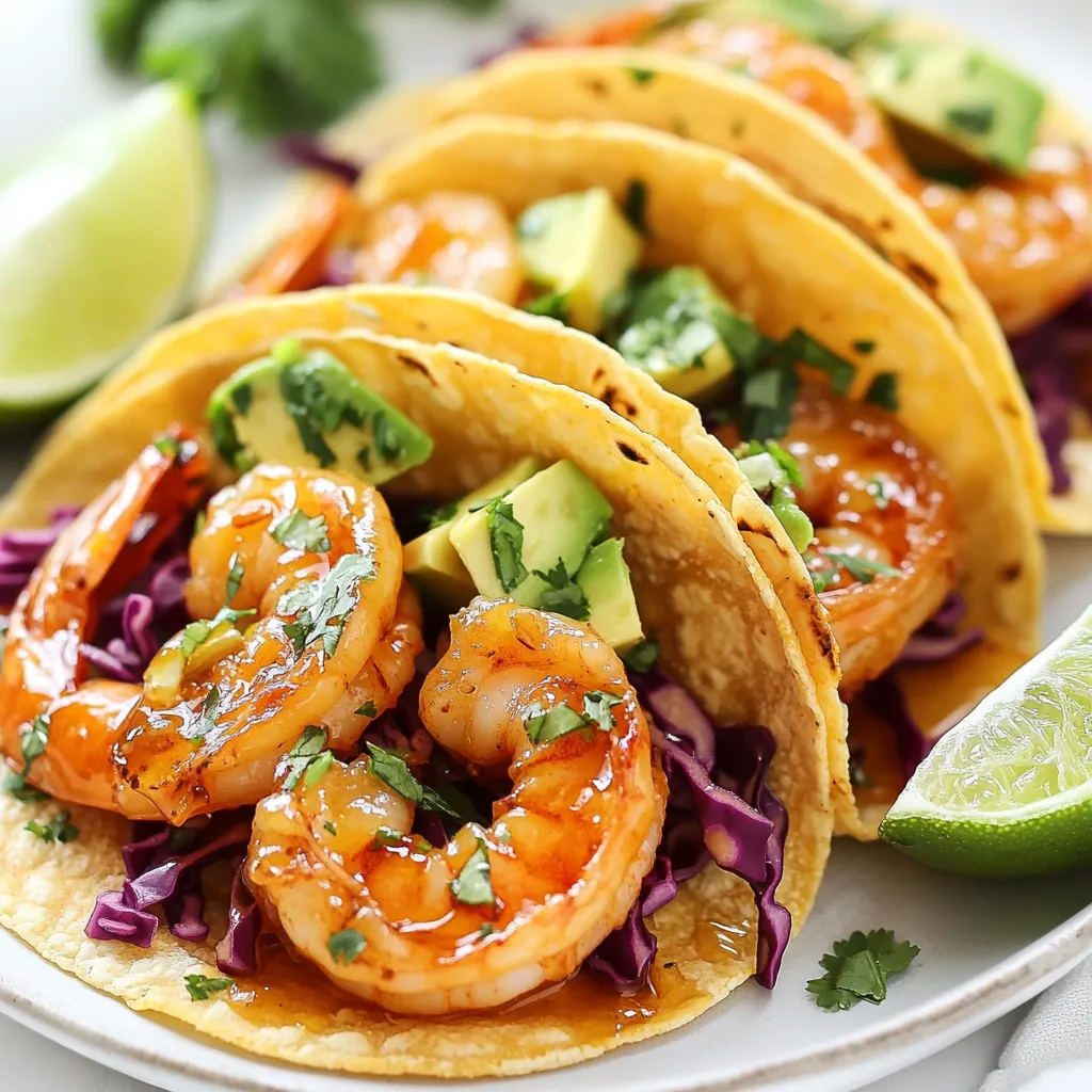 To make my Honey Lime Shrimp Tacos, you need the following main ingredients: - 1 lb large shrimp, peeled and deveined - 2 tablespoons honey - 2 tablespoons fresh lime juice - 1 teaspoon lime zest - 2 cloves garlic, minced - 1 teaspoon chili powder - Salt and pepper to taste - 8 small corn tortillas - 1 cup red cabbage, finely shredded - 1 avocado, sliced - Fresh cilantro, for garnish - Lime wedges, for serving These ingredients create a fresh and tasty taco. The shrimp soak up the sweet and tangy flavors from the honey and lime. You can top your tacos with extra ingredients for more flavor. Some great options include: - Diced tomatoes - Sliced jalapeños - Crumbled feta cheese - Sour cream or Greek yogurt Feel free to mix and match these toppings. They can add a fun twist to your meal. To make these tacos, you need a few simple kitchen tools: - A mixing bowl for the marinade - A whisk to mix the marinade - A skillet for cooking the shrimp - A spatula to flip the shrimp - A knife and cutting board for chopping toppings Having these tools on hand makes cooking easier and more fun. {{ingredient_image_1}} First, grab a bowl. Whisk together 2 tablespoons of honey and 2 tablespoons of fresh lime juice. Add 1 teaspoon of lime zest for a zesty kick. Then, mince 2 cloves of garlic and toss them in. Sprinkle in 1 teaspoon of chili powder, along with salt and pepper to taste. This mixture creates a sweet and tangy marinade that makes your shrimp sing. Now, take 1 pound of large shrimp, peeled and deveined. Place them in the bowl with the marinade. Use your hands to toss the shrimp well, ensuring they are fully coated. Let them rest for at least 15 to 20 minutes. If you have time, marinate them for up to 1 hour for even more flavor. Heat a skillet over medium-high heat. Once hot, add the marinated shrimp in a single layer. Cook for 2 to 3 minutes on each side. Watch for the shrimp to turn pink and opaque. This means they are ready to enjoy. While the shrimp cook, warm 8 small corn tortillas in another skillet or microwave. They should be soft and pliable. When the shrimp are done, assemble your tacos. Place a few shrimp on each tortilla, and add your favorite toppings. Enjoy this fresh and flavorful dish! To cook shrimp just right, start with fresh shrimp. They should be firm and pink. Remove the shells and devein them for the best taste. Heat a skillet to medium-high heat. Add the marinated shrimp directly to the hot skillet. Cook them for 2-3 minutes on each side. The shrimp are done when they turn pink and opaque. Don't overcook them, or they will become rubbery. Warm your corn tortillas right before serving. You can do this in a skillet or microwave. If using a skillet, heat it on medium. Place a tortilla in the skillet for about 30 seconds. Flip it and heat for another 30 seconds. This makes the tortilla soft and easy to fold. If using a microwave, wrap the tortillas in a damp paper towel. Heat them for about 20 seconds. To boost flavor, add lime zest to your marinade. This gives a fresh, zesty kick. Consider adding chopped jalapeños for a spicy touch. Fresh cilantro adds a bright flavor and looks nice too. A squeeze of lime over the assembled tacos adds a nice finish. You can also top with salsa for extra flavor and texture. Enjoy experimenting with these ideas! Pro Tips Marinate for Maximum Flavor: Allow the shrimp to marinate for at least 30 minutes to enhance the flavor profile. The longer they sit, the more the flavors will infuse. Use Fresh Ingredients: For the best taste, use fresh lime juice and zest. Fresh ingredients elevate the entire dish and provide a vibrant flavor. Perfectly Cooked Shrimp: Avoid overcooking the shrimp. They should turn pink and opaque, which usually takes about 2-3 minutes per side on medium-high heat. Customize Your Toppings: Feel free to add your favorite toppings such as diced tomatoes, jalapeños, or a drizzle of chipotle sauce for extra flavor and texture. {{image_2}} You can swap shrimp for other proteins. Chicken works great. You can also use firm fish, like tilapia or cod. For a meatier taste, try pork. Just adjust cooking times to ensure everything is cooked through. The marinade will still add that sweet and tangy flavor. For a vegetarian option, use grilled tofu or portobello mushrooms. They soak up the marinade well. If you want a vegan dish, chickpeas can be a fun choice. You can roast them for crunch. Both options give you great texture and flavor. Want to change the flavors? You can add spices to the marinade. For a kick, mix in jalapeños or cayenne pepper. If you like sweet, try adding mango or pineapple. These fruits pair well with the honey and lime. You can also play with herbs. Try basil or mint for a fresh twist. Each change brings a new taste experience. To store leftover tacos, place them in an airtight container. Keep the shrimp, tortillas, and toppings separate. This helps maintain freshness. Store in the fridge for up to two days. When you are ready to enjoy your leftovers, reheat the shrimp in a skillet. Heat on medium for about two minutes until warm. Avoid overcooking, as this makes shrimp tough. Warm the tortillas in a microwave or skillet for about 20 seconds. You can freeze the shrimp for later use. Place the marinated shrimp in a freezer bag. Remove as much air as possible before sealing. Freeze for up to three months. When ready to use, thaw in the fridge overnight. Cook them fresh for the best taste. Yes, you can prepare some parts in advance. You can marinate the shrimp a few hours before cooking. This helps the shrimp soak up the honey and lime flavors. Just keep the shrimp in the fridge until you're ready to cook. You can also warm the tortillas in advance and store them in a towel to keep them soft. However, I recommend assembling the tacos just before serving. This keeps everything fresh and tasty. I love to serve these tacos with a side of black beans or corn salad. They add color and flavor. You can also make a simple salsa with tomatoes, onions, and cilantro. Guacamole pairs well too, adding creaminess to balance the flavors. Don't forget lime wedges to squeeze over the tacos. The extra lime juice boosts the taste! Honey Lime Shrimp Tacos have a mild spice level. The chili powder adds a light kick, but it’s not overpowering. If you like more heat, you can add jalapeños or a hot sauce. For those who prefer less spice, you can cut back on the chili powder. The honey and lime balance the heat, making these tacos enjoyable for everyone. Honey lime shrimp tacos combine fresh flavors and easy prep. We explored main ingredients, optional toppings, and essential kitchen tools. You learned step-by-step instructions for marinade and cooking. Tips on perfect shrimp cooking and tortilla prep can boost your meal. Variations allow you to switch proteins or go vegetarian. Proper storage keeps leftovers tasty, and reheating tips save time. Enjoy making new taco creations with friends and family. Happy cooking!
