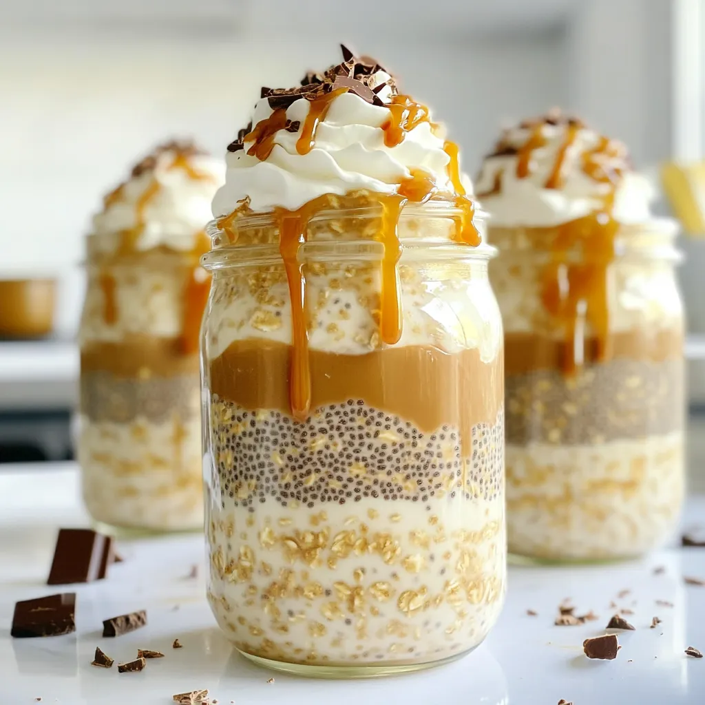 - 1 cup rolled oats - 1 cup unsweetened almond milk (or any milk of choice) - 1 tablespoon chia seeds For this recipe, rolled oats form the base. They soak up the milk and coffee to create a creamy texture. I love using unsweetened almond milk, but you can use any milk you prefer. Chia seeds add a nice boost of fiber and help thicken the mixture. - 2 tablespoons coffee, cooled - 2 tablespoons caramel sauce (plus extra for drizzling) - 1 tablespoon maple syrup (optional, for sweetness) Coffee gives these oats a rich, bold flavor. Make sure it cools before mixing. The caramel sauce adds sweetness and a lovely golden hue. If you want more sweetness, maple syrup can be added too. - 1/2 teaspoon vanilla extract - Pinch of salt - Optional toppings (whipped cream, chocolate shavings, cocoa powder) A touch of vanilla extract rounds out the flavors nicely. Just a pinch of salt helps balance the sweetness. For an extra treat, consider topping your oats with whipped cream, chocolate shavings, or a sprinkle of cocoa powder. These options make your breakfast feel like dessert! - First, take a large mixing bowl. - Combine 1 cup of rolled oats and 1 tablespoon of chia seeds. - Then, add 1 cup of unsweetened almond milk. - Pour in 2 tablespoons of cooled coffee and 2 tablespoons of caramel sauce. - If you want it sweeter, add 1 tablespoon of maple syrup. - Include 1/2 teaspoon of vanilla extract and a pinch of salt. - Mix everything well. Ensure the oats get coated with the liquid. - Next, divide the mixture into mason jars. - Make sure to fill the jars evenly. - Seal the jars tightly to keep the oats fresh. - Place the jars in the fridge overnight. - This chilling time helps the oats soak up the liquid. - For the best texture, let them sit for at least 4 hours. - In the morning, stir the oats. If they seem too thick, add a splash of milk. Soaking oats is key. It helps them absorb the liquid and become soft. Ideally, let your oats soak overnight. This gives them time to thicken and develop flavor. You can adjust the sweetness of your oats. If you like them sweeter, add more maple syrup. Taste the mix before refrigerating. This way, you can find your perfect balance. Present your oats in clear jars. This highlights the beautiful layers of oats and toppings. For a tasty touch, drizzle extra caramel on top. It makes the dish look inviting and delicious. Each recipe yields two servings. If you want to make more, just double the ingredients. This way, you have breakfast ready for the week. Toppings can elevate your oats. Consider adding fresh fruits like bananas or berries. They add color and more flavor. Spices can also bring out new tastes. A pinch of cinnamon or nutmeg can add warmth and depth. Experiment with these for a twist on your classic oats. {{image_2}} You can change the flavor of your Caramel Macchiato Overnight Oats with different types of milk. Try using coconut milk for a tropical twist. Almond milk gives a nutty flavor while cow's milk offers creaminess. Each choice adds a unique taste. You can also switch up your sweeteners. Instead of maple syrup, try honey or agave syrup. Each option brings its own sweetness and flavor profile to the dish. Experiment to find your favorite combination. If you follow a vegan diet, use plant-based milk and ensure your caramel sauce is dairy-free. You can easily make your oats gluten-free by checking the oat package. Ensure they are labeled gluten-free. For lower sugar content, skip the maple syrup. You can also use less caramel sauce or a sugar substitute. This way, you enjoy your oats without extra sugar. Adding fruits can make your overnight oats even better. In summer, mix in berries like strawberries or blueberries. Bananas are great all year round. They add sweetness and a nice texture. You can also play with seasonal flavors. In fall, add pumpkin spice for a cozy taste. In winter, cinnamon can warm up your morning. Let your oats reflect the seasons! You can store your Caramel Macchiato Overnight Oats in the fridge for up to five days. This gives you plenty of time to enjoy them. Use airtight containers or mason jars for the best results. These containers keep the flavors fresh and prevent spills. Yes, you can freeze Overnight Oats! This is great for meal prep. To freeze, divide the mixture into freezer-safe containers. Leave some space at the top, as the oats will expand. When you are ready to enjoy, thaw them in the fridge overnight. You can also microwave them for a quick reheat. Just add a splash of milk for a creamy texture. If your oats seem thick after sitting, add a little milk to adjust the texture. Stir well to mix everything together. Always check for signs of spoilage. If the oats smell sour or have a strange texture, it’s best to toss them. Keeping an eye on your oats helps ensure they stay tasty and safe to eat. Overnight oats are a no-cook way to make oatmeal. You mix rolled oats with liquid and let them sit overnight. This method softens the oats, making them creamy and easy to digest. They are quick to prepare and perfect for busy mornings. You can make many flavors, like caramel macchiato, for a tasty breakfast. They are also healthy. Oats provide fiber, which helps digestion and keeps you full longer. Yes, but there are some differences. Instant oats cook faster and become mushy. Rolled oats have a chewier texture and hold their shape better. If you use instant oats, your overnight oats may not have the same creaminess. Rolled oats soak up the liquid well, giving you a thicker base. If you prefer a smooth texture, instant oats can work, but I suggest sticking to rolled oats for the best results. You can personalize your oats in many ways. Here are some tips: - Sweetness: Adjust the maple syrup to your taste. Add more for a sweeter dish. - Milk: Use any milk you like, such as coconut or oat milk. - Toppings: Try adding fresh fruit, nuts, or seeds on top. - Flavor: Add spices like cinnamon or nutmeg for extra flavor. Feel free to experiment until you find your perfect mix! In this blog post, we explored the basics of making Caramel Macchiato Overnight Oats. I shared key ingredients like rolled oats and chia seeds. You learned about flavor enhancers and how to adjust sweetness. The steps laid out helped you mix, store, and chill your oats for the best texture. Remember, small tweaks can customize your oats for any season or dietary need. Now, it’s time to enjoy your tasty creation!