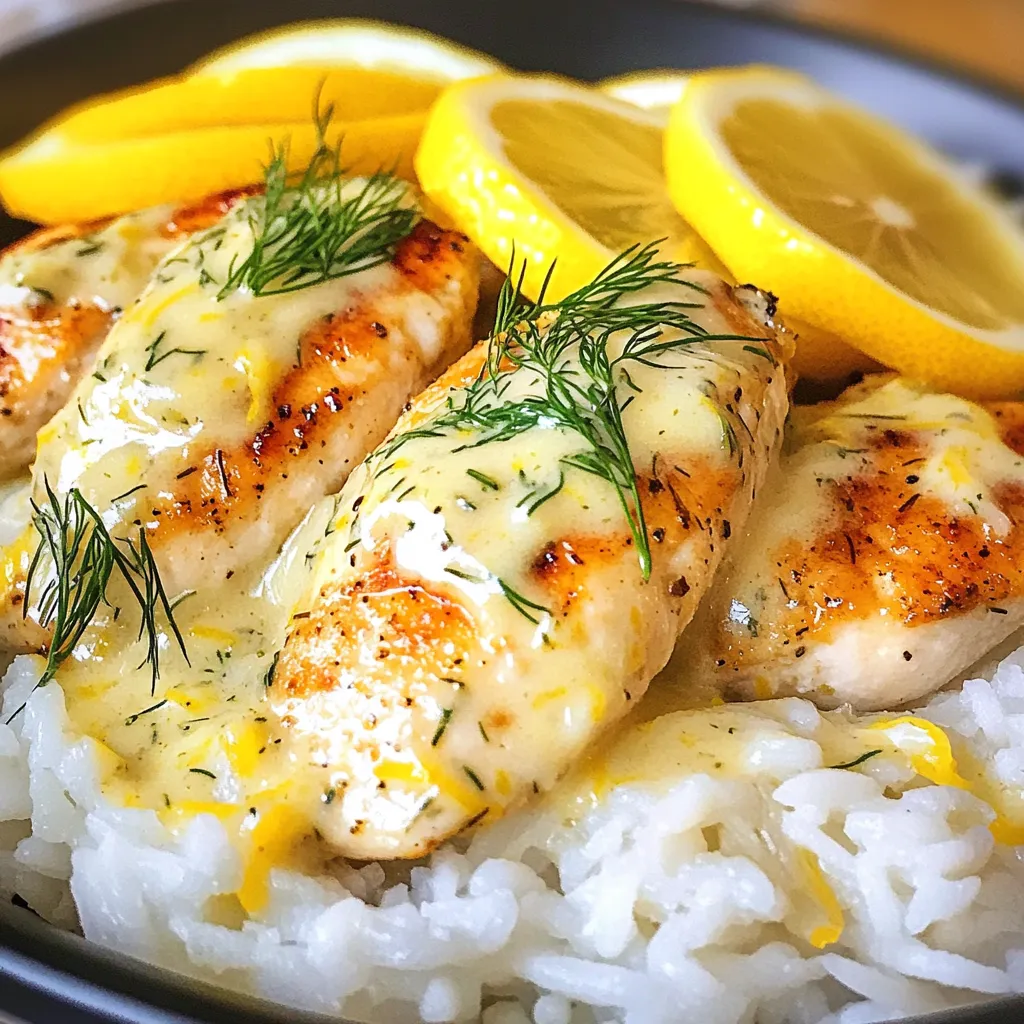 To make creamy lemon dill chicken, gather these items: - 4 boneless, skinless chicken breasts - 1 tablespoon olive oil - 1 teaspoon garlic powder - Salt and pepper to taste - 1 cup chicken broth - 1 cup heavy cream - Zest of 1 lemon - Juice of 1 lemon - 2 tablespoons fresh dill, chopped - 1 tablespoon Dijon mustard - 1 teaspoon cornstarch (optional, for thickening) Here are some handy conversions: - 1 tablespoon = 3 teaspoons - 1 cup = 8 fluid ounces - 1 teaspoon = 5 milliliters - 1 ounce = 28 grams These measurements help you keep it precise. If you lack an ingredient, here are some swaps: - Use chicken thighs instead of breasts for more flavor. - Swap olive oil with butter for a richer taste. - Heavy cream can be replaced with sour cream for tang. - Use dried dill if fresh is not available; use 1 teaspoon. - For a lighter sauce, try half-and-half in place of cream. These substitutes make it easy to cook with what you have! {{ingredient_image_1}} 1. First, take the chicken breasts. Season both sides with garlic powder, salt, and pepper. This adds flavor. 2. Next, heat olive oil in a large skillet over medium-high heat. Wait until the oil is hot. 3. Add the seasoned chicken breasts to the skillet. Cook for 6-7 minutes on each side. Look for a golden brown color. 4. Once cooked, remove the chicken from the skillet. Set it aside on a plate. 5. In the same skillet, pour in the chicken broth. Scrape any browned bits from the bottom. This adds flavor. 6. Bring the broth to a simmer. Then, reduce the heat to low. 7. Stir in heavy cream, lemon zest, lemon juice, chopped dill, and Dijon mustard. Mix well. 8. Let this simmer for 3-4 minutes. The sauce should be creamy and fragrant. 9. If you want a thicker sauce, mix cornstarch with cold water until smooth. Stir it into the sauce. 10. Let it cook for another minute until it thickens. 11. Return the chicken to the skillet. Spoon some sauce over the top. 12. Cook for an additional 2-3 minutes. This warms everything through. 13. Finally, serve the chicken hot. Drizzle the creamy lemon dill sauce over it. - Seasoning the chicken: 2 minutes - Cooking chicken: 12-14 minutes - Preparing the sauce: 8-10 minutes - Final warming: 2-3 minutes - Total cooking time: about 30 minutes - Use a meat thermometer to check the chicken. It should reach 165°F (75°C). - Look for the chicken to be golden brown. - The juices should run clear when you cut into it. If they are pink, keep cooking. - Let the chicken rest for a few minutes before serving. This keeps it juicy. To get the creamiest sauce, use heavy cream. It adds rich flavor and smooth texture. Combine the cream with lemon zest and juice for brightness. Simmer the sauce gently. Avoid boiling it to keep it smooth. If you want it thicker, mix cornstarch with cold water first. Then stir it in and cook for a minute. Cook your chicken breasts over medium-high heat. This helps them brown nicely. Don’t crowd the pan; give each piece space. Flip them after 6-7 minutes when they are golden. Always check the internal temperature. It should reach 165°F. This ensures your chicken is safe to eat. Try adding a pinch of red pepper flakes for heat. A splash of white wine can deepen the flavor. Fresh herbs like parsley or tarragon work well, too. You can even swap dill for basil for a different twist. Experiment with these ideas to find your favorite taste. Pro Tips Perfectly Cooked Chicken: Use an instant-read thermometer to check that the chicken reaches an internal temperature of 165°F (75°C) for safe consumption. Enhance Flavor: Marinate the chicken in lemon juice and dill for at least 30 minutes before cooking to deepen the flavors. Thickening the Sauce: If using cornstarch to thicken the sauce, ensure to mix it with cold water first to avoid lumps in your creamy sauce. Serving Suggestion: Pair the dish with a side of roasted vegetables or a fresh salad to balance the richness of the creamy sauce. {{image_2}} You can change the flavor of the sauce easily. Fresh parsley adds a bright touch. Thyme gives a warm, earthy taste. If you like a kick, try adding red pepper flakes. Basil works well too, bringing a sweet note. Experiment with your favorite herbs to find what you like best. If you want a different protein, salmon is an excellent choice. Cook it just like the chicken. The creamy sauce pairs well with the fish's rich taste. For a plant-based option, try tofu. Press and cube the tofu, then cook until golden. This gives a great texture and absorbs the sauce flavors. Serve this dish with rice or mashed potatoes for comfort. Steamed veggies like broccoli or green beans add color and nutrition. You can also serve it with a fresh salad. A light lemon vinaigrette would match well. For a fun twist, serve it in lettuce wraps or as a sandwich on crusty bread. To keep your creamy lemon dill chicken fresh, store it in the fridge. Place the chicken in an airtight container. Make sure the sauce covers the chicken well. This will keep it moist. It lasts for about 3 to 4 days in the fridge. When you're ready to eat leftovers, reheat gently. You can use a skillet or microwave. If using a skillet, add a splash of chicken broth to the pan. Warm it on low heat until hot. Stir occasionally to avoid burning. In the microwave, heat in short bursts, stirring in between. This helps the sauce stay creamy. You can freeze creamy lemon dill chicken for later. First, let it cool completely. Then, transfer it to a freezer-safe container. It can last up to 2 to 3 months in the freezer. When you’re ready to enjoy it, thaw it in the fridge overnight. Reheat it as described earlier. This way, you still get that fresh flavor! Yes, you can make this dish ahead of time. Cook the chicken and sauce as directed. Let it cool down, then store it in an airtight container. You can keep it in the fridge for up to three days. When you are ready to eat, reheat it in a pan over low heat. This will help keep the sauce creamy and delicious. Creamy Lemon Dill Chicken goes well with many sides. Here are some great options: - Steamed rice - Buttery mashed potatoes - Roasted vegetables - A fresh green salad These sides balance the rich sauce and add color to your plate. To make more servings, simply multiply the ingredients. For example, if you want to serve eight people, use eight chicken breasts, double the sauce ingredients, and adjust the seasonings. Make sure your skillet is large enough to cook everything evenly. You can also cook in batches if needed. You learned how to make Creamy Lemon Dill Chicken from this guide. We covered ingredients, cooking steps, and special tips to enhance your dish. You now know how to store leftovers and handle common questions. Try different herbs or proteins to make it your own. Use this recipe as a base to explore flavors. Cooking can be fun and easy with these simple steps. Enjoy making delicious meals that impress and satisfy everyone at your table.
