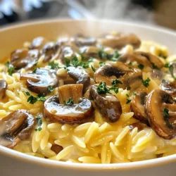To make Creamy Garlic Mushroom Orzo, you need: - 1 cup orzo pasta - 2 tablespoons olive oil - 1 medium onion, finely chopped - 3 cloves garlic, minced - 8 ounces mushrooms, sliced (preferably cremini or button) - 3 cups vegetable broth - 1 cup heavy cream (or coconut milk for a lighter option) - 1/2 cup grated Parmesan cheese (or nutritional yeast for a vegan option) - Salt and pepper to taste - Fresh parsley, chopped (for garnish) If you want a lighter dish, use coconut milk instead of heavy cream. For a vegan twist, swap Parmesan cheese with nutritional yeast. You can also use gluten-free orzo if needed. This makes the dish friendly for many diets. I always prefer fresh ingredients for this recipe. Fresh garlic and onions give more flavor. Fresh mushrooms add a wonderful texture. However, dried herbs can work if fresh isn’t available. Just use less since dried herbs are stronger. Enjoy the vibrant tastes of this dish! {{ingredient_image_1}} 1. Start by heating 2 tablespoons of olive oil in a large skillet over medium heat. 2. Add 1 medium onion, finely chopped, and sauté it until it is soft. This takes about 3-4 minutes. 3. Next, add 3 minced garlic cloves. Cook for about 1 minute until you smell the garlic. 4. Now, stir in 8 ounces of sliced mushrooms. Cook them until they turn golden brown. This takes about 5-7 minutes. 5. Add 1 cup of orzo pasta to the skillet. Stir well to mix it with the onions and mushrooms. Toast the orzo for about 1 minute. 6. Gradually pour in 3 cups of vegetable broth. Keep stirring as the broth heats up. 7. Once it boils, lower the heat and cover the skillet. Let it simmer for 10-12 minutes. The orzo should be soft and most of the liquid absorbed. 8. After cooking, stir in 1 cup of heavy cream and 1/2 cup of grated Parmesan cheese. Add salt and pepper to taste. 9. Cook on low for another 3-4 minutes until everything is creamy and warm. 10. Finally, remove from heat and sprinkle with fresh parsley before serving. - Timing is key. Keep an eye on the orzo while it simmers. Stir occasionally to prevent sticking. - Use a lid to trap steam. This helps the orzo cook evenly and absorb the broth well. - Taste as you go. Adjust salt and pepper based on your preference. This recipe serves four, but you can easily adjust it. - To serve two, use half the ingredients. - To serve six, simply increase all ingredients by 1.5 times. - Keep in mind that cooking time may change slightly with larger batches. Always check for doneness. To get that rich, creamy texture, you need two key ingredients: heavy cream and Parmesan cheese. After cooking the orzo, stir in the heavy cream slowly. This helps it blend well. The cheese adds depth. If you want a lighter version, use coconut milk instead. It still tastes great! Keep an eye on the orzo while it cooks. Stir it often to prevent sticking. Start testing it around the 10-minute mark. It should be soft but still a bit firm. If it cooks too long, it can turn mushy. No one wants that in their dish! Want to elevate your orzo? Try adding fresh herbs like thyme or basil. They bring a nice aroma. You can also add a squeeze of lemon for brightness. For a kick, sprinkle in some red pepper flakes. These simple tweaks can transform your meal into something special. Pro Tips Use Fresh Ingredients: Fresh garlic, onions, and mushrooms will enhance the flavor of your dish significantly. Opt for seasonal produce when possible. Don't Overcook the Orzo: Keep an eye on the orzo while it simmers. It should be al dente, as it will continue to cook slightly after being removed from heat. Adjust Creaminess: If you prefer a lighter dish, feel free to substitute half of the heavy cream with more vegetable broth or use coconut milk for a lighter, dairy-free option. Garnish for Flavor: Fresh parsley not only adds color but also a fresh flavor. Consider adding a squeeze of lemon juice for a bright finish. {{image_2}} You can easily make this dish vegetarian or vegan. For a vegan option, swap heavy cream for coconut milk. Coconut milk adds creaminess without dairy. Use nutritional yeast instead of Parmesan cheese for a cheesy taste. This way, you keep the dish rich and tasty while catering to dietary needs. Feel free to switch out the mushrooms. Cremini and button mushrooms work well, but try shiitake or portobello too. Each type of mushroom gives a unique flavor. You can also change the orzo. Use whole wheat or gluten-free pasta for a different twist. This keeps the dish fresh and exciting. Add seasonal vegetables to brighten up your orzo. In spring, toss in fresh peas or asparagus. In summer, zucchini or bell peppers work great. In fall, consider adding spinach or kale for a hearty touch. Winter calls for root veggies like carrots or butternut squash. This makes your meal colorful and nutritious. To keep your Creamy Garlic Mushroom Orzo fresh, store it in an airtight container. Let the dish cool down before sealing. This prevents moisture build-up, which can make the orzo mushy. For best results, eat the leftovers within three days. When reheating, add a splash of vegetable broth or cream. This helps keep the dish creamy and prevents it from drying out. Heat it on low in a skillet, stirring gently until warm. You can also use the microwave but cover it with a damp paper towel to keep moisture in. You can freeze Creamy Garlic Mushroom Orzo, but it may change texture. To freeze, place it in a freezer-safe container. Make sure to leave space for expansion. When ready to eat, thaw it overnight in the fridge. Reheat it on the stove, adding a bit of liquid to restore creaminess. To make this dish gluten-free, use gluten-free orzo pasta. Many brands offer it now. Always check the label to ensure it meets gluten-free standards. The cooking method stays the same. Your dish will taste just as great. Yes, you can use other types of pasta. Small shapes like ditalini or mini shells work well. Just remember to adjust the cooking time based on the pasta you choose. The creamy sauce will still coat your pasta perfectly. Creamy Garlic Mushroom Orzo pairs well with various sides. You can serve it with a fresh salad or steamed veggies. Grilled chicken or shrimp adds protein and flavor. For a simple touch, a slice of garlic bread works great too. In this post, we explored the key steps to make Creamy Garlic Mushroom Orzo. We covered all the ingredients, including alternatives for diet needs. I shared helpful cooking tips to time your dish right and achieve perfect creaminess. Don't forget the variations, whether for seasons or dietary choices. In my experience, trying new ingredients enhances flavor and keeps meals exciting. Keep these tips in mind for creamy orzo that delights every time.