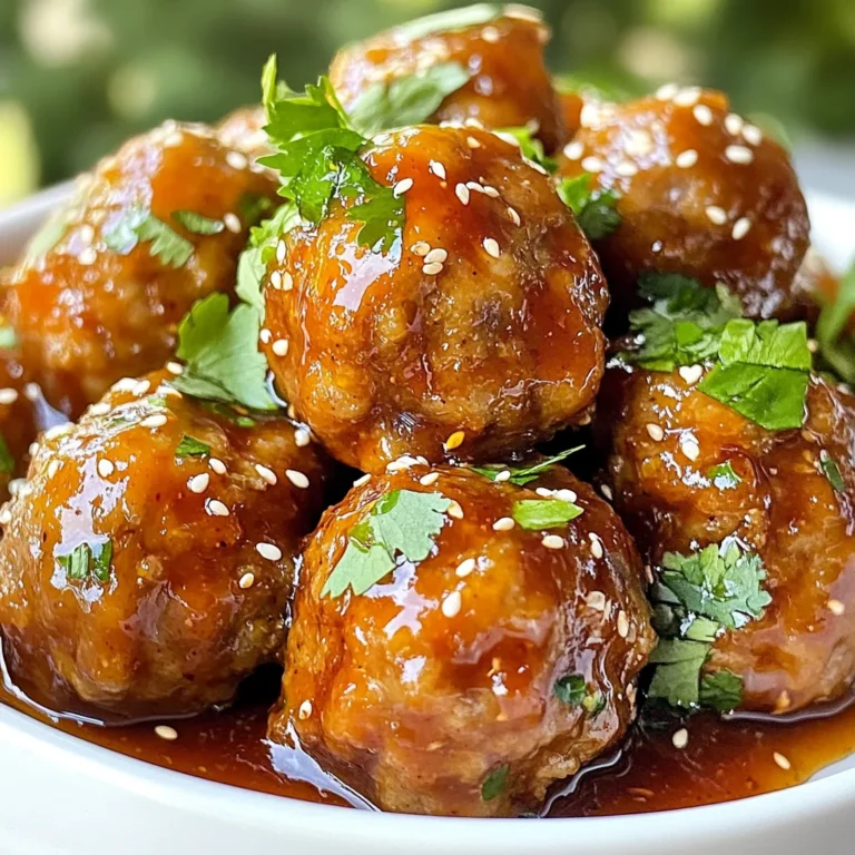 To make sweet chili glazed meatballs, you will need the following main ingredients: - 1 lb ground beef (or chicken) - 1/2 cup breadcrumbs - 1/4 cup finely chopped green onions - 1/4 cup grated Parmesan cheese - 1 large egg - 2 cloves garlic, minced - 1 teaspoon ginger, grated - 1/2 teaspoon salt - 1/2 teaspoon black pepper - 1/2 cup sweet chili sauce - 2 tablespoons soy sauce - 1 tablespoon sesame oil - 1 tablespoon rice vinegar These ingredients come together to create a tasty blend of flavors. The ground beef or chicken serves as the base. The breadcrumbs help to bind the meatballs. The green onions add freshness, while the Parmesan gives a rich taste. You can elevate your sweet chili glazed meatballs with these optional garnishes: - Sesame seeds - Fresh cilantro These garnishes add a nice touch. Sesame seeds give a bit of crunch, and cilantro adds a fresh flavor. If you need to make swaps, here are some substitutions: - Ground turkey or pork can replace ground beef or chicken. - Use panko breadcrumbs for a lighter texture. - If you don't have green onions, finely chopped onions work well. - For a dairy-free option, skip the Parmesan cheese or use a plant-based version. These swaps keep the recipe flexible. You can adjust it based on what you have at home. Enjoy making your meatballs unique! {{ingredient_image_1}} To start, gather your ingredients. You will need 1 pound of ground beef or chicken. Place it in a large mixing bowl. Next, add 1/2 cup of breadcrumbs. This helps the meatballs hold their shape. Then, chop 1/4 cup of green onions and add them to the bowl. The onions add flavor and a pop of color. Now, add 1/4 cup of grated Parmesan cheese. This gives a nice salty kick. Crack 1 large egg into the mixture. The egg binds everything together. Next, mince 2 cloves of garlic and grate 1 teaspoon of ginger. Add these to the bowl for a fresh, zesty taste. Finish with 1/2 teaspoon of salt and 1/2 teaspoon of black pepper. Mix everything with your hands until well combined. Preheat your oven to 400°F (200°C). While it heats, form the meat mixture into small balls, about 1 inch wide. Place them on a baking sheet lined with parchment paper. Make sure they are spaced evenly apart. This allows them to cook well. Bake the meatballs for 20 to 25 minutes. They should be browned and cooked through. While the meatballs bake, prepare the glaze. In a small saucepan, combine 1/2 cup of sweet chili sauce, 2 tablespoons of soy sauce, 1 tablespoon of sesame oil, and 1 tablespoon of rice vinegar. Stir the mixture over medium heat. Bring it to a gentle simmer, but do not let it boil. Once it’s warm and mixed well, remove the saucepan from heat. When the meatballs are done, transfer them to a large bowl. Pour the glaze over the meatballs. Toss them gently until they are evenly coated. Enjoy your tasty sweet chili glazed meatballs! To get juicy meatballs, start with fresh ground meat. Ground beef or chicken works well. Mix in breadcrumbs to add moisture. The egg binds the mix together while keeping it moist. Do not overmix the meat. Gentle hands make for tender meatballs. Aim for about an inch in size for even cooking. To keep your meatballs from falling apart, use breadcrumbs and egg. These ingredients help them hold their shape. Make sure to pack the meat mixture tightly when forming the balls. You can chill the meatballs for 30 minutes before baking. This helps them firm up and stay together while cooking. Adding flavor is key to great meatballs. Start with salt and pepper for a base. Fresh garlic and ginger boost the taste. Green onions add a nice crunch. You can also mix in some herbs like parsley or basil for extra depth. Don't forget to coat the meatballs in sweet chili sauce after baking. This adds a delightful glaze and more flavor. Pro Tips Use Fresh Ingredients: Fresh garlic and ginger will enhance the flavor of your meatballs significantly. Avoid pre-minced options for the best taste. Don’t Overmix: When combining the ingredients for the meatballs, mix just until combined. Overmixing can lead to tough meatballs. Experiment with Protein: Feel free to substitute the ground beef with ground turkey or pork for different flavor profiles and textures. Adjust the Spice Level: If you prefer a spicier kick, add a pinch of red pepper flakes to the glaze or incorporate minced chili peppers into the meatball mixture. {{image_2}} You can swap ground beef for ground chicken or turkey. Both options work well. They provide a lighter taste, but keep the meatballs juicy. Just remember to check your cooking time. Chicken and turkey often cook faster than beef. For a vegetarian or vegan dish, use lentils or chickpeas. You can mash them and mix with breadcrumbs. Add the same spices and green onions for flavor. For the glaze, ensure you use a vegan sweet chili sauce. This keeps your dish plant-based and delicious. You can easily change the glaze to fit your taste. Want more heat? Add red pepper flakes or sriracha to the sweet chili sauce. If you prefer a sweeter taste, mix in honey or maple syrup. Play with the flavors until you find your perfect balance. After you enjoy your sweet chili glazed meatballs, store the leftovers right. Let them cool down first. Place the meatballs in an airtight container. Keep the glaze separate if you can. This helps keep the meatballs from getting soggy. You can store them in the fridge for up to three days. When reheating your meatballs, do it slowly for the best taste. You can use the microwave or the oven. If you use the microwave, heat them on medium power for 1-2 minutes. Check them often to avoid overcooking. If using the oven, preheat it to 350°F (175°C). Place the meatballs on a baking dish and cover with foil. Heat for about 10-15 minutes. This keeps them moist and tasty. To freeze your sweet chili glazed meatballs, first cool them completely. Place them in a freezer-safe bag or container. Make sure to remove as much air as possible. Label the bag with the date. You can freeze them for up to three months. When ready to eat, thaw them in the fridge overnight. Reheat them as mentioned above for a quick meal. Yes, you can make Sweet Chili Glazed Meatballs ahead of time. You can prepare the meatballs and bake them. After baking, let them cool. Store them in a container in your fridge for up to three days. When you are ready to eat, just warm them up and add the glaze. This makes dinner quick and easy. To change the spice level of the glaze, you can add or remove ingredients. If you want it spicier, add more sweet chili sauce or a bit of red pepper flakes. If you prefer it milder, cut back on the sweet chili sauce. You can also add a bit of honey to balance the heat. Taste the glaze as you go. This way, you get the flavor just right. Sweet Chili Glazed Meatballs go well with many sides. Here are some great options: - Steamed rice - Fried rice - Noodles - Broccoli - Green salad - Roasted vegetables These sides complement the sweet and savory flavors of the meatballs. You can mix and match to keep things fun. Enjoy your meal! You learned how to make delicious Sweet Chili Glazed Meatballs. We covered the key ingredients, step-by-step instructions, and handy tips. Variations offer options for different tastes and diets, like using chicken or making vegetarian versions. I shared storage tips and answered common questions too. Enjoy making these meatballs for a tasty meal today! They are fun to share with family and friends. Get creative and make them your own!