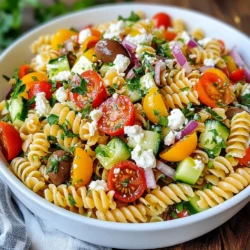 - 8 ounces whole wheat fusilli pasta - 1 cup cherry tomatoes, halved - 1 cucumber, diced - 1 bell pepper (any color), diced - 1/2 red onion, finely chopped - 1 cup Kalamata olives, pitted and halved - 1/2 cup feta cheese, crumbled - 1/4 cup fresh parsley, chopped - 1/4 cup olive oil - 2 tablespoons red wine vinegar (or lemon juice) - 1 teaspoon dried oregano - Salt and pepper to taste Whole wheat fusilli is hearty and adds fiber. Cherry tomatoes are sweet and juicy, adding freshness. Cucumbers bring crunch. Bell peppers add color and taste. Red onion gives a sharp bite, while Kalamata olives add a briny flavor. Feta cheese provides creaminess and tang. Fresh parsley adds brightness, and olive oil offers richness. Red wine vinegar gives a zesty kick, and dried oregano adds an aromatic touch. Salt and pepper enhance all the flavors. You can swap whole wheat pasta for gluten-free options like rice or corn pasta. Use vegan feta cheese to make it dairy-free. If you dislike olives, try artichoke hearts for a different taste. For a lower-calorie option, reduce the amount of olive oil. If you need a nut-free recipe, check for nut-based cheeses in your substitutions. Always taste as you go and adjust to your liking! {{ingredient_image_1}} First, bring a large pot of water to a boil. Add a pinch of salt for flavor. Then, add 8 ounces of whole wheat fusilli pasta. Cook it according to the package instructions until it is al dente. This usually takes about 8 to 10 minutes. When the pasta is done, drain it in a colander. Rinse it under cold water to cool it down. This step helps stop the cooking process and keeps the pasta firm. Set the pasta aside while you prepare the other ingredients. In a large mixing bowl, start adding your fresh ingredients. Add 1 cup of halved cherry tomatoes, 1 diced cucumber, and 1 diced bell pepper of your choice. Next, add 1/2 a finely chopped red onion for a bit of bite. Toss in 1 cup of pitted and halved Kalamata olives. Finally, sprinkle in 1/2 cup of crumbled feta cheese. Gently mix everything together. Make sure not to mash the feta; we want nice pieces to enjoy! Grab a smaller bowl for the dressing. In this bowl, whisk together 1/4 cup of olive oil and 2 tablespoons of red wine vinegar. If you prefer, you can use lemon juice instead. Add in 1 teaspoon of dried oregano and some salt and pepper to taste. Whisk well until everything is combined. This dressing will bring all the flavors together beautifully. Once your dressing is ready, pour it over the pasta and veggie mix. Toss everything gently until the pasta and vegetables are evenly coated. Add 1/4 cup of chopped fresh parsley for a bright finish. Cover the bowl and refrigerate for at least 30 minutes. This waiting time allows the flavors to meld together for a tasty experience! To boost the flavor, use fresh herbs like parsley and oregano. Fresh herbs add brightness and depth. Always taste your dressing before mixing. Adjust salt and pepper for your liking. If you want a tangy kick, add more vinegar or lemon juice. A bit of garlic in the dressing can enhance the overall taste too. For the best presentation, use a big, colorful bowl. You can also serve it in individual plates. Add extra parsley and a sprinkle of feta on top for a nice touch. This salad pairs well with grilled chicken or fish. For a full meal, add some crusty bread on the side. Chill the salad for at least 30 minutes before serving. This helps the flavors mix well. If you have more time, chilling for a few hours is even better. It allows the pasta to soak up the dressing. This salad tastes great as leftovers too, so make extra! Pro Tips Perfect Pasta: Cook the fusilli pasta just until al dente for the best texture. Overcooking can lead to a mushy salad. Chill Time: Allow the pasta salad to chill in the refrigerator for at least 30 minutes. This helps the flavors develop and meld together. Fresh Ingredients: Use fresh, high-quality vegetables and herbs for the best flavor. Seasonal produce will enhance the overall taste of your salad. Customizable Dressing: Feel free to adjust the dressing ingredients to your liking. Adding a bit of lemon zest or garlic can elevate the flavor profile. {{image_2}} You can boost your Greek pasta salad with protein. Grilled chicken adds great flavor. Simply chop it into bite-sized pieces. You can also use shrimp. Just sauté them until they turn pink. For a meatier option, add diced salami or pepperoni. For a vegetarian protein, try chickpeas. They add a nice crunch and extra nutrients. If you want a vegetarian twist, skip the feta cheese. Use a plant-based feta instead. It gives a similar taste without dairy. If you’re vegan, opt for a vegan dressing. Swap red wine vinegar for lemon juice for a fresh zing. You can also add avocado for creaminess. It makes the salad rich and smooth. Change your ingredients based on the seasons. In summer, use fresh basil instead of parsley. It adds a sweet, aromatic flavor. In fall, try roasted butternut squash for a warm touch. You can also add spinach in winter for a leafy green boost. Using seasonal produce makes your salad fresh and exciting. To keep your Greek pasta salad fresh, store it in an airtight container. Glass or plastic containers both work well. Make sure to seal the lid tightly to keep out air. This helps maintain flavor and texture. If you have leftovers, it's best to separate the salad from the dressing. You can mix the dressing in right before serving. When stored properly, Greek pasta salad lasts about 3 to 5 days in the fridge. The flavors will deepen as it sits, making it even tastier. However, if you added fresh herbs like parsley or basil, they might wilt. To keep your salad fresh, consider adding these herbs right before serving. You don’t need to reheat Greek pasta salad. It tastes best cold or at room temperature. If you prefer it warm, you can gently heat the pasta in the microwave for a few seconds before mixing it with the salad again. Make sure not to overheat it, as that can change the salad's texture. Enjoy it fresh, as that's when it's most delightful! Yes, you can use many pasta types. I love using rotini, penne, or even farfalle. Each shape holds the dressing well. Whole wheat or gluten-free options work too. Just cook them al dente. Rinse with cold water to stop cooking. This keeps the pasta firm and tasty. To make it gluten-free, choose gluten-free pasta. Many brands offer great options that taste good. Follow the same cooking steps for the gluten-free pasta. The rest of the ingredients are naturally gluten-free. Just check the labels on your olives and feta cheese. Serve your Greek Pasta Salad cold. I like to use a big, colorful bowl. This makes the salad pop! You can also use individual plates for a nice touch. Add a sprinkle of feta on top. Garnish with fresh parsley for extra color. This makes your dish more inviting and delicious! In this blog post, we explored the key ingredients for a tasty Greek pasta salad. We covered how to cook the pasta, mix fresh ingredients, and prepare the dressing. I shared tips for flavor and serving. Plus, we discussed variations with protein and seasonal swaps. Finally, I outlined best storage practices. Making this salad is easy and fun. With these steps, you can create a meal that your family will love. Enjoy your cooking!