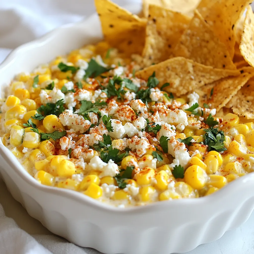 - Fresh corn details and grilling note Use 4 ears of fresh corn. Husk them first. Then, grill them on medium-high heat. This adds a nice smoky flavor. Grill until the corn is slightly charred, about 10-15 minutes. Let it cool before cutting off the kernels. - Dairy components and their roles in the dip This dip needs cream cheese, sour cream, and mayonnaise. One cup of softened cream cheese gives richness. The half cup of sour cream adds tanginess. Half a cup of mayonnaise helps to make the dip creamy. - Spices and herbs for flavor enhancement We use chili powder and cumin in this recipe. One teaspoon of chili powder gives it a kick. A half teaspoon of cumin adds warmth. Fresh cilantro, chopped finely, brings a burst of freshness. Don’t forget the juice of one lime for a zesty finish. You can also add salt and pepper to taste. {{ingredient_image_1}} To make this dip, start by grilling the corn. I love using fresh corn for the best taste. Husk the corn first. Then, heat your grill to medium-high. Place the corn on the grill for about 10-15 minutes. Turn it often so it cooks evenly. Look for a nice char on the kernels; this adds great flavor. Safety is key when grilling. Use tongs to handle hot corn. Let the corn cool for a few minutes before cutting off the kernels. This helps avoid burns. Next, prepare the cream mixture. In a bowl, combine softened cream cheese, sour cream, and mayonnaise. You want it to be smooth and creamy. If your cream cheese is too stiff, let it sit at room temperature for a while. This makes mixing easier. Now, it's time to mix everything. Add the grilled corn, crumbled feta, chopped cilantro, lime juice, chili powder, cumin, salt, and pepper to the cream mixture. Stir well to combine. Mixing is crucial because it helps all the flavors develop. Taste the dip and adjust the seasoning if needed. Chilling the dip is essential. Once mixed, transfer it to a serving bowl. Cover it and place it in the fridge for at least 30 minutes. This waiting time allows the flavors to meld together. It also makes the dip taste even better when served. Enjoy your chilled Mexican street corn dip with tortilla chips! Choose corn with bright green husks. The silk at the top should be sticky and brown. Look for firm, plump kernels. If the kernels are dented or dry, skip that ear. Fresh corn has a sweet smell too. This means it’s ripe and ready to eat. You can change the heat in your dip. Add more chili powder for extra spice. If you like it mild, use less. You can also add jalapeños for a nice kick. For a tangy flavor, squeeze in more lime juice. Taste as you go to get your perfect mix. This dip tastes better when made in advance. Mix all the ingredients and chill for at least 30 minutes. This helps the flavors blend well. You can make it up to a day ahead. Just keep it covered in the fridge. It’s a great time-saver for parties or gatherings! Pro Tips Choosing the Right Corn: Use fresh, in-season corn for the best flavor and sweetness. Look for plump, well-filled ears with bright green husks. Grilling Tips: Grill the corn until it has nice char marks, which adds depth of flavor to the dip. Rotate it every few minutes for even cooking. Customize Your Spice: Feel free to adjust the chili powder and cumin to your preferred spice level. Add jalapeños for an extra kick! Make Ahead: Prepare the dip a day in advance to allow the flavors to intensify. Just store it in an airtight container in the fridge. {{image_2}} To add some heat, you can include jalapeños or hot sauce. Chop fresh jalapeños finely and mix them into the dip. This will bring a nice kick to the creamy blend. If you prefer, add a few dashes of your favorite hot sauce. Adjust the amount based on your heat preference. Keep tasting as you mix in the spice to find your perfect balance. If you want a vegetarian or vegan dip, substitute the dairy ingredients. You can use plant-based cream cheese and sour cream. Look for brands that taste creamy and rich. For the feta cheese, try crumbled tofu mixed with nutritional yeast. This adds the tangy flavor without dairy. You can also enhance the taste with a squeeze of lemon juice instead of lime. Feel free to get creative with mix-ins. Some great options include diced red onion, roasted red peppers, or black beans. Each adds a new layer of flavor and texture. You can also toss in some diced avocado for creaminess. For a crunch, consider adding corn nuts or crushed tortilla chips right before serving. Experiment with what you love! To keep your dip fresh, store it in an airtight container. This helps keep out air and moisture. You can place it in the fridge for later. Make sure to cool the dip before putting it away. This prevents extra moisture from forming. If you want to keep it longer, consider using a freezer-safe container. You can freeze this dip if you have leftovers. First, let it cool completely. Then, scoop it into a freezer-safe container. Leave some space at the top, as it will expand when frozen. To thaw, place it in the fridge overnight. You can also microwave it on low power for quick thawing. Stir well before serving again. In the fridge, this dip lasts for about three to five days. After that, it may lose flavor and texture. If you notice any changes, it’s best to throw it away. Always trust your senses. If it smells off or looks strange, do not eat it. Mexican Street Corn Dip is a creamy, flavorful dish inspired by elote, the classic Mexican street food. It features grilled corn mixed with creamy ingredients like cream cheese, sour cream, and mayo. This dip also has crumbled feta cheese, cilantro, lime juice, and spices, giving it a fresh and zesty flavor. You serve it chilled with crunchy tortilla chips, making it a perfect party snack. Yes, you can use canned corn! Canned corn is convenient and saves time. It is already cooked, so you can skip the grilling step. However, it may not have the same smoky flavor as grilled corn. Fresh corn offers a bright, sweet taste and a nice crunch. If you choose canned corn, rinse it well to remove excess salt. You can serve this dip with tortilla chips for a classic pairing. It also goes well with fresh veggies like carrots and cucumber for a healthier option. Try serving it with crunchy pita chips for a twist. For extra fun, you can use it as a topping for tacos or nachos. This dip is a crowd-pleaser at parties! This article covered making a delicious Mexican Street Corn Dip. We discussed fresh corn, dairy, spices, and how to grill corn safely. You learned how to prepare a creamy mixture and the need to chill the dip before serving. We provided tips on selecting fresh corn, adjusting spice levels, and making it ahead. Variations like spicy or vegan options were offered, alongside storage tips for leftovers. Enjoy creating this dip that surely impresses friends and family!