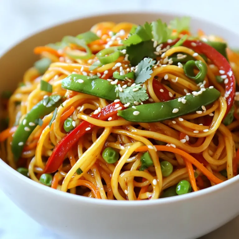 You need a mix of fresh and bold flavors to make Spicy Szechuan Noodles. Here’s what you will need: - 8 oz Szechuan noodles (or any noodle of choice) - 2 tablespoons vegetable oil - 3 cloves garlic, minced - 1 inch ginger, grated - 1 red bell pepper, sliced - 1 carrot, julienned - 1 cup snap peas - 1/4 cup Szechuan chili paste - 2 tablespoons soy sauce - 1 tablespoon rice vinegar - 1 teaspoon sesame oil - 1 tablespoon sugar - 3 green onions, chopped - 2 tablespoons toasted sesame seeds - Fresh cilantro for garnish Each ingredient adds a special touch to the dish. The Szechuan noodles are the base. They soak up the sauce well. The garlic and ginger provide depth and warmth. The veggies add crunch and color. If you can’t find Szechuan noodles, you can use other noodles. Rice noodles or egg noodles work great too. For the Szechuan chili paste, you can use sambal oelek or a mix of red pepper flakes with soy sauce. This keeps the spice but changes the flavor a bit. If you prefer less heat, reduce the chili paste. You can also add more veggies like broccoli or mushrooms. They will blend in well and add more nutrients. Using fresh ingredients is key to a great dish. Fresh veggies like bell peppers and snap peas add crunch and flavor. Fresh garlic and ginger bring out strong aromas that make your kitchen smell amazing. They also enhance the taste, making it richer and more satisfying. When you use fresh ingredients, you get better texture and taste. So, always choose the freshest produce you can find. It truly makes a difference in your cooking! {{ingredient_image_1}} Start by boiling a large pot of salted water. Add 8 oz of Szechuan noodles. Cook them according to the package instructions. This usually takes about 3-5 minutes. Once they’re tender, drain the noodles. Rinse them under cold water to stop the cooking. Set the noodles aside for later. In a large skillet or wok, heat 2 tablespoons of vegetable oil over medium-high heat. Add 3 cloves of minced garlic and 1 inch of grated ginger. Stir-fry them for about 30 seconds until they smell great. Next, toss in 1 sliced red bell pepper, 1 julienned carrot, and 1 cup of snap peas. Stir-fry these for 3-4 minutes until they are crisp but tender. In a small bowl, mix 1/4 cup of Szechuan chili paste, 2 tablespoons of soy sauce, 1 tablespoon of rice vinegar, 1 teaspoon of sesame oil, and 1 tablespoon of sugar. Stir this mixture until it is well combined. Add the cooked noodles into the skillet with the veggies. Pour the Szechuan sauce over the noodles. Toss everything together well. Make sure the noodles get coated with the sauce. Cook for an additional 2-3 minutes to heat everything through. Remove the skillet from heat. Toss in 3 chopped green onions. Plate the noodles in bowls. Garnish with 2 tablespoons of toasted sesame seeds and fresh cilantro. Enjoy your spicy Szechuan noodles! To adjust the spice level of your Szechuan noodles, you have options. Start with less Szechuan chili paste if you prefer a milder taste. You can always add more later. If the dish becomes too spicy, add a little sugar or extra vegetables. This will help balance the heat. You can also serve yogurt or sour cream on the side for a cooling effect. Stir-frying is key for this dish. Use a large skillet or wok for space. Heat the oil well before adding ingredients. This helps cook them fast while keeping them crisp. Keep the heat high but not too high to burn the garlic. Stir constantly to avoid sticking. Cook each vegetable just until tender, not mushy. Always prep ingredients ahead of time; stir-frying goes quickly! Presentation matters! Serve your noodles in bowls for an inviting look. Top with chopped green onions and toasted sesame seeds. Fresh cilantro adds color and flavor, making the dish pop. You can also add lime wedges for a zesty finish. This makes your meal look gourmet while adding extra taste. Enjoy your delicious, colorful Spicy Szechuan Noodles! Pro Tips Choose the Right Noodles: For an authentic Szechuan experience, opt for fresh Szechuan noodles if available. They have a unique texture that enhances the dish. Adjust the Spice Level: If you prefer a milder dish, reduce the amount of Szechuan chili paste or add it gradually to taste. You can always add more, but it's hard to take it out! Add Protein: Consider adding protein such as chicken, shrimp, or tofu to make the dish heartier. Simply stir-fry the protein before adding the vegetables. Garnish Generously: Fresh cilantro and toasted sesame seeds add flavor and texture to the dish. Don't skip the garnish for the best presentation and taste! {{image_2}} To make Spicy Szechuan Noodles vegetarian, just skip the meat. You can use tofu for protein. Firm tofu works best. Simply cube it and stir-fry it with your veggies. For vegan noodles, ensure your sauces, like soy sauce, are plant-based. You can swap the sugar for maple syrup or agave. This keeps the dish tasty and cruelty-free. If you need gluten-free noodles, you have options. Look for rice noodles or gluten-free pasta. Many brands offer great alternatives. Just check the labels to ensure they fit your diet. For sauce, use tamari instead of soy sauce. This swap keeps the flavor while being gentle on your stomach. Feel free to get creative with your Szechuan Noodles. Some popular add-ins include: - Cooked chicken or shrimp for extra protein - Broccoli or bok choy for more greens - Cashews or peanuts for crunch You can also adjust the spice level. Add more chili paste for heat or less for a milder flavor. Enjoy your personal twist on this spicy dish! Store your leftover Spicy Szechuan Noodles in an airtight container. Make sure to cool them down first. They will stay fresh for up to three days in the fridge. Keep them away from strong-smelling foods to avoid odor transfer. To reheat, you can use the microwave or a skillet. If you use the microwave, heat them in short bursts. Stir in between to ensure even heating. If using a skillet, add a splash of water or oil. Heat over medium-low until warm. This keeps the noodles from drying out. You can freeze the Szechuan Noodles if you want to save some for later. Place them in a freezer-safe bag or container. Make sure to remove as much air as possible. They can last up to two months in the freezer. When ready to eat, thaw them in the fridge overnight before reheating. Szechuan noodles are spicy due to Szechuan chili paste. This paste has hot peppers and other spices. It gives the dish its bold heat. You can adjust the spice by adding more or less paste. If you want a milder flavor, use less chili paste. The balance of heat and flavor makes this dish exciting. You can find authentic Szechuan noodles at Asian grocery stores. Look for fresh or dried Szechuan noodles in the pasta aisle. Some stores may also sell them online. If you can’t find Szechuan noodles, any Asian noodle will work. Just make sure they are thin and can soak up the sauce well. You can prepare the Szechuan noodles in advance. Cook the noodles and store them in the fridge. Keep the sauce and veggies separate until you are ready to serve. When you are ready, simply stir-fry the veggies, add the sauce, and mix in the noodles. This method keeps everything fresh and tasty. Enjoy your meal at any time! Spicy Szechuan noodles combine bold flavors and fresh ingredients for a delightful meal. I covered key ingredients, step-by-step cooking, and tips to adjust spice levels. Storage options ensure you enjoy leftovers later. Whether you choose vegetarian, gluten-free, or customized versions, the dish is fun to make and share. Embrace your inner chef and explore variations to suit your taste. Szechuan noodles are not just a meal; they are an adventure in flavor. Enjoy creating a dish that excites your taste buds!