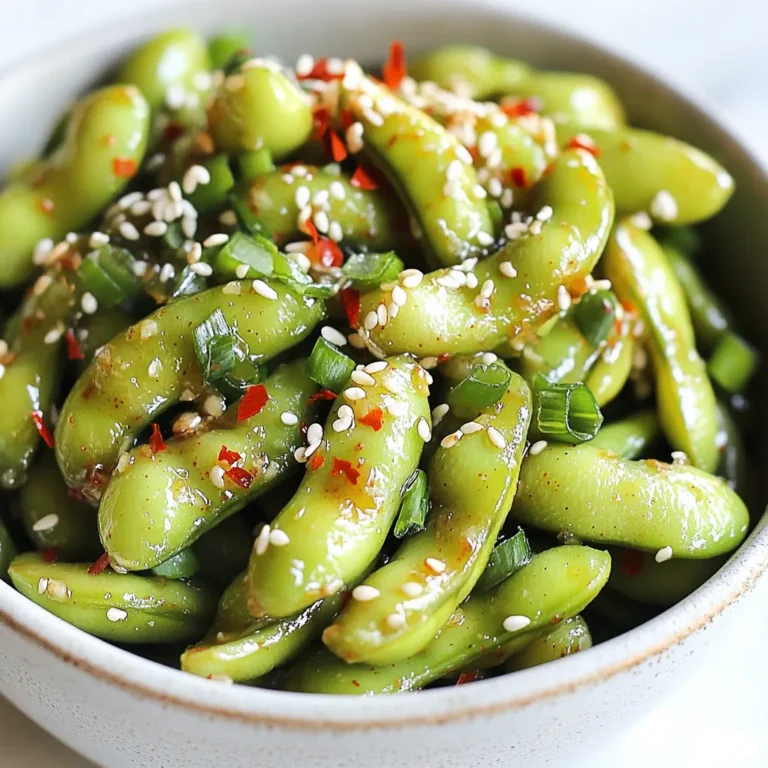 To make spicy garlic edamame, you will need: - 2 cups edamame in pods (fresh or frozen) - 3 tablespoons olive oil - 4 cloves garlic, minced - 1 teaspoon red pepper flakes (adjust for spice level) - 1 tablespoon soy sauce - 1 tablespoon sesame oil - 1 teaspoon honey or agave syrup - Sea salt to taste - 1 tablespoon sesame seeds (for garnish) - Chopped green onions (for garnish) These ingredients work together to create a tasty, spicy dish. The edamame serves as a great source of protein. You can swap ingredients if you don't have them. Here are some ideas: - Edamame: Use green peas or lima beans as a substitute. - Olive oil: Can be replaced with avocado oil or vegetable oil. - Red pepper flakes: Try cayenne pepper for heat or paprika for less spice. - Soy sauce: Use tamari for a gluten-free option or coconut aminos. - Sesame oil: Can be replaced with peanut oil or omitted if needed. These options still keep the dish flavorful and satisfying. Edamame is nutritious and packed with health benefits. Here’s a quick look at what it offers: - Calories: About 120 per cup - Protein: 11 grams - Fat: 5 grams (mostly healthy fats) - Carbohydrates: 9 grams - Fiber: 4 grams - Vitamins: High in vitamin K and folate - Minerals: Good source of iron and magnesium Including edamame in your diet can help support muscle health and provide fiber for digestion. It’s a smart choice for a healthy snack or side dish. {{ingredient_image_1}} To start, you need to prepare the edamame pods. If you choose frozen edamame, boil a pot of water. Add the edamame and cook for 3-5 minutes. You want them tender but not mushy. If you use fresh edamame, rinse them well under cold water. Once cooked or rinsed, drain the edamame and set them aside. Now, let's make the spicy garlic sauce. In a large skillet, heat 3 tablespoons of olive oil over medium heat. Add 4 minced garlic cloves. Sauté the garlic for about 1-2 minutes until it smells great, but be careful not to burn it. Next, stir in 1 teaspoon of red pepper flakes. This adds a nice kick. Cook for an extra 30 seconds to release the flavor. It's time to combine everything! Add the cooked edamame to the skillet. Toss them gently to coat with the garlic oil. Pour in 1 tablespoon of soy sauce, 1 tablespoon of sesame oil, and 1 teaspoon of honey or agave syrup. Mix well so the flavors blend. Cook for another 2-3 minutes. This lets the edamame soak up the spicy goodness. Finally, season with sea salt to your taste. Transfer the spicy garlic edamame to a serving bowl. Sprinkle sesame seeds and chopped green onions on top for a lovely finish. Enjoy! To make delicious spicy garlic edamame, it’s key to season them well. After cooking, toss the edamame in the skillet with the sauce quickly. This helps each pod soak up the flavor. Add sea salt at the end for the best taste. Taste one pod and adjust the salt as needed. You can boost flavor by adding a squeeze of lime juice. This fresh touch brightens the dish. For a nutty flavor, toss in some chopped peanuts or cashews. You can also mix in some diced bell peppers or mushrooms for extra texture. These additions make the dish more fun and colorful. Everyone has different spice limits. To make your edamame milder, cut the red pepper flakes in half. You can also add a bit of sugar to balance the heat. If you love spice, try adding chili oil or sriracha to the sauce. Just mix it in before adding the edamame. Always remember to taste as you go! Pro Tips Fresh vs. Frozen Edamame: Using fresh edamame can enhance the flavor and texture, but frozen options are just as nutritious and convenient. Choose based on availability and preference. Adjusting Spice Levels: If you're sensitive to heat, start with fewer red pepper flakes and taste as you go. You can always add more for a spicier kick! Garnish for Flavor: Don't skip the sesame seeds and green onions! They add crunch and a burst of freshness that complements the spicy garlic flavor. Serving Suggestions: This dish pairs well with rice or noodles, making it a great side or appetizer. Consider serving it alongside a dipping sauce for extra flavor! {{image_2}} You can change the heat in spicy garlic edamame easily. If you like it mild, use less red pepper flakes. For medium spice, stick to the recipe. For extra heat, add more flakes or fresh chili. You can also try adding a splash of hot sauce for a kick. Flavors matter too! Try adding lime juice for a zesty touch. You could also use ginger for a warm, earthy flavor. Mixing in different herbs can make it unique. Fresh cilantro or basil can brighten the dish. This recipe is already vegetarian and vegan-friendly. The ingredients are plant-based and full of flavor. If you want to keep it vegan, use agave syrup instead of honey. You can also add more veggies for variety. Sliced bell peppers or carrots can add color and nutrition. Toss in some spinach for extra greens. These additions keep it healthy and tasty. Serving spicy garlic edamame can be fun! You can use it as a snack or appetizer. It pairs well with sushi or rice bowls. Try serving it in small bowls for a party. Guests can enjoy it while mingling. You can also use it as a topping for salads. It adds a crunchy texture and boosts the flavor. For a unique twist, serve it on a bed of quinoa. This makes a great side dish that’s filling and nutritious. Remember to sprinkle sesame seeds and green onions on top for a nice finish! To store leftover edamame, let them cool first. Place them in an airtight container. You can keep them in the fridge for up to three days. Make sure to seal it tightly to keep the flavor fresh. Reheat edamame in a skillet over medium heat. Add a splash of olive oil if needed. Stir until heated through, usually about 2-3 minutes. You can also microwave them in short bursts, checking often. This way, they stay tasty and warm. If you want to save some for later, freezing is simple. First, cook the edamame as you normally would. Drain and let them cool completely. Next, place them in a freezer-safe bag. Remove as much air as possible before sealing. They can last up to six months in the freezer. When you’re ready to use them, just boil or steam directly from frozen! Cooking edamame takes about 3 to 5 minutes. If you use fresh edamame, rinse it first. Boil water in a pot and add the pods. You will know they are ready when tender. Yes, frozen edamame works great! Just boil it in water for 3 to 5 minutes. This saves time and still gives you tasty edamame. Edamame is packed with protein and fiber. It also has vitamins and minerals. These nutrients help with heart health and digestion. They are low in calories too, making them a healthy snack option. You can easily modify this recipe. For a gluten-free option, use tamari instead of soy sauce. If you want it vegan, replace honey with agave syrup. You can also reduce the oil or salt to fit your needs. In this article, we explored making tasty spicy garlic edamame. We covered ingredients, easy steps, and plenty of tips to improve flavor. You learned how to adjust spice levels and serve it well. Storing and reheating methods were also shared to keep your dish fresh. Overall, edamame is delicious and healthy. Try out the variations for fun meals. Enjoy cooking and have fun experimenting!