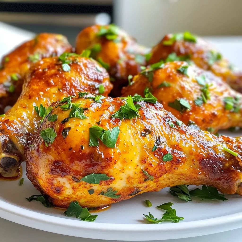 To make smoky paprika chicken drumsticks, you will need a few key items. Here’s the list: - Chicken drumsticks: 8 pieces are perfect for this recipe. - Spices and seasonings: - 2 tablespoons smoked paprika - 1 teaspoon garlic powder - 1 teaspoon onion powder - 1 teaspoon cayenne pepper (adjust to taste) - 1 teaspoon salt - 1/2 teaspoon black pepper - Oils and additional flavorings: - 3 tablespoons olive oil - 1 tablespoon lemon juice - Fresh parsley, chopped (for garnish) These ingredients work together to create a rich and smoky flavor that makes the chicken so enjoyable. The smoked paprika adds depth while the cayenne gives it a nice kick. The olive oil and lemon juice help keep the chicken moist while adding a bright flavor. Don't forget the parsley; it adds a lovely touch when you serve the dish. Now, gather these items to get started on this tasty recipe! {{ingredient_image_1}} First, heat your oven to 425°F (220°C). This temperature makes the chicken cook well. I like to line my baking tray with parchment paper. This step makes cleanup easy and keeps the drumsticks from sticking. In a large bowl, mix the spices. Combine 2 tablespoons of smoked paprika, 1 teaspoon of garlic powder, 1 teaspoon of onion powder, 1 teaspoon of cayenne pepper, 1 teaspoon of salt, and 1/2 teaspoon of black pepper. Stir in 3 tablespoons of olive oil and 1 tablespoon of lemon juice. Mix until it forms a thick paste. Take 8 chicken drumsticks and toss them in the spice paste. Make sure each drumstick gets a good coat of that flavorful mix. Let them marinate for at least 15 minutes. For a stronger flavor, you can let them sit for up to 2 hours. Place your marinated drumsticks on the lined baking tray. Space them evenly to allow air to flow around them. Bake in the preheated oven for 30 to 35 minutes. Turn them halfway through cooking. They should reach an internal temperature of 165°F (75°C) when done. The skin will be crispy and golden. Once the drumsticks are cooked, take them out of the oven. Let them rest for about 5 minutes. This helps keep the meat juicy. Before serving, sprinkle some chopped fresh parsley on top for a pop of color and freshness. Enjoy your smoky paprika chicken drumsticks! For great flavor, marinate your chicken drumsticks. I suggest marinating for at least 15 minutes. If you have more time, let them sit for up to 2 hours. This lets the spices soak in better. Use a large bowl to mix your spices with olive oil and lemon juice. Coat each drumstick well. It ensures every bite is full of flavor. To get that perfect crispy skin, start with a hot oven. Preheat your oven to 425°F (220°C). This high heat helps the skin get golden and crunchy. Make sure to space the drumsticks on the baking tray. This allows hot air to flow around them. Turn them halfway through cooking for even browning. You will need a few basic tools to make this dish. A large bowl helps mix the spices and coat the drumsticks. A baking tray lined with parchment paper makes cleanup easy. Use a meat thermometer to check if your chicken is cooked. Aim for an internal temperature of 165°F (75°C). Having these tools ready makes the cooking process smooth and fun! Pro Tips Marinate Longer for Flavor: For the best flavor, allow the drumsticks to marinate for at least 2 hours, or even overnight in the refrigerator. This enhances the smoky taste. Perfectly Crispy Skin: To achieve crispy skin, make sure to pat the drumsticks dry before coating them with the spice paste. This removes excess moisture. Check for Doneness: Use a meat thermometer to ensure the chicken reaches an internal temperature of 165°F (75°C) for safe consumption. Garnish for Freshness: A sprinkle of fresh parsley not only adds color but also a burst of freshness that complements the smoky flavor. {{image_2}} To add more heat, use more cayenne pepper. Start with two teaspoons for a bold kick. You can also add hot sauce to the spice paste. This gives a nice tang and depth. If you want even more spice, try using a spicy smoked paprika. It enhances the smoky flavor while turning up the heat. You can cook these drumsticks in an oven or on a grill. Baking gives a nice, even cook. It also makes the skin crispy. If you grill, preheat your grill to medium-high heat. Place the drumsticks on the grill and cook for 20-25 minutes. Turn them often to avoid burning. Both methods are tasty, so choose what you like best. Running low on ingredients? You can swap items easily. Instead of chicken drumsticks, use thighs or wings. They cook well and taste great. If you don’t have smoked paprika, regular paprika will work. Just add a bit of liquid smoke for that smoky flavor. For olive oil, feel free to use any cooking oil you have on hand. Lemon juice can be replaced with vinegar for a zesty twist. You can store leftover smoky paprika chicken drumsticks in the fridge. Place them in an airtight container. They stay fresh for about 3 to 4 days. Make sure the chicken is cool before sealing the container. This helps keep it safe and tasty. To freeze drumsticks, first, let them cool completely. Wrap each drumstick in plastic wrap, then place them in a freezer bag. Label the bag with the date. They will keep well for about 2 to 3 months. When you're ready to eat, just thaw them in the fridge overnight. Reheat the drumsticks in the oven for the best taste. Preheat the oven to 350°F (175°C). Place the chicken on a baking tray and cover it with foil. Heat for about 15 to 20 minutes, or until warm. If you want crispy skin, remove the foil for the last 5 minutes. You can also use a microwave, but the skin may not be as crispy. Yes, you can use boneless chicken. Boneless thighs or breasts work well. They cook faster than drumsticks. You should reduce the cooking time to about 20-25 minutes. Check that the internal temperature reaches 165°F (75°C). The flavor will still be great with the spice mix. I recommend marinating the chicken for at least 15 minutes. For a stronger flavor, marinate for up to 2 hours. The longer you marinate, the more the spices soak in. Just make sure to keep it in the fridge while marinating. Several sides complement smoky paprika chicken drumsticks. Here are some great options: - Roasted vegetables - Creamy coleslaw - Garlic mashed potatoes - Simple green salad - Rice pilaf These sides balance the smoky spice and add freshness to your meal. This blog post covered how to make tasty chicken drumsticks. You learned about the right ingredients, steps to prepare, and cooking tips. With options for spicy variations and smart storage info, you'll keep these drumsticks juicy and crisp. Remember, marinating adds great flavor. Choose your cooking method wisely. Enjoy these delicious bites with your favorite sides. Keep practicing to perfect your skills. Happy cooking!