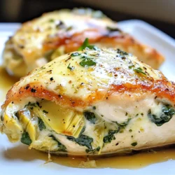 - 4 large boneless, skinless chicken breasts - 1 cup fresh spinach, chopped - 1 cup canned artichoke hearts, drained and chopped - 1 cup cream cheese, softened - 1/2 cup grated Parmesan cheese - 1/2 cup shredded mozzarella cheese - 2 cloves garlic, minced - 1 teaspoon onion powder - 1 teaspoon Italian seasoning - Salt and pepper to taste - Olive oil for cooking Gather these ingredients to make your Spinach Artichoke Stuffed Chicken. The chicken breasts serve as a tasty pocket. The spinach and artichokes add great flavor and texture. Cream cheese binds the filling together, while Parmesan and mozzarella add richness. I love how simple seasonings, like garlic and Italian herbs, enhance the dish. Use good-quality olive oil for cooking. This gives the chicken a nice golden color and adds flavor. Make sure to chop the spinach and artichokes well. This helps the filling mix nicely. You want every bite to have a burst of flavor! {{ingredient_image_1}} - Preheat Oven: Set your oven to 375°F (190°C). - Prepare Filling: In a medium bowl, mix chopped spinach, artichoke hearts, cream cheese, Parmesan cheese, mozzarella cheese, minced garlic, onion powder, Italian seasoning, salt, and pepper until well combined. - Prepare Chicken: Pat the chicken breasts dry with a paper towel. Use a sharp knife to create a pocket in each chicken breast by cutting a slit horizontally through the center, being careful not to cut all the way through. - Stuff the Chicken: Generously fill each chicken pocket with the spinach and artichoke mixture. Use toothpicks to secure the edges if necessary. - Sear Chicken: Heat olive oil in a large oven-safe skillet over medium-high heat. Season the outside of the stuffed chicken breasts with salt and pepper, then add them to the skillet. Sear for 4–5 minutes on each side, or until golden brown. - Bake: Transfer the skillet to the preheated oven. Bake for 20–25 minutes, or until the chicken is cooked through (internal temperature reaches 165°F or 75°C). - Rest and Serve: Remove from the oven and let the chicken rest for a few minutes before slicing. This will help keep the juices in and make it more tender. - How to Achieve Perfectly Sear Chicken To sear chicken well, heat olive oil in a skillet over medium-high heat. Place the chicken breasts in the hot oil. Don't crowd the pan. Sear each side for 4 to 5 minutes until golden brown. This locks in juices and adds flavor. - Sign of Properly Cooked Chicken The chicken is done when it reaches an internal temperature of 165°F. Use a meat thermometer to check. This ensures it is safe to eat and will be juicy. - Add herbs or spices for extra flavor Consider adding fresh herbs like basil or thyme to the filling. Garlic powder or red pepper flakes can add a nice kick. Experiment with flavors you love. - Drizzling with balsamic glaze before serving A drizzle of balsamic glaze elevates the dish. It adds a sweet and tangy flavor. This simple touch makes your meal look and taste gourmet. - Best skillet for searing and baking A cast-iron or stainless-steel skillet works best for searing. It can go from stove to oven easily. This keeps your chicken juicy and perfectly cooked. - Essential kitchen tools for preparation Use a sharp knife to create pockets in the chicken. A mixing bowl helps combine your filling. Don't forget a meat thermometer for accuracy in cooking! Pro Tips Brine Your Chicken: Soak the chicken breasts in a simple brine solution (water and salt) for 30 minutes before cooking. This helps to enhance moisture and flavor. Use Fresh Ingredients: Opt for fresh spinach and high-quality artichoke hearts for a more vibrant flavor and better texture in your stuffing. Check Temperature: Always use a meat thermometer to ensure the chicken is cooked to an internal temperature of 165°F (75°C) for safety and optimal juiciness. Let It Rest: After baking, allow the chicken to rest for at least 5 minutes before slicing. This step keeps the juices locked in, resulting in a tender chicken. {{image_2}} You can switch the cheese for a new taste. Using cheddar adds a sharp flavor. Goat cheese gives a creamy, tangy twist. For a vegan option, try cashew cream or dairy-free cheese. These choices keep the dish rich and tasty without dairy. Feel free to get creative with the filling. Sun-dried tomatoes add a sweet and tangy kick. Chopped olives give a briny flavor that pairs well with chicken. You can also add cooked bacon or chorizo for a savory, meaty touch. These mix-ins enhance your stuffed chicken and make it unique. How you cook the chicken matters. Grilling adds a smoky taste and crispy texture. Baking keeps the chicken juicy and tender. If you want, try slow cooking. This method makes the chicken very soft and flavorful. Each method brings something special to your dish. To keep your spinach artichoke stuffed chicken fresh, store it in the fridge. Place the chicken in an airtight container. This will help prevent it from drying out. For best results, eat leftovers within three days. You can also wrap each piece tightly in plastic wrap before placing it in the container. This extra layer adds protection. When reheating, use the oven for best texture. Set your oven to 350°F (175°C). Place the chicken on a baking tray and cover it with foil. This helps keep moisture in. Heat for about 15-20 minutes, checking to avoid overcooking. You want the chicken warm, but not dry. If you’re in a hurry, the microwave works too. Just heat in short bursts, checking often. To freeze your stuffed chicken, first let it cool completely. Wrap each piece tightly in plastic wrap. Then, place them in a freezer-safe bag or container. This prevents freezer burn. You can freeze the chicken for up to three months. When ready to cook, thaw the chicken overnight in the fridge. For cooking from frozen, add 10-15 minutes to the baking time. Make sure the internal temperature reaches 165°F (75°C) for safe eating. Can I use frozen chicken breasts? Yes, you can use frozen chicken breasts. Just make sure to thaw them first. Use a microwave or fridge overnight for safe thawing. This will help cook the chicken evenly. How long does it take to cook thick chicken breasts? Thick chicken breasts take a bit longer to cook. I recommend cooking them for 25 to 30 minutes at 375°F (190°C). Always check the internal temperature. It should be 165°F (75°C) to be safe. Can I prepare the dish in advance? Yes, you can prepare this dish ahead of time. Stuff the chicken and store it in the fridge for up to 24 hours. When ready, just bake it. This saves time on busy days. What can I substitute for cream cheese? You can use Greek yogurt or ricotta cheese instead of cream cheese. Both options give a creamy texture. They also add a bit of tanginess to the filling. Best alternatives for spinach or artichokes? If you don’t have spinach, try kale or Swiss chard. They both bring a nice flavor and texture. For artichokes, you can use roasted red peppers or even mushrooms. What sides pair well with stuffed chicken? I love serving stuffed chicken with a fresh garden salad or roasted veggies. Garlic bread also makes a great side. These pairings add color and flavor to your plate. How to present for special occasions? For special occasions, slice the chicken and fan it out on the plate. Add sautéed veggies on the side. Drizzle with balsamic glaze for a beautiful finish. Garnish with fresh herbs for an extra touch. Stuffed chicken is a delightful meal that combines simple ingredients for great taste. We covered the main ingredients, preparation steps, and cooking tips to ensure success. You can experiment with flavors and alternatives to create your own twist. Proper storage and reheating will keep leftovers tasty. Remember, cooking is about creativity and enjoyment. Try these methods, and elevate your chicken dishes impressively. Enjoy your culinary journey, and don’t hesitate to share your results!