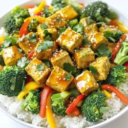 - 1 block (14 oz) firm tofu, pressed and cubed - 2 tablespoons honey or maple syrup - 4 tablespoons soy sauce or tamari - 3 cloves garlic, minced - 1 tablespoon fresh ginger, grated - 1 tablespoon sesame oil - 2 cups broccoli florets - 1 bell pepper (red or yellow), sliced - 2 carrots, julienned - 2 tablespoons sesame seeds - Fresh cilantro for garnish - Cooked rice or quinoa for serving This dish starts with firm tofu. Press it well to get the water out. This step helps the tofu absorb all the tasty flavors later. Honey or maple syrup adds a sweet touch. If you want gluten-free, use tamari instead of soy sauce. Garlic and ginger give a warm flavor. The sesame oil adds a nutty taste that makes everything pop. Next, we have our colorful veggies: broccoli, bell pepper, and carrots. They not only add color but also a nice crunch. For the final touches, sprinkle sesame seeds on top. Fresh cilantro brightens up the whole dish. Serve it over rice or quinoa for a complete meal. Each ingredient works together to create a dish you and your family will love. First, set your oven to 400°F (200°C). This hot temperature helps the tofu and veggies cook well. Line a large baking sheet with parchment paper. This makes cleanup easy and helps food not stick. In a mixing bowl, whisk together these ingredients: - 2 tablespoons honey or maple syrup - 4 tablespoons soy sauce (or tamari for gluten-free) - 3 cloves garlic, minced - 1 tablespoon fresh ginger, grated - 1 tablespoon sesame oil Next, add the pressed and cubed tofu. Gently mix until the tofu is coated in the marinade. Let it sit for at least 15 minutes. This time helps the tofu soak in the flavors. While the tofu marinates, wash your veggies. Rinse the broccoli under cold water. Cut it into small florets. Take the bell pepper and slice it into strips. For the carrots, julienne them into thin sticks. This way, they cook evenly. Now, spread the marinated tofu evenly on one half of the baking sheet. On the other half, arrange the broccoli, bell pepper, and carrots. Make sure they are in a single layer. This helps them roast well without steaming. Place the sheet pan in the oven. Bake for 25-30 minutes. Halfway through, flip the tofu and vegetables to ensure they brown evenly. You want everything to be golden and tender when done. Once cooked, take the sheet pan out of the oven. Sprinkle 2 tablespoons of sesame seeds over the tofu and veggies. Add fresh cilantro for a pop of color and flavor. Serve your honey garlic tofu and vegetables over rice or quinoa for a complete meal. Enjoy! Pressing tofu is key to getting the right texture. It removes extra water and helps the tofu soak up the marinade. I press the tofu for about 15 to 30 minutes. This step is simple but makes a big difference. After pressing, cube the tofu evenly to ensure it cooks well. For marinating, let the tofu sit in the sauce for at least 15 minutes. This allows the flavors to seep in. The longer you marinate, the better the taste. Cut your vegetables into similar sizes. This helps them cook at the same rate. I like to keep the broccoli florets small and slice the bell pepper thin. Julienne the carrots to match the size of the other veggies. When you place the tofu and vegetables on the sheet pan, make sure they have space. Crowding them can lead to steaming instead of roasting. This simple tip ensures everything gets nice and crispy. You can easily make this dish vegan or gluten-free. Use maple syrup instead of honey for a vegan option. For gluten-free, swap soy sauce with tamari. Both options keep the flavors rich and delicious. If you want to add more veggies, think about using zucchini or snap peas. They can add color and crunch to the dish. {{image_2}} You can make this dish even better by adding more veggies. Seasonal options are great. Try using zucchini, asparagus, or snap peas. These vegetables add great texture and flavor. Leafy greens like spinach or kale also work well. Just toss them on the sheet pan for the last 10 minutes of cooking. They will wilt but keep their color and nutrients. Adjusting the taste is easy. If you like it sweeter, add more honey or maple syrup. For a spicier kick, try adding red pepper flakes or sriracha. You can change up the soy sauce too. Use a low-sodium version for less salt or add coconut aminos for a different flavor. This dish is very forgiving, so feel free to play with the flavors. While rice or quinoa are great choices, you can mix it up. Try serving the tofu over cauliflower rice for a low-carb option. You can also use farro or barley for a nutty flavor. For a fun twist, serve it in lettuce wraps. This adds crunch and makes it easy to eat. Each base brings something unique to the dish! To store your honey garlic tofu, use airtight containers. Place the tofu and vegetables in the container, separating them if you can. This helps keep everything fresh. You can store it in the fridge for up to 3 days. If you want to keep them longer, freeze them for up to a month. Just remember, tofu can change texture when frozen. For reheating, the oven is best. Preheat it to 350°F (175°C). Place the tofu and veggies on a baking sheet. Heat for 10-15 minutes until warm. You can also use a microwave for quick reheating. Just cover the dish to keep the moisture. Heat in short bursts, stirring in between. To make meal prep easy, marinate tofu a day ahead. Cut the veggies and place them in bags. You can also cook rice or quinoa in advance. Store it in the fridge. When you're ready to eat, just bake everything together. This saves time and gives you a tasty meal in minutes! Yes, you can use various types of tofu. Firm tofu works best for this recipe. It holds its shape well during cooking. Soft or silken tofu may fall apart and become mushy. If you're looking for a crunchier texture, try extra-firm tofu. It absorbs flavors while keeping a nice bite. Absolutely! This dish is great for meal prep. You can make it ahead and store it in the fridge. Just keep the tofu and veggies in an airtight container. They stay fresh for about 3-4 days. Reheat your portions in the microwave or oven for quick meals. To add heat, you can include red pepper flakes. Start with a small pinch and adjust to your taste. You can also add sriracha or chili sauce to the marinade. For a fresh kick, toss in sliced jalapeños before baking. Yes, you can use other sweeteners. Maple syrup is a great vegan option. Agave syrup also works well. For a lower-calorie choice, try stevia or monk fruit sweetener. Just remember to adjust the amount to match the sweetness of honey. This blog post covered how to make a tasty tofu dish. We listed ingredients, shared easy steps, and provided tips to perfect your meal. You learned about roasting vegetables, marinating tofu, and making different variations. Remember, this dish is not only quick to prepare but also flexible to fit many diets. Use the storage tips for leftovers and enjoy great meals later. Try different flavors and ingredients to make this recipe your own. Happy cooking!