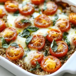 - 1 cup quinoa, rinsed - 2 cups vegetable broth or water - 1 cup cherry tomatoes, halved - 1 cup fresh basil leaves, chopped - 1 cup mozzarella cheese, shredded - 1/2 cup Parmesan cheese, grated The main ingredients in this Caprese Quinoa Bake create a tasty dish. Quinoa serves as the base. It is high in protein and gluten-free. The cherry tomatoes add sweetness and color. Fresh basil gives a bright, herbaceous flavor. Mozzarella cheese melts beautifully, while Parmesan adds depth. Together, they create a cheesy, hearty meal. - 2 tablespoons olive oil - 3 cloves garlic, minced - 1 teaspoon dried oregano - Salt and pepper to taste Pantry staples help enhance the flavor of the dish. Olive oil adds richness and helps in cooking. Garlic brings a warm, savory taste. Dried oregano adds an earthy note. Salt and pepper are crucial for balancing flavors. Keep these ingredients handy for this recipe and more. - Recommended servings: 4 - Measurement conversions: 1 cup = 8 ounces, 1 tablespoon = 3 teaspoons This recipe serves four people, making it great for sharing. Each serving is filling, thanks to quinoa and cheese. If you need to adjust the recipe, use the measurement conversions. You can double it for a larger crowd or halve it for a smaller meal. Enjoy this dish as a main course or a side! {{ingredient_image_1}} First, rinse 1 cup of quinoa under cold water. This step removes any bitter taste. Next, in a medium saucepan, combine the rinsed quinoa with 2 cups of vegetable broth or water. Bring this mixture to a boil over high heat. Once it boils, reduce the heat to low. Cover the pot and let it simmer for 15 minutes. You will know the quinoa is done when it is fluffy, and all the water is absorbed. In a large mixing bowl, combine the cooked quinoa with 1 cup of halved cherry tomatoes, 1 cup of chopped fresh basil, and 3 cloves of minced garlic. Add 1 cup of shredded mozzarella cheese and 1/2 cup of grated Parmesan cheese to the bowl. Drizzle 2 tablespoons of olive oil over the mixture. Then, sprinkle in 1 teaspoon of dried oregano and season with salt and pepper to taste. Mix everything well until all ingredients are combined. Preheat your oven to 375°F (190°C). Grease a medium casserole dish with a little olive oil. Transfer the quinoa mixture into the dish, spreading it evenly. If you like extra cheese, sprinkle some leftover cheese on top. Bake in the preheated oven for 25 to 30 minutes. The bake is ready when the cheese is melted and golden brown. Once done, let it cool for a few minutes before serving. To ensure even cooking, spread the quinoa mixture evenly in the dish. This helps all parts cook at the same rate. You want each bite to be just as good as the last. For crispy cheese, try adding a layer of cheese on top before baking. This gives a nice golden crust. Adding herbs and spices boosts the flavor. Fresh basil brings brightness. Dried oregano adds a nice depth. You can also sprinkle some red pepper flakes for heat. For toppings, consider sliced olives or pine nuts. These add texture and flavor. A crisp side salad pairs well with the bake. The freshness of the salad balances the rich flavors. For presentation, serve directly from the casserole dish. Garnish with more fresh basil and a drizzle of olive oil. This makes your dish look inviting. Pro Tips Use Fresh Ingredients: For the best flavor, opt for fresh basil and ripe cherry tomatoes. They will elevate the dish with vibrant taste and aroma. Customize Your Cheese: Feel free to experiment with different types of cheese such as goat cheese or feta for a unique flavor twist. Make It Ahead: This dish can be prepared in advance and stored in the fridge. Simply bake it before serving for a quick meal. Experiment with Add-Ins: Consider adding vegetables like zucchini or spinach for added nutrition and flavor variety. {{image_2}} Gluten-free options: Quinoa is naturally gluten-free. If you use gluten-free veggie broth, you keep this dish safe for those avoiding gluten. Vegan substitutions: To make this dish vegan, swap mozzarella and Parmesan with vegan cheese. Nutritional yeast adds a cheesy flavor too. You can also use vegetable broth for added taste. Alternative cheeses: If you don’t have mozzarella, try cheddar or feta. Each cheese brings its own taste. For a creamier texture, use ricotta or cream cheese. Vegetable additions: You can add bell peppers or spinach for extra nutrition. Zucchini or mushrooms also work well. Mix in any favorite veggies to boost flavor and color. Mediterranean twist: For a Mediterranean flair, add olives and artichokes. Drizzle with balsamic glaze for a sweet touch. This gives the dish extra depth and brightness. Spicy Caprese: To spice things up, mix in red pepper flakes or jalapeños. You can also use spicy cheese for an added kick. This version will awaken your taste buds! To store leftovers, let the dish cool completely. Then, place it in an airtight container. This keeps the flavors fresh. I recommend glass containers for easy reheating and a clear view of your tasty meal. If you use plastic, ensure it’s BPA-free to stay healthy. For best results, freeze the bake in portions. Use freezer-safe containers or bags. Make sure to remove as much air as possible. This helps prevent freezer burn. To reheat, thaw overnight in the fridge. Then, bake at 350°F (175°C) until heated through, about 20 minutes. In the fridge, Caprese Quinoa Bake lasts about 3-5 days. Always check for signs of spoilage. If you see mold or an off smell, it’s best to toss it. Freshness is key to enjoying this dish! Making Caprese Quinoa Bake takes about 45 minutes in total. You will spend 15 minutes prepping the ingredients. Cooking the quinoa takes about 15 minutes. Then, baking the dish takes 25 to 30 minutes. It is best to rinse quinoa before cooking. Rinsing removes a bitter coating called saponin. This makes your dish taste much better. If you skip this step, your bake may have an off flavor. You can serve Caprese Quinoa Bake with a fresh side salad. A simple green salad pairs well. You might also enjoy it with roasted vegetables. For a heartier meal, add some grilled chicken or shrimp. In this article, we explored the delicious Caprese Quinoa Bake. We started with the key ingredients, like quinoa, cherry tomatoes, and mozzarella. Then, we covered step-by-step instructions for preparing, mixing, and baking. I shared tips for perfecting the dish and suggested fun variations. Lastly, we discussed storage and answered common questions. Now, you can enjoy this dish with family and friends. It's healthy, filling, and easy to make. Dive in and enjoy your cooking journey!