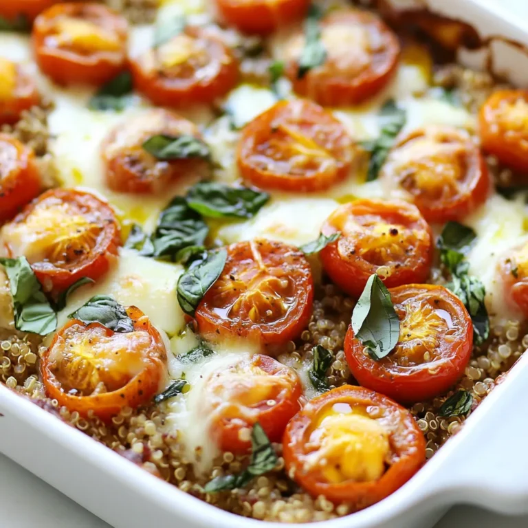 - 1 cup quinoa, rinsed - 2 cups vegetable broth or water - 1 cup cherry tomatoes, halved - 1 cup fresh basil leaves, chopped - 1 cup mozzarella cheese, shredded - 1/2 cup Parmesan cheese, grated The main ingredients in this Caprese Quinoa Bake create a tasty dish. Quinoa serves as the base. It is high in protein and gluten-free. The cherry tomatoes add sweetness and color. Fresh basil gives a bright, herbaceous flavor. Mozzarella cheese melts beautifully, while Parmesan adds depth. Together, they create a cheesy, hearty meal. - 2 tablespoons olive oil - 3 cloves garlic, minced - 1 teaspoon dried oregano - Salt and pepper to taste Pantry staples help enhance the flavor of the dish. Olive oil adds richness and helps in cooking. Garlic brings a warm, savory taste. Dried oregano adds an earthy note. Salt and pepper are crucial for balancing flavors. Keep these ingredients handy for this recipe and more. - Recommended servings: 4 - Measurement conversions: 1 cup = 8 ounces, 1 tablespoon = 3 teaspoons This recipe serves four people, making it great for sharing. Each serving is filling, thanks to quinoa and cheese. If you need to adjust the recipe, use the measurement conversions. You can double it for a larger crowd or halve it for a smaller meal. Enjoy this dish as a main course or a side! {{ingredient_image_1}} First, rinse 1 cup of quinoa under cold water. This step removes any bitter taste. Next, in a medium saucepan, combine the rinsed quinoa with 2 cups of vegetable broth or water. Bring this mixture to a boil over high heat. Once it boils, reduce the heat to low. Cover the pot and let it simmer for 15 minutes. You will know the quinoa is done when it is fluffy, and all the water is absorbed. In a large mixing bowl, combine the cooked quinoa with 1 cup of halved cherry tomatoes, 1 cup of chopped fresh basil, and 3 cloves of minced garlic. Add 1 cup of shredded mozzarella cheese and 1/2 cup of grated Parmesan cheese to the bowl. Drizzle 2 tablespoons of olive oil over the mixture. Then, sprinkle in 1 teaspoon of dried oregano and season with salt and pepper to taste. Mix everything well until all ingredients are combined. Preheat your oven to 375°F (190°C). Grease a medium casserole dish with a little olive oil. Transfer the quinoa mixture into the dish, spreading it evenly. If you like extra cheese, sprinkle some leftover cheese on top. Bake in the preheated oven for 25 to 30 minutes. The bake is ready when the cheese is melted and golden brown. Once done, let it cool for a few minutes before serving. To ensure even cooking, spread the quinoa mixture evenly in the dish. This helps all parts cook at the same rate. You want each bite to be just as good as the last. For crispy cheese, try adding a layer of cheese on top before baking. This gives a nice golden crust. Adding herbs and spices boosts the flavor. Fresh basil brings brightness. Dried oregano adds a nice depth. You can also sprinkle some red pepper flakes for heat. For toppings, consider sliced olives or pine nuts. These add texture and flavor. A crisp side salad pairs well with the bake. The freshness of the salad balances the rich flavors. For presentation, serve directly from the casserole dish. Garnish with more fresh basil and a drizzle of olive oil. This makes your dish look inviting. Pro Tips Use Fresh Ingredients: For the best flavor, opt for fresh basil and ripe cherry tomatoes. They will elevate the dish with vibrant taste and aroma. Customize Your Cheese: Feel free to experiment with different types of cheese such as goat cheese or feta for a unique flavor twist. Make It Ahead: This dish can be prepared in advance and stored in the fridge. Simply bake it before serving for a quick meal. Experiment with Add-Ins: Consider adding vegetables like zucchini or spinach for added nutrition and flavor variety. {{image_2}} Gluten-free options: Quinoa is naturally gluten-free. If you use gluten-free veggie broth, you keep this dish safe for those avoiding gluten. Vegan substitutions: To make this dish vegan, swap mozzarella and Parmesan with vegan cheese. Nutritional yeast adds a cheesy flavor too. You can also use vegetable broth for added taste. Alternative cheeses: If you don’t have mozzarella, try cheddar or feta. Each cheese brings its own taste. For a creamier texture, use ricotta or cream cheese. Vegetable additions: You can add bell peppers or spinach for extra nutrition. Zucchini or mushrooms also work well. Mix in any favorite veggies to boost flavor and color. Mediterranean twist: For a Mediterranean flair, add olives and artichokes. Drizzle with balsamic glaze for a sweet touch. This gives the dish extra depth and brightness. Spicy Caprese: To spice things up, mix in red pepper flakes or jalapeños. You can also use spicy cheese for an added kick. This version will awaken your taste buds! To store leftovers, let the dish cool completely. Then, place it in an airtight container. This keeps the flavors fresh. I recommend glass containers for easy reheating and a clear view of your tasty meal. If you use plastic, ensure it’s BPA-free to stay healthy. For best results, freeze the bake in portions. Use freezer-safe containers or bags. Make sure to remove as much air as possible. This helps prevent freezer burn. To reheat, thaw overnight in the fridge. Then, bake at 350°F (175°C) until heated through, about 20 minutes. In the fridge, Caprese Quinoa Bake lasts about 3-5 days. Always check for signs of spoilage. If you see mold or an off smell, it’s best to toss it. Freshness is key to enjoying this dish! Making Caprese Quinoa Bake takes about 45 minutes in total. You will spend 15 minutes prepping the ingredients. Cooking the quinoa takes about 15 minutes. Then, baking the dish takes 25 to 30 minutes. It is best to rinse quinoa before cooking. Rinsing removes a bitter coating called saponin. This makes your dish taste much better. If you skip this step, your bake may have an off flavor. You can serve Caprese Quinoa Bake with a fresh side salad. A simple green salad pairs well. You might also enjoy it with roasted vegetables. For a heartier meal, add some grilled chicken or shrimp. In this article, we explored the delicious Caprese Quinoa Bake. We started with the key ingredients, like quinoa, cherry tomatoes, and mozzarella. Then, we covered step-by-step instructions for preparing, mixing, and baking. I shared tips for perfecting the dish and suggested fun variations. Lastly, we discussed storage and answered common questions. Now, you can enjoy this dish with family and friends. It's healthy, filling, and easy to make. Dive in and enjoy your cooking journey!