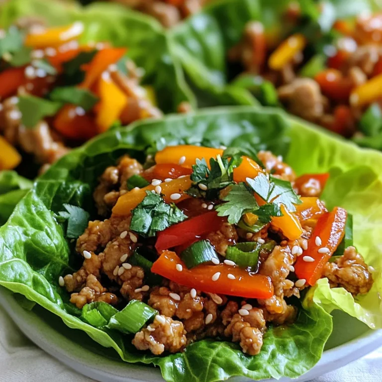 - 1 pound ground chicken - 1 tablespoon olive oil - 1 red bell pepper, diced - 1 cup shredded carrots - 3 green onions, sliced - 1/4 cup sweet chili sauce - 1 tablespoon soy sauce - 1 tablespoon rice vinegar - 1 teaspoon minced garlic - 1 teaspoon ginger powder - Lettuce leaves (iceberg or romaine) These ingredients form the base of your wraps. Ground chicken gives a juicy bite. The red bell pepper adds color and crunch. Shredded carrots bring sweetness and texture. Green onions offer a mild onion flavor, making each bite fresh. - Chopped cilantro - Sesame seeds Cilantro adds a fresh taste. Sesame seeds give a nice crunch. Feel free to skip them or add your favorites. - Large skillet - Wooden spoon - Mixing bowl A large skillet is key for cooking the chicken. A wooden spoon helps break up the meat. The mixing bowl is perfect for combining sauces. With these tools, you can cook and mix easily. {{ingredient_image_1}} Start by heating one tablespoon of olive oil in a large skillet. Use medium heat for this. Once the oil is hot, add one pound of ground chicken. Break it apart with a wooden spoon as it cooks. Stir often until it is fully browned. This takes about five to seven minutes. Make sure there is no pink left in the meat. Next, add the diced red bell pepper, shredded carrots, and sliced green onions to the skillet. Stir-fry the mixture for about three to four minutes. You want the vegetables to become tender but still crisp. Stir often to ensure even cooking. The colors should brighten and the aroma will fill your kitchen. In a small bowl, combine the sweet chili sauce, soy sauce, rice vinegar, minced garlic, and ginger powder. Mix well until smooth. Pour this sauce over the chicken and vegetable mixture in the skillet. Stir everything together thoroughly. Cook for an additional two to three minutes, allowing the flavors to blend. The sauce will thicken slightly and coat the chicken and veggies nicely. For lettuce wraps, I like to use iceberg or romaine. Iceberg gives a nice crunch, while romaine adds some flavor. Look for fresh and crisp leaves. Avoid any wilted or brown edges. You want whole leaves that hold well. When you pick them, check their weight. Heavier leaves are usually fresher. Always wash the lettuce before using. This step removes dirt and helps keep your meal safe. When cooking ground chicken, use medium heat. This helps to brown the meat without burning it. Break the meat apart with a wooden spoon. This keeps it from clumping together. Make sure to cook it until it's no longer pink. This step is key for food safety. Stir the chicken often to cook evenly. Adding vegetables early helps keep the chicken moist and adds flavor. You can boost the flavor of your sweet chili chicken in many ways. Try adding more garlic for a stronger taste. Fresh herbs like cilantro or basil can brighten up the dish. A squeeze of lime juice adds a zesty touch. If you want heat, add sliced chili peppers or a dash of hot sauce. For a nutty flavor, sprinkle some chopped peanuts or cashews on top. These ideas can make your lettuce wraps even more delicious! Pro Tips Choose the Right Lettuce: Opt for sturdy lettuce like romaine for better support of the filling, or use iceberg for a classic crunch. Customize Your Sauce: Feel free to adjust the sweetness or spice level of the sauce by adding more chili sauce or a dash of hot sauce. Prep Ahead: You can prepare the chicken filling in advance and store it in the refrigerator for up to 3 days, making quick meals easy. Garnish for Flavor: Don't skip the garnishes! Fresh cilantro and sesame seeds add not only flavor but also visual appeal to your wraps. {{image_2}} You can easily make these wraps vegetarian. Use cooked quinoa or lentils instead of ground chicken. These options add texture and protein. You can also use mushrooms for a meaty bite. For a vegan sauce, swap sweet chili sauce with a homemade version using maple syrup and chili flakes. If you want to try different proteins, turkey works well. Ground turkey has a mild flavor that pairs great with sweet chili sauce. Tofu is another fantastic choice. Use firm or extra-firm tofu, diced and sautéed until golden. This adds a nice crunch and absorbs flavors well. To enhance the flavor, add water chestnuts for crunch. They bring a nice texture to the wraps. You might also try adding a splash of lime juice. This brightens up the dish nicely. Fresh herbs like basil or mint can make your wraps more fragrant and tasty. Feel free to experiment and find your perfect mix! To keep your sweet chili chicken fresh, store leftovers in an airtight container. Make sure to cool the chicken mixture before sealing. This helps prevent excess moisture, which can make it soggy. You can keep it in the fridge for up to three days. If you have leftover lettuce, store it separately to maintain its crispness. When ready to eat, reheat the chicken mixture on the stove. Place it in a skillet over medium heat. Stir often until it's heated through. You can also use a microwave. Heat in 30-second intervals, stirring each time. This way, you avoid hot spots and ensure even heating. You can freeze the chicken mixture if you want to save it for later. Use a freezer-safe container or bag. Be sure to label it with the date. The chicken can last up to three months in the freezer. To thaw, move it to the fridge overnight. Reheat it on the stove before serving. Enjoy your wraps fresh! Yes, you can use other sauces. Teriyaki or hoisin sauce works well too. These sauces add unique flavors to the chicken. You can mix sauces to find what you like best. Just keep the sweetness in mind. Sweet chili sauce gives a nice balance. Iceberg and romaine are the best choices for wraps. Iceberg has a nice crunch and holds the filling well. Romaine is also sturdy, plus it has a bit of a sweet taste. Both lettuces add a fresh feel to your dish. You can also try butter lettuce for a softer wrap. To add spice, try adding sriracha or chili flakes. You can mix these into the sauce. Start small and taste as you go. If you want more heat, add extra ginger or even jalapeños. This way, you can control how spicy it gets. Sweet chili chicken lettuce wraps are simple and fun to make. We covered the main ingredients, cooking steps, and tips to up your flavor game. Whether you're going vegetarian or trying different proteins, there's a wrap for you. Always store leftovers properly for future meals. I hope you feel ready to create a delicious dish that everyone will enjoy. With these tips, you can make tasty wraps that stand out. Enjoy cooking and experimenting with this easy recipe!