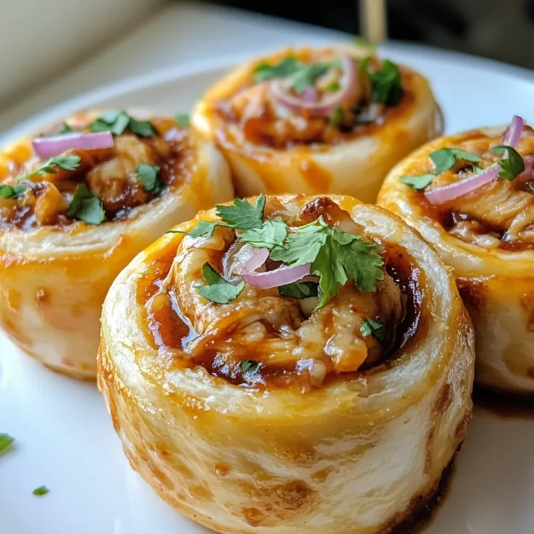 - 1 cup cooked chicken, shredded - 1/2 cup BBQ sauce - 1 cup mozzarella cheese, grated - 1/2 cup red onion, finely chopped - 1/4 cup cilantro, chopped (plus extra for garnish) - 1 teaspoon garlic powder - 1 teaspoon onion powder - 1 package of refrigerated pizza dough (about 13.8 oz) - Olive oil, for brushing - Salt and pepper, to taste For these BBQ chicken pizza rolls, we need some tasty ingredients. Start with one cup of cooked chicken, shredded. You can use leftover chicken or rotisserie chicken for quick prep. Next, grab half a cup of BBQ sauce. This gives our rolls a sweet and tangy flavor. We need one cup of grated mozzarella cheese. It melts beautifully and adds creaminess. Then, use half a cup of finely chopped red onion. This adds crunch and sharpness. Don’t forget the quarter cup of chopped cilantro. It brings freshness to the rolls. For seasoning, add one teaspoon each of garlic powder and onion powder. These spices elevate the overall taste. We will also use one package of refrigerated pizza dough, which makes this recipe easy. A little olive oil is great for brushing on the rolls, helping them turn golden brown. Finally, salt and pepper will help bring all the flavors together. With these ingredients, you are ready to make a delicious snack that everyone will love! {{ingredient_image_1}} First, set your oven to 400°F (200°C). This heat will help cook the pizza rolls evenly. While the oven heats, prepare your baking sheet with parchment paper. The paper will help the rolls not stick and make cleanup easy. Next, grab a mixing bowl. Combine 1 cup of shredded chicken, 1/2 cup of BBQ sauce, and 1 cup of grated mozzarella cheese. Add 1/2 cup of finely chopped red onion and 1/4 cup of chopped cilantro. For flavor, sprinkle in 1 teaspoon of garlic powder, 1 teaspoon of onion powder, and a pinch of salt and pepper. Mix everything well. This step ensures all flavors blend nicely for each bite. Now, roll out the refrigerated pizza dough on a lightly floured surface. Aim for a rectangle about 1/4 inch thick. Spread the chicken and cheese mixture evenly over the dough, leaving a small border around the edges. Start rolling the dough from one long side into a tight log. Pinch the seams to seal so the filling stays inside. Slice the rolled dough into 1-inch pieces. Place them on the parchment-lined baking sheet. Brush the tops with olive oil and sprinkle a bit of salt. Bake them for 15-20 minutes until they are golden brown and bubbly. Enjoy your delicious BBQ chicken pizza rolls! For the best BBQ chicken pizza rolls, baking gives a great texture. Here are some tips: - Preheat your oven to 400°F (200°C). This helps the rolls cook evenly. - Use parchment paper on your baking sheet. It prevents sticking and makes clean-up easy. - Brush the tops of the rolls with olive oil. This will give them a nice golden color. If you want to try something fun, air frying works well, too. Set your air fryer to 375°F (190°C). Cook them for about 10-12 minutes. You’ll get a crispy outside and soft inside. To make your BBQ chicken pizza rolls even tastier, consider these ideas: - Add a pinch of smoked paprika for a smoky kick. - Try some cayenne pepper if you like heat. - Chopped jalapeños can also add a nice spice. When it comes to BBQ sauce, choose one that fits your taste. A sweeter sauce can balance the salt of the cheese. A tangy sauce adds a zesty touch. Brands like Sweet Baby Ray's or Stubbs are great choices. Serving your pizza rolls well makes them more tempting. Here are some fun ideas: - Garnish with fresh chopped cilantro. It adds color and brightness. - Serve the rolls with a small bowl of ranch or blue cheese dressing. These dips pair well with BBQ flavors. - Add some crunchy veggies like carrot sticks and celery on the side. They offer a nice contrast to the soft rolls. These tips will help you create a delicious and fun snack that everyone will love. Pro Tips Use Leftover Chicken: This recipe is perfect for utilizing leftover rotisserie chicken, saving you time and enhancing the flavor. Customize Your Sauce: Feel free to experiment with different BBQ sauces or even add some hot sauce for an extra kick! Don’t Overfill: To prevent the rolls from bursting during baking, make sure not to overfill them with the chicken mixture. Serve with Dips: Pair these pizza rolls with ranch or extra BBQ sauce for dipping to enhance the flavor experience. {{image_2}} You can easily change the cheese in this recipe. Try using cheddar or pepper jack for a kick. These cheeses melt well and add great flavor. You can also switch proteins. Pulled pork or ground beef works great too. Both give a different taste and texture. If you need gluten-free options, look for gluten-free pizza dough. Many stores sell it. This swap keeps the rolls tasty for everyone. For vegan choices, use plant-based chicken and dairy-free cheese. You can also replace the BBQ sauce with a vegan version. This way, everyone can enjoy these rolls. Want to mix things up? Try an Asian twist! Use teriyaki sauce instead of BBQ sauce. Add green onions and sesame seeds for crunch. For a spicy kick, mix in some hot sauce or jalapeños. These changes can take your pizza rolls to a whole new level. To keep your BBQ chicken pizza rolls fresh, store them in the fridge. Place any leftovers in an airtight container. This helps keep them safe from other smells in the fridge. They will stay good for about three days. If you want to store them for longer, freezing is a great option. First, let the rolls cool completely. Then, wrap each roll tightly in plastic wrap. Place the wrapped rolls in a freezer bag. This way, they can last up to three months in the freezer. When you’re ready to enjoy your pizza rolls again, reheating them is easy. The best method is to use the oven. Preheat your oven to 350°F (175°C). Place the rolls on a baking sheet lined with parchment paper. Heat them for about 10-15 minutes. This method keeps them crispy and warm. To avoid sogginess, don’t microwave them. Microwaving can make them soft and chewy. If you must use a microwave, place a paper towel under the rolls. This helps absorb moisture and keeps them from getting too soggy. BBQ chicken pizza rolls last about 3 to 4 days in the fridge. To keep them fresh, store them in an airtight container. This helps to prevent them from drying out. If you want to enjoy them longer, consider freezing them. Yes, you can prepare BBQ chicken pizza rolls ahead of time. Mix all your ingredients and roll the dough. Then, wrap the rolls in plastic wrap. Store them in the fridge for up to 24 hours before baking. When you're ready to bake, just preheat your oven and follow the baking steps. These tasty rolls pair well with a variety of sides. Try serving them with fresh salad or veggie sticks. You could also offer dips like ranch or blue cheese. For drinks, lemonade or iced tea can be refreshing options. To add some heat, mix in diced jalapeños or crushed red pepper flakes. You can also use a spicy BBQ sauce. Just balance the heat with some extra cheese or sour cream to cool it down. This way, you get a nice kick without overwhelming your taste buds. In this post, we covered how to make BBQ chicken pizza rolls. You learned about key ingredients, easy steps, and tips for great flavor. We also explored variations and storage options to keep your rolls fresh. Remember, you can swap ingredients to fit your taste. Have fun with flavors and enjoy this simple recipe. You’ll impress your friends and family with these tasty rolls. Make them your own, and share joy through food!