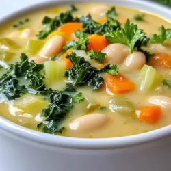 To create a truly delightful Creamy Tuscan White Bean Soup, you need a few simple ingredients. Each one plays a vital role in building flavor. Here’s what you will need: - 2 cans (15 oz each) white beans (cannellini or great northern), drained and rinsed - 1 medium onion, finely chopped - 2 carrots, diced - 2 celery stalks, diced - 3 cloves garlic, minced - 4 cups low-sodium vegetable broth - 1 cup coconut milk (or heavy cream) - 2 cups kale, chopped - 1 teaspoon dried thyme - 1 teaspoon dried oregano - 1 teaspoon smoked paprika - Salt and pepper to taste - 2 tablespoons olive oil - Fresh parsley, chopped (for garnish) These ingredients combine to create a rich and creamy soup. The white beans provide protein and creaminess. The garlic, onion, and herbs add depth and warmth. The kale gives the soup a fresh touch. Choosing coconut milk or heavy cream allows you to adjust the richness to your liking. Each ingredient works in harmony, ensuring your soup is savory and satisfying. Enjoy the process of gathering these ingredients; they will transform your kitchen into a Tuscan haven. {{ingredient_image_1}} - Sautéing the base vegetables: Start by heating 2 tablespoons of olive oil in a large pot over medium heat. Add 1 chopped onion, 2 diced carrots, and 2 diced celery stalks. Cook for 5-7 minutes until the veggies soften. - Adding herbs and spices: Next, add 3 minced garlic cloves, 1 teaspoon of dried thyme, 1 teaspoon of oregano, and 1 teaspoon of smoked paprika. Cook for another 1-2 minutes until the spices smell great. - Simmering the soup with beans and broth: Now, stir in 2 cans of drained and rinsed white beans and 4 cups of low-sodium vegetable broth. Bring this mix to a gentle boil, then lower the heat and let it simmer for 15 minutes. - Using an immersion blender versus a regular blender: For blending, I prefer using an immersion blender. It’s easy and quick. Just blend the soup until creamy, but keep some beans intact for texture. If you don't have one, pour half of the soup into a regular blender. Blend it smooth, then mix it back into the pot. - Stirring in coconut milk and kale: After blending, stir in 1 cup of coconut milk and 2 cups of chopped kale. Let it simmer for another 5 minutes. This will help the kale wilt and the flavors blend nicely. - Garnishing and serving suggestions: Finally, season the soup with salt and pepper to taste. Serve it in bowls and sprinkle with fresh chopped parsley for a lovely touch. Enjoy your creamy Tuscan white bean soup! To make this soup taste great, adjust the seasoning. Start with salt and pepper. Taste the soup as it cooks. You can always add more salt later. For a twist, use different herbs. Try basil or rosemary for a fresh touch. Smoked paprika adds a nice depth, too. The creamy texture is key. Blend the soup only partially. Leave some beans and veggies whole for bites. If you over-blend, it will become too smooth. You want a mix of creaminess and texture. Need a faster meal? Use pre-chopped vegetables. You can also cook the soup in a pressure cooker. It will save you time and still taste great. For meal prep, make a large batch. Store it in portions for easy lunches or dinners. This soup freezes well, too! Pro Tips Use Fresh Herbs: Fresh herbs can elevate the flavor profile of your soup, so consider adding fresh thyme or parsley just before serving for a vibrant touch. Enhance Creaminess: For an extra creamy texture, blend in a bit more coconut milk or heavy cream after cooking, adjusting to your desired richness. Texture Variation: To add more texture, reserve some of the sautéed vegetables before blending and stir them back into the soup after blending. Serve with Bread: This soup pairs wonderfully with crusty bread or a side salad, making for a hearty and satisfying meal. {{image_2}} You can easily make a vegan version of this creamy Tuscan white bean soup by using coconut milk instead of heavy cream. Coconut milk adds a rich flavor and keeps the soup light. It also fits well with the other ingredients. For gluten-free options, simply ensure the vegetable broth is labeled gluten-free. This way, everyone can enjoy the soup without worry. Want to boost the flavor? Consider adding proteins like chicken or sausage. These can bring a hearty touch to the soup. Just cook the meat separately first, then mix it in before serving. You can also add seasonal vegetables. Try zucchini, spinach, or bell peppers. These will not only enhance the taste but also add color and nutrients. This soup pairs well with crusty bread or a fresh salad. The bread can soak up the creamy soup, making each bite more enjoyable. For a full meal, serve it with a side salad topped with vinaigrette. If you have leftovers, store them in the fridge for a simple meal later. This soup tastes even better the next day! Store your Creamy Tuscan White Bean Soup in an airtight container. Let the soup cool down before placing it in the fridge. When stored properly, it lasts for about 4 to 5 days. Always check for any signs of spoilage like off smells or changes in color. To freeze the soup, let it cool completely first. Then, pour the soup into freezer-safe containers. Leave some space at the top for expansion. The soup freezes well for up to 3 months. When you're ready to eat, move it to the fridge overnight to thaw. You can reheat your soup on the stovetop or in the microwave. For stovetop, heat it gently on medium-low. Stir often to avoid burning. In the microwave, heat in short intervals, stirring in between. If the soup seems thick after freezing, add a splash of broth or water to adjust the texture. Yes, you can use fresh beans! If you choose this route, soak the dried beans overnight. After soaking, cook them until soft. This may take 1-2 hours. Then, follow the rest of the recipe as usual. Fresh beans can add a nice texture to the soup. To add some heat, try adding red pepper flakes. Start with a pinch and taste as you go. You can also add diced jalapeños or a splash of hot sauce. This will give your soup a nice kick without overpowering the flavors. Definitely! Spinach works well as a substitute. You can also use Swiss chard or collard greens. Just remember to chop them up and add them at the same time as the kale. They will wilt quickly and add great flavor. This soup pairs well with crusty bread or a simple salad. A fresh green salad with lemon dressing adds brightness. You can also serve it with a grilled cheese sandwich for a comforting meal. Both options complement the soup very well. To thicken your soup, you can blend more of the beans. Use an immersion blender to puree more of the mixture. Another option is to add a few tablespoons of cornstarch mixed with water. Stir it in and let the soup simmer until it thickens. This blog post covered how to make a tasty Creamy Tuscan White Bean Soup. I shared the ingredients, steps to cook, and tips to get it just right. You can add your own twist with spices or proteins. Remember, preparing your soup can be fun and easy. Proper storage keeps it fresh for later. Enjoy creating a warm bowl of this soup, perfect for any meal! Now, it's time to gather your ingredients and start cooking!