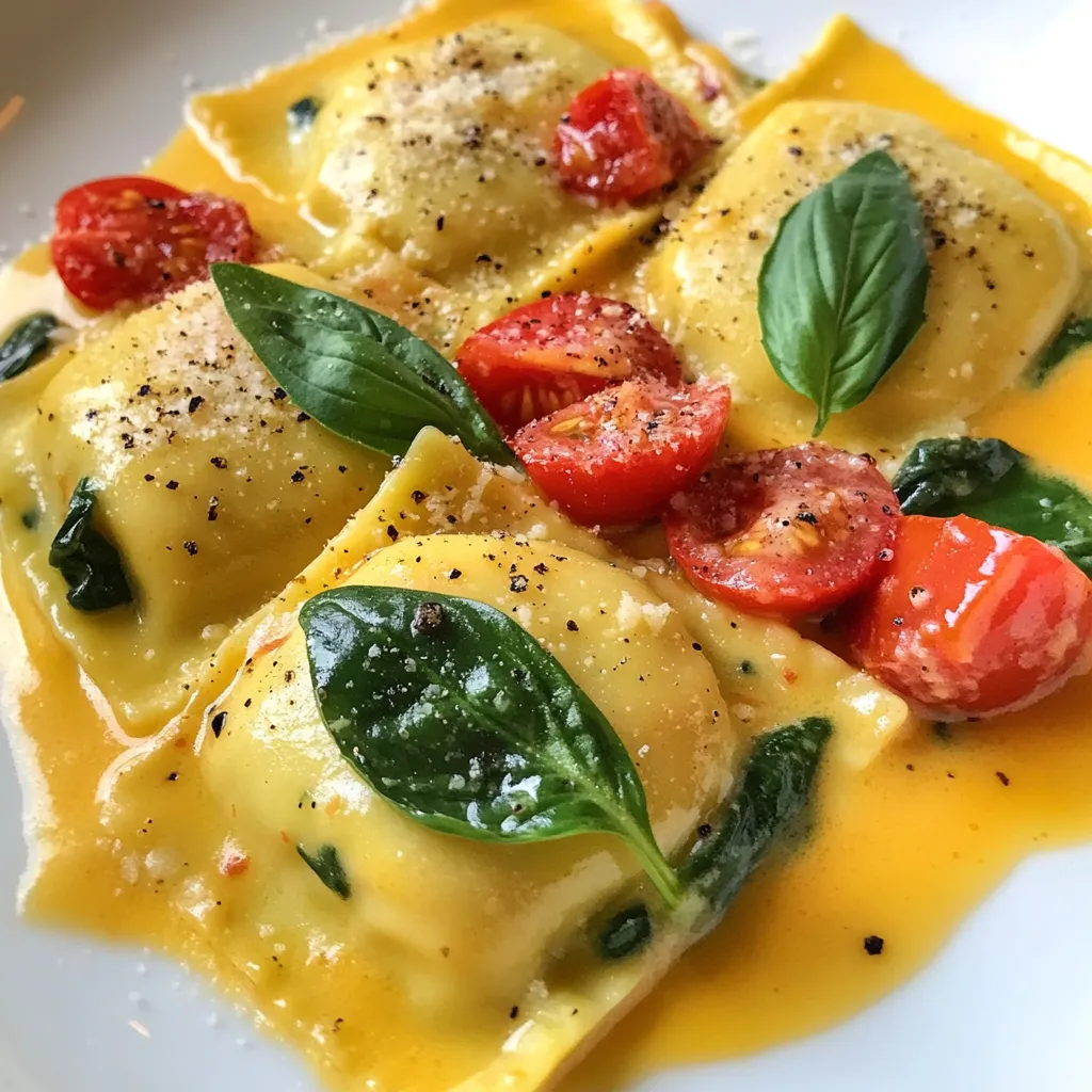 - 12 oz fresh or frozen cheese ravioli - 2 tablespoons olive oil - 3 cloves garlic, minced - 1 can (14 oz) diced tomatoes, drained - 1 cup fresh spinach, chopped The ravioli forms the heart of this dish. You can use fresh or frozen cheese ravioli based on your preference. Olive oil and minced garlic add depth to the flavor. Diced tomatoes provide a juicy base, while chopped spinach adds color and nutrition. - 1 cup heavy cream - 1/2 cup grated Parmesan cheese Heavy cream makes the sauce rich and smooth. It blends perfectly with the tomatoes. Grated Parmesan cheese adds a salty and nutty flavor. Together, they create a creamy texture that coats the ravioli beautifully. - 1 teaspoon Italian seasoning - Salt and pepper to taste - Fresh basil leaves for garnish Italian seasoning brings warmth and a hint of herbs to the dish. Salt and pepper enhance all the flavors. Fresh basil leaves are a lovely garnish that adds a burst of freshness. They also make the dish look appealing when served. {{ingredient_image_1}} Start by boiling a large pot of salted water. Make sure the water has a good amount of salt, as it helps flavor the ravioli. Once the water is boiling, gently drop in the ravioli. Cook them according to the package instructions until they are al dente. This usually takes about 4-6 minutes for fresh ravioli. If you use frozen ones, it may take a bit longer. Once the ravioli are cooked, carefully drain them in a colander. Make sure to let all the water escape. After draining, set the ravioli aside. They will wait in a bowl while you prepare the sauce. In a large skillet, pour in 2 tablespoons of olive oil and heat it over medium heat. After a minute, add 3 cloves of minced garlic. Sauté the garlic for about 1 minute. You want it to be fragrant but not brown. Next, take a 14-ounce can of diced tomatoes, drained of excess juice, and add it to the skillet. Stir and cook this mixture for 2-3 minutes. This allows the flavors to meld well together. Now, add 1 cup of chopped fresh spinach to the skillet. Stir it in and wait about 2 minutes until the spinach wilts. This adds a nice color and nutrition to the sauce. Reduce the heat to low and slowly stir in 1 cup of heavy cream. Mix it until everything is well combined and warmed through. Sprinkle in ½ cup of grated Parmesan cheese along with 1 teaspoon of Italian seasoning, salt, and pepper to taste. Stir until the cheese melts and the sauce turns creamy. Gently fold the cooked ravioli into the sauce. Make sure each piece is well-coated. If the sauce seems a bit thick, you can add a splash of pasta water to loosen it. Heat the mixture for an additional minute if needed. For serving, place the ravioli on a large plate. Drizzle some extra creamy sauce over the top. Finally, add fresh basil leaves as a garnish for a touch of freshness. Enjoy this delightful dish! To ensure your ravioli is al dente, boil water with a pinch of salt. Add the ravioli once the water is bubbling. Cook according to package instructions. Check a piece to see if it has a slight bite. Drain them gently and set aside. When sautéing garlic, heat olive oil over medium heat. Add minced garlic and stir often. Cook for about one minute until you smell the garlic's aroma. Be careful not to let it brown. Browned garlic can taste bitter. For an appealing dish, serve the ravioli on a large, flat plate. Drizzle some extra creamy sauce over the ravioli for a gourmet look. Sprinkle more grated Parmesan on top. Fresh basil leaves not only add flavor but also a pop of color. Consider using a shallow bowl for a more elegant presentation. This will showcase the sauce and toppings beautifully. You can also add a side salad for a colorful touch. For leftover storage, place the ravioli in an airtight container. Keep them in the fridge for up to three days. Make sure to store the sauce separately to keep it creamy. To reheat, warm the ravioli gently on the stovetop. Add a splash of cream to the sauce to revive its texture. If using a microwave, heat in short bursts, stirring in between. Enjoy your delicious meal again! Pro Tips Use Fresh Ingredients: Fresh spinach and high-quality tomatoes will elevate the flavor of your dish significantly. Adjust Creaminess: For a lighter sauce, substitute half of the heavy cream with vegetable or chicken broth. Perfect Pasta Water: Adding salt to the boiling water enhances the flavor of the ravioli; don’t skip this step! Garnish Wisely: Fresh basil not only adds a pop of color but also enhances the aroma and taste of your ravioli. {{image_2}} You can mix up this dish with different noodles. Try using tortellini or even whole wheat pasta. If you want a lighter sauce, you can replace heavy cream with half-and-half or a plant-based milk. If you like protein, adding cooked chicken or shrimp can boost the flavor and make it more filling. Herbs and spices can change the taste of your dish. Try adding fresh thyme or rosemary for a new twist. You can also mix in some red pepper flakes if you enjoy a bit of heat. To make it healthier, toss in extra veggies like bell peppers or mushrooms. They add both flavor and nutrition. You can easily modify this recipe to fit your diet. For a vegetarian version, make sure your cheese ravioli has no meat. If you want it vegan, use a vegan cream and cheese. For gluten-free options, choose gluten-free ravioli. There are many great brands out there that taste just as good! To store your creamy tomato spinach ravioli, use airtight containers. Glass or plastic containers work well. Make sure to let the dish cool before sealing. This keeps moisture out and prevents sogginess. In the fridge, your leftovers last for about 3 to 4 days. Always check for any off smells before eating. You can freeze both cooked and uncooked ravioli. If cooked, let them cool completely first. Arrange them in a single layer on a baking sheet. Once frozen, transfer them to a freezer-safe bag. For uncooked ravioli, freeze them on a baking sheet and then move them to a bag. Cooked ravioli can last up to 2 months in the freezer. Uncooked can last about a month. When ready to eat, thaw cooked ravioli in the fridge overnight. Uncooked ravioli can go straight into boiling water without thawing. When reheating, you can use either the microwave or stovetop. For the microwave, place the ravioli in a bowl. Add a splash of cream or water, then cover. Heat in short bursts, stirring in between. On the stovetop, warm the ravioli in a pan. Add a bit of sauce to keep it creamy. This helps avoid dryness. Always check the temperature before serving. Enjoy your delicious meal again! To make homemade ravioli, you need a few simple steps: 1. Make the dough: Mix flour and eggs to create a smooth dough. Knead it for about 10 minutes. 2. Roll the dough: Use a pasta machine or a rolling pin to flatten the dough to a thin sheet. 3. Cut the dough: Use a knife or a round cutter to create squares or circles. 4. Fill the ravioli: Place a small scoop of filling on half of the dough pieces. 5. Seal the ravioli: Fold the dough over the filling and press the edges to seal. 6. Cook the ravioli: Boil them in salted water until they float, about 3-4 minutes. Making ravioli at home is fun and rewarding. You can choose any filling you love. Yes, you can prepare this dish ahead of time. Here are some tips: - Make the sauce: Cook the creamy tomato sauce and let it cool. Store it in the fridge for up to three days. - Cook the ravioli: Cook the ravioli and toss them in a bit of olive oil. This prevents sticking. - Combine before serving: When ready to serve, heat the sauce and add the ravioli. This keeps everything fresh and warm. Making this dish in advance saves time on busy nights. You can enjoy creamy tomato spinach ravioli with several tasty sides: - Garlic bread: A crunchy, buttery treat complements the dish well. - Salad: A fresh green salad adds a nice crunch and balance. - Wine: A glass of white wine, like Chardonnay, pairs nicely with the creamy sauce. These sides enhance the meal and make it a delightful dining experience. This article shows how to make delicious creamy tomato spinach ravioli. Start with fresh or frozen cheese ravioli and a few simple ingredients. You get tips on cooking, storing leftovers, and making fun variations. Making this dish is easy and rewarding. Whether you enjoy it now or store it for later, you have a tasty meal ready. Try different herbs or proteins to mix things up. Enjoy your cooking adventure!