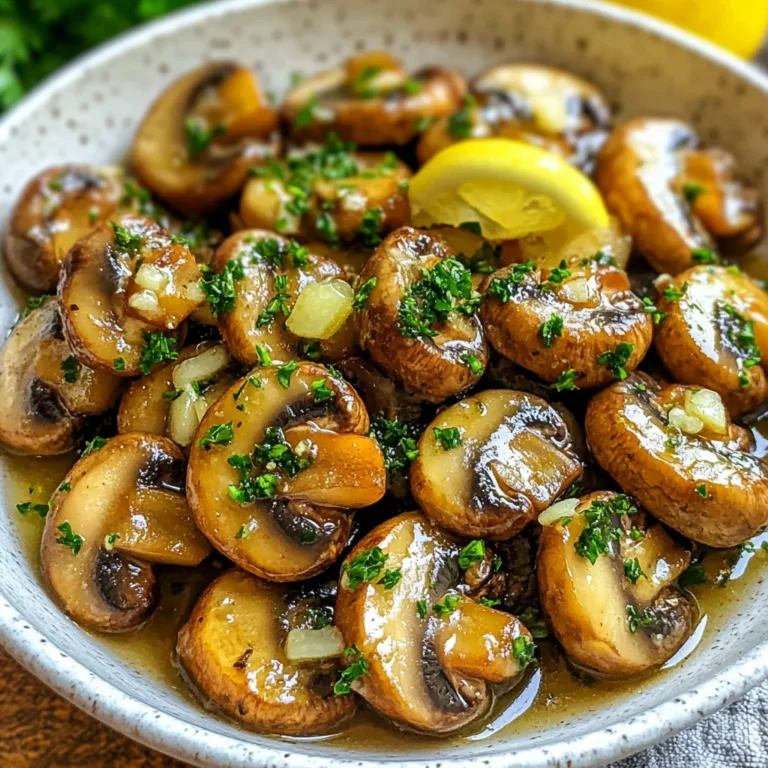 To make garlic butter mushrooms, you need: - 500g fresh button mushrooms, cleaned and stems trimmed - 4 tablespoons unsalted butter - 4 cloves garlic, minced - 2 tablespoons fresh parsley, finely chopped - 1 tablespoon lemon juice - Salt and pepper to taste - Pinch of red pepper flakes (optional for heat) If you don’t have some ingredients, here are a few swaps: - Use olive oil instead of butter for a lighter option. - Any type of mushroom works, like cremini or shiitake. - Swap parsley with basil or thyme for a different flavor. - For a vegan version, replace butter with vegan margarine. When choosing mushrooms, look for these signs of freshness: - Choose mushrooms that are firm and plump. - Check for a smooth, clean surface. - Avoid mushrooms with dark spots or moisture. - Smell them; they should have a fresh, earthy scent. - Buy from a trusted source for the best quality. {{ingredient_image_1}} Start with 500 grams of fresh button mushrooms. Clean them under cold water gently. Make sure to trim the stems. Dry them well with a paper towel. This step is key. Wet mushrooms won’t brown well. Heat 4 tablespoons of unsalted butter in a large skillet. Set the heat to medium. Wait until the butter melts and bubbles. Then, add 4 minced garlic cloves. Sauté for one minute. Keep an eye on the garlic so it doesn’t burn. Next, increase the heat to medium-high. Add the cleaned mushrooms to the skillet. Sauté for 5 to 7 minutes. Stir occasionally until they turn golden brown and tender. Once the mushrooms are cooked, season them with salt, pepper, and optional red pepper flakes for heat. Stir well to mix all flavors. Remove the skillet from the heat. Add 2 tablespoons of fresh parsley and 1 tablespoon of lemon juice. This adds a nice, bright touch. Taste the mushrooms. Adjust the seasoning if needed. You can add more salt or lemon juice. Serve them warm and enjoy the rich garlic butter flavor! To get the best flavor from your mushrooms, use a large skillet. The heat needs to circulate. Start with medium heat to melt the butter. Make sure the butter is hot but not burned. Add the garlic first to bring out its taste. After a minute, add the mushrooms. They should sizzle when they hit the pan. Stir them every few minutes to avoid burning. This helps them brown evenly. For extra flavor, add a pinch of red pepper flakes. This gives a nice kick. You can also try adding thyme or rosemary. Fresh herbs add depth and aroma. If you want a bit of tang, squeeze more lemon juice at the end. It brightens the dish and balances the rich butter. Always taste as you go. Adjust salt and pepper to your liking for the best results. One mistake is overcrowding the pan. If you add too many mushrooms, they will steam instead of sauté. This makes them soggy. Another mistake is cooking at too low heat. This prevents the mushrooms from browning nicely. Lastly, avoid adding seasoning too early. The salt can draw out moisture and make them watery. Season at the end for the best texture and flavor. Pro Tips Choose Fresh Mushrooms: Always opt for fresh, firm mushrooms for the best flavor and texture. Avoid any that are slimy or have dark spots. Control the Heat: Sauté the garlic over medium heat to prevent burning; burnt garlic can turn bitter and ruin the dish. Enhance Flavor with Acidity: A splash of lemon juice brightens the dish; consider adding a splash of white wine for an extra depth of flavor. Serving Suggestions: Pair these mushrooms with crusty bread, pasta, or as a topping for grilled meats for a delightful meal. {{image_2}} You can change the flavor by adding herbs and spices. Try thyme or rosemary for a warm taste. Oregano gives a nice twist, too. For a kick, add a bit of cayenne pepper. Fresh herbs add a bright touch. Mix in basil for a fresh summer vibe. You can even use dill for a unique flavor. Button mushrooms are great, but other kinds work well, too. You can use cremini mushrooms. They have a deeper flavor. Shiitake mushrooms bring a rich taste and a nice chew. Portobello mushrooms are perfect for a meatier bite. You can slice them or use them whole. Each type adds its own charm to the dish. If you're vegan, swap the butter for olive oil or vegan butter. The taste remains rich and delicious. You can also add nutritional yeast for a cheesy flavor. This gives your dish a savory depth. Use the same amounts as in the original recipe. The mushrooms will still shine in this tasty vegan version. After enjoying garlic butter mushrooms, you may have some left. Let them cool down first. Then, place them in an airtight container. Store the container in the fridge. They will stay fresh for about three days. This helps keep the flavors intact. To reheat your mushrooms, use a skillet. Heat it over medium-low heat. Add a small pat of butter to the pan. Once the butter melts, add the mushrooms. Stir them gently until they are warm. This method keeps them tender and tasty. If you want to freeze garlic butter mushrooms, follow these steps. First, let them cool completely. Then, spread them on a baking sheet in a single layer. Freeze for about an hour. After that, transfer them to a freezer bag. Remove as much air as possible. They can last up to three months in the freezer. When you are ready to eat, thaw them in the fridge overnight before reheating. Yes, you can use dried mushrooms. They add great flavor but need soaking. Soak them in warm water for 20 to 30 minutes. After soaking, drain and add them to your dish. Keep in mind, dried mushrooms have a stronger taste than fresh ones. You may need to adjust the amount you use. To clean mushrooms, use a damp cloth or a soft brush. This method removes dirt without adding water. Avoid soaking them in water, as mushrooms absorb it and become soggy. Trim any tough stems with a sharp knife. Keeping them dry helps maintain their flavor and texture. To make garlic butter mushrooms less oily, reduce the butter amount. Start with 2 tablespoons instead of 4. You can also add a splash of vegetable broth for moisture. This keeps the mushrooms juicy without too much fat. Lastly, cook them on medium heat to avoid excess oil. We explored key ingredients for garlic butter mushrooms, plus how to select fresh mushrooms. I shared the step-by-step process, cooking tips, and common mistakes to avoid. Don't forget the variations you can try and how to store extras for later. In closing, making delicious garlic butter mushrooms is easy with these tips. Enjoy experimenting and finding your favorite twist!