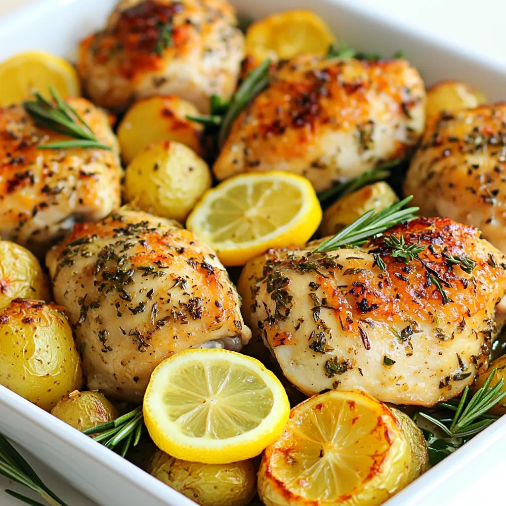 For this dish, you need 4 boneless, skinless chicken breasts. These are lean and cook quickly. They soak up the herb flavors well. You can also use other chicken parts if you prefer. Just adjust the cooking time as needed. You will use 1 pound of baby potatoes, halved. Baby potatoes are perfect because they cook evenly. Their creamy texture pairs well with the chicken. You can use regular potatoes, but cut them into smaller pieces to match the cook time. The magic comes from the herbs and seasonings. You need: - 6 garlic cloves, minced - 2 tablespoons fresh rosemary, chopped - 2 tablespoons fresh thyme, chopped - 1 teaspoon paprika - Salt and pepper to taste These add flavor that makes each bite special. Fresh herbs bring brightness that dried herbs can’t match. The garlic gives a nice punch, while paprika adds warmth. For a touch of color, consider garnishing with fresh parsley. You can also add lemon slices on top of the chicken. They add a bright, zesty flavor. Just remember, garnishes are not necessary but they do make the dish pop! {{ingredient_image_1}} First, set your oven to 400°F (200°C). This step warms it up for baking. Next, gather your ingredients. You will need chicken, potatoes, olive oil, garlic, herbs, and spices. It helps to have everything ready before you start cooking. Take 1 pound of baby potatoes and cut them in half. This way, they cook faster. In a big bowl, add the halved potatoes, 2 tablespoons of olive oil, half of the minced garlic, salt, and pepper. Toss the potatoes well so they are all coated. Spread them out in a single layer on a large baking sheet. This helps them cook evenly. In the same bowl, add 4 boneless, skinless chicken breasts. Drizzle the remaining 2 tablespoons of olive oil over them. Add the rest of the minced garlic, chopped rosemary, thyme, paprika, salt, and pepper. Rub this mixture all over the chicken. Make sure it is well coated for great flavor. Place the seasoned chicken on the baking sheet next to the potatoes. Arrange lemon slices on top of both the chicken and potatoes. This adds a nice zing. Bake everything in the preheated oven for 25 to 30 minutes. Check if the chicken is fully cooked and the potatoes are tender. After baking, you can broil for 2 to 3 minutes for a crispy finish. Remove the baking sheet from the oven. Let the dish rest for 5 minutes. This helps the juices settle. Garnish with fresh parsley before serving. Enjoy your meal with a side salad or steamed veggies for a complete dinner! To get juicy chicken, use a meat thermometer. Aim for 165°F (74°C) in the thickest part. This ensures your chicken cooks just right. Let the chicken rest for five minutes after baking. This helps keep it moist and tender. Feel free to change the herbs to suit your taste. If you like it spicy, add red pepper flakes. For a different twist, try using lemon zest in place of lemon slices. You can also swap fresh herbs for dried ones. Just use less, as dried herbs pack more flavor. For crispy potatoes, cut them smaller. This allows them to cook faster and get crispier. Toss them in olive oil and seasonings well. Spread them out evenly on the baking sheet. This prevents steaming and helps them brown nicely. If you want extra crunch, broil them for a few minutes at the end. Pro Tips Use Fresh Herbs: Fresh herbs like rosemary and thyme enhance the flavor significantly compared to dried ones. Always try to use fresh when possible for the best results. Check Chicken Temperature: To ensure your chicken is perfectly cooked, use a meat thermometer. The internal temperature should reach 165°F (75°C). Potato Size Matters: Halving baby potatoes ensures they cook evenly and absorb the flavors from the chicken and herbs better. Let It Rest: Allowing the chicken to rest for a few minutes after baking helps retain its juices, resulting in a more tender and juicy bite. {{image_2}} You can switch herbs based on your taste. If you lack rosemary or thyme, try basil or oregano. Both add a fresh flavor to the chicken. Use about 2 tablespoons of either. Dried herbs work too. Use 1 tablespoon of dried herbs instead of fresh. You can add more veggies to the dish. Carrots and bell peppers work great. Just chop them into bite-sized pieces. Toss them with the potatoes for extra color and flavor. Broccoli or green beans can also add a healthy crunch. You can cook this meal in different ways. Grilling gives a smoky flavor. Just marinate the chicken and veggies before grilling. Slow-cooking makes everything tender. Place all ingredients in a slow cooker and cook on low for 6-8 hours. Both methods keep the dish tasty and fun. You can store leftover Garlic Herb Chicken and Potatoes in the fridge. Place the chicken and potatoes in an airtight container. This keeps them fresh for up to three days. Make sure to let them cool before sealing. Label the container with the date. This helps you remember when you made it. Freezing is a great option if you want to save your meal for later. First, let the dish cool completely. Then, use a freezer-safe container or bag. Remove as much air as possible to prevent freezer burn. You can freeze the chicken and potatoes for up to three months. When ready to eat, thaw it in the fridge overnight. To reheat, use the oven for best results. Preheat your oven to 350°F (175°C). Place the chicken and potatoes in a baking dish. Cover with foil to keep them moist. Heat for about 20 minutes, or until warmed through. You can also use a microwave for quicker reheating. Just cover the dish and heat in short bursts, stirring in between. This helps avoid hot spots. Yes, you can use bone-in chicken. The cooking time will change. Bone-in chicken takes longer to cook than boneless. Make sure to check the internal temperature. It should reach 165°F (74°C) to be safe to eat. Adjust the baking time to about 35-45 minutes. This dish goes well with many sides. Try a simple green salad or steamed veggies. Roasted carrots or green beans add color and flavor. You can also serve it with rice or quinoa for a fuller meal. These sides balance the garlic and herbs nicely. Check the thickest part of the chicken. Use a meat thermometer for the best results. The chicken is safe to eat when it reaches 165°F (74°C). If you don’t have a thermometer, cut into the chicken. The meat should be white, not pink. Yes, this recipe is great for meal prep. You can cook a batch and store it in the fridge. Divide the chicken and potatoes into containers. They keep well for up to four days. This makes it easy to grab a healthy meal during the week. This blog post covered how to make delicious garlic herb chicken and potatoes. You learned about the key ingredients, from chicken and potatoes to herbs and seasonings. I shared easy step-by-step instructions to prep, cook, and serve. You also found tips for perfect chicken and ways to mix it up. Remember, storing leftovers well keeps them fresh for later. With these insights, you can create a tasty meal your family will love. Enjoy cooking and make this recipe your own!
