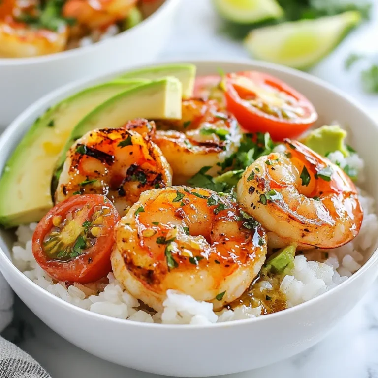 For this dish, you will need: - 1 pound large shrimp, peeled and deveined - 1 cup coconut milk - 2 tablespoons lime juice - Zest of 1 lime - 1 tablespoon honey or maple syrup - 1 teaspoon garlic powder - 1 teaspoon ginger powder - ½ teaspoon salt - ½ teaspoon black pepper - 2 cups cooked jasmine rice - 1 cup cherry tomatoes, halved - 1 avocado, sliced - ¼ cup fresh cilantro, chopped - Lime wedges for serving These ingredients blend to create a fresh, bright flavor that makes each bite amazing. You can boost your bowls with fun add-ins! Try these: - Sliced radishes for crunch - Shredded coconut for texture - Chopped green onions for a mild onion taste - Sliced jalapeños for a spicy kick These options let you customize your dish and make it uniquely yours. To make this recipe, you need: - A mixing bowl for the marinade - A non-stick skillet for cooking shrimp - Measuring spoons for accuracy - A sharp knife for cutting veggies - A cutting board for prep Having these tools ready will make your cooking time smooth and enjoyable. {{ingredient_image_1}} To start, grab a bowl. In it, mix one cup of coconut milk, two tablespoons of lime juice, and the zest of one lime. Add one tablespoon of honey or maple syrup for sweetness. Then, sprinkle in one teaspoon of garlic powder and one teaspoon of ginger powder. Don’t forget to add half a teaspoon of salt and black pepper. Whisk it all together until smooth. Now, add one pound of peeled and deveined shrimp into the bowl. Make sure each shrimp gets coated in the marinade. Cover the bowl and let it sit for at least 15 minutes. Heat a non-stick skillet over medium heat. When it’s hot, add the marinated shrimp. Cook them for about 2-3 minutes on each side. You will know they are done when they turn pink and opaque. Be careful not to overcook them. Overcooked shrimp can become tough. Once cooked, remove the shrimp from the skillet. Now it's time to build your bowls! Scoop about half a cup of cooked jasmine rice into each bowl. Next, place the cooked shrimp on top of the rice. Add a handful of halved cherry tomatoes and some sliced avocado on the side. If you want, drizzle any leftover coconut-lime marinade over the shrimp. Finally, sprinkle chopped cilantro on top for freshness. Serve with lime wedges on the side for that extra zing! To cook shrimp just right, timing is key. Start with large shrimp for the best texture. When the shrimp turn pink and opaque, they are done. This usually takes about 2-3 minutes per side. Avoid overcooking, or they will become tough. Keep an eye on them while cooking. Fresh ingredients make all the difference. Use fresh lime juice and zest for a bright taste. Fresh cilantro adds a pop of color and flavor. Try to use ripe avocados for creaminess. Cherry tomatoes should be juicy and sweet. These ingredients boost the dish and make it shine. This recipe is great for meal prep. You can marinate the shrimp a day before. Store the shrimp in the fridge. Cook the shrimp just before serving. You can also prepare your rice ahead of time. Store it in the fridge to keep it fresh. Assemble the bowls when you're ready to eat. Pro Tips Perfect Shrimp Cooking: Ensure the shrimp are cooked just until they turn pink and opaque to avoid overcooking, which can make them rubbery. Marinating Time: For more flavor, consider marinating the shrimp for up to 30 minutes instead of just 15 minutes. Rice Alternative: If you want to switch things up, try using quinoa or cauliflower rice for a different texture and flavor. Freshness Boost: Adding a squeeze of fresh lime juice right before serving can enhance the flavors and provide a refreshing finish. {{image_2}} You can easily swap ingredients in this recipe. If you are allergic to shrimp, try chicken or tofu instead. Both will soak up that tasty coconut-lime flavor. For a low-carb option, use cauliflower rice instead of jasmine rice. This change keeps the dish light and fresh. If you want a vegan version, replace honey with maple syrup. It adds sweetness without animal products. If you like spice, add diced jalapeños or red pepper flakes to the marinade. This will heat things up nicely. You can also include a dash of hot sauce for extra kick. I recommend tasting the marinade first. Adjust the heat to your liking. Remember, a little heat can balance the sweetness of coconut and lime. These bowls are perfect for lunch or dinner. Serve them with a side of crispy tortilla chips for crunch. You can also add a simple salad to bring in more veggies. Try mixing greens with a light vinaigrette to complement the shrimp. For a tropical twist, serve with pineapple slices on the side. Each bite will feel like a mini vacation! To keep your Coconut Lime Shrimp Bowls fresh, store them in airtight containers. Let the shrimp cool before placing them in the fridge. You can store the shrimp and rice separately for best results. Make sure to keep any extra coconut-lime marinade in a separate container. When you are ready to enjoy leftovers, reheat the shrimp gently. You can use a skillet over low heat. Cook them for about 2-3 minutes until warmed through. If using a microwave, heat in short bursts to avoid overcooking. Reheating jasmine rice is easy; just sprinkle some water and cover it. Cooked shrimp can last in the fridge for about 3 days. Jasmine rice can stay fresh for about 4-5 days. Keep your cherry tomatoes and avocado separate from the shrimp to maintain their freshness. The coconut milk can be kept sealed in the fridge for up to a week after opening. Yes, you can use frozen shrimp. Just remember to thaw them first. Place the shrimp in the fridge for a few hours or run them under cold water. This helps them cook evenly. Frozen shrimp may have a bit more water. Pat them dry with a paper towel before marinating. This way, the shrimp will soak up all the tasty coconut lime flavors. This recipe is already dairy-free! The coconut milk adds creaminess without any dairy. If you want to enhance the taste further, add more lime juice or honey. You can also swap in other ingredients like almond milk if you prefer. Just stick with non-dairy options to keep it light and flavorful. Many side dishes go well with these bowls. Here are some ideas: - Grilled pineapple for a sweet touch - Steamed broccoli for a green bite - Quinoa for a nutty flavor - Cucumber salad for a refreshing crunch - Corn on the cob for a summery feel You can mix and match these sides. This adds variety and makes your meal even more fun! Coconut lime shrimp bowls are easy to make and fun to enjoy. You learned about the key ingredients, how to cook the shrimp, and tips for great flavor. I shared ways to customize the recipe for your needs. Remember to store your bowls properly to keep them fresh. Experiment with different ingredients for new tastes. Enjoy making this dish, and share it with others! Each bowl offers a taste of the tropics right at home.