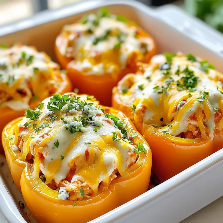 - 4 large bell peppers (any color) - 2 cups shredded cooked chicken - ½ cup buffalo sauce (adjust to taste) - 1 cup cream cheese, softened - 1 cup shredded cheddar cheese - ½ cup blue cheese crumbles (optional) - 1 cup diced celery - 1 teaspoon garlic powder - 1 teaspoon onion powder - Salt and pepper to taste - Fresh parsley or green onions for garnish These ingredients make Buffalo Chicken Stuffed Peppers a tasty meal. Each item plays a key role. The bell peppers hold the filling and add color. You can choose any color you like. Red, yellow, or green all work well. The shredded chicken gives protein and a savory taste. Use leftover chicken to save time. The buffalo sauce adds heat and flavor. Adjust it to make your dish mild or spicy. Cream cheese makes the filling creamy. It balances the heat from the buffalo sauce. Cheddar cheese adds a rich flavor and melts beautifully on top. Diced celery gives crunch and freshness. Garlic powder and onion powder deepen the flavor. Salt and pepper enhance everything. Blue cheese crumbles are optional but add a nice tang if you like. Lastly, fresh parsley or green onions brighten the dish and make it pretty. With these ingredients, your meal will be full of flavor and fun! {{ingredient_image_1}} - Preheat the oven to 375°F (190°C). - Cut the tops off the bell peppers and remove the seeds and membranes. To start, I set my oven to 375°F. This temperature makes the peppers cook just right. While the oven warms up, I grab my bell peppers. I like to use large ones. They hold more filling. I cut off the tops and scoop out the seeds. This step lets the flavors shine through. - Combine shredded chicken, buffalo sauce, cream cheese, half of the cheddar cheese, diced celery, garlic powder, onion powder, salt, and pepper in a bowl. Next, I mix the filling. In a bowl, I add shredded chicken. I prefer using cooked chicken. It makes the meal quick and easy. Then, I pour in the buffalo sauce. Adjust this if you like it hotter or milder. I add softened cream cheese for smoothness. Half of the cheddar cheese goes in too. Diced celery gives a nice crunch. I finish with garlic powder, onion powder, salt, and pepper. I mix it all until it looks tasty. - Spoon the mixture into the prepared peppers, top with remaining cheddar cheese, cover with foil, and bake. - Remove the foil to finish baking until bubbly and golden. Now, it’s time to stuff the peppers. I take a spoonful of the mix and fill each pepper. I press down a bit so they are packed tight. Then, I sprinkle the rest of the cheddar cheese on top. Cover the baking dish with foil to keep the heat in. I bake them for 25 minutes. After that, I remove the foil. This step lets the cheese turn bubbly and golden. I keep baking until the peppers are soft. The whole kitchen smells amazing at this point! To make your buffalo chicken stuffed peppers milder, use less buffalo sauce. You can also mix in some ranch dressing for a creamy taste. For extra heat, add more buffalo sauce or some hot sauce. You can even toss in diced jalapeños for a spicy kick. Always taste as you go to find your perfect flavor. Leftover chicken works great in these peppers. You can shred rotisserie chicken or use any cooked chicken you have at home. If you have other proteins like turkey or even tofu, try them as a filling. Mix in any leftover veggies too, like corn or beans, to add more flavor and texture. To know when your peppers are done, look for a shiny skin. They should be tender but not mushy. You can poke a fork in the side to check. If it goes in easily, they are ready! The cheese should be bubbly and golden on top. If the peppers need more time, keep baking and check every few minutes until perfect. Pro Tips Choose the Right Peppers: Select large, firm bell peppers that can hold the filling well. You can also use different colors for a vibrant presentation. Adjust Spice Level: Taste the buffalo sauce and adjust the amount based on your heat preference. You can also mix in some ranch dressing for a milder flavor. Make Ahead: Prepare the filling and stuff the peppers a day in advance. Just cover and refrigerate, then bake when ready to serve. Garnish for Flavor: Add fresh parsley or green onions right before serving for an added burst of freshness and color. {{image_2}} You can make these stuffed peppers vegetarian by swapping chicken for plant-based options. Try using shredded jackfruit or tempeh. Both mimic the texture of chicken well. You could also use chickpeas for a protein boost. Add a bit of your favorite buffalo sauce to give it that spicy kick. While cheddar and blue cheese are classic choices, you have many other options. For a milder taste, use mozzarella or Monterey Jack cheese. If you want more flavor, consider adding pepper jack cheese. Goat cheese can also add a creamy tang that pairs well with the buffalo sauce. To enhance the dish, think about adding more veggies or spices. Diced bell peppers or onions can add sweetness and crunch. You might also include sautéed mushrooms for an earthy taste. Experiment with spices like smoked paprika or cayenne for heat. Fresh herbs like cilantro or basil can brighten the flavors too. To store Buffalo Chicken Stuffed Peppers in the fridge, let them cool first. Place them in an airtight container. They will stay fresh for about 3 to 4 days. If you want to keep the peppers from getting soggy, use paper towels to absorb moisture. Label the container with the date, so you know when to eat them. You can freeze cooked stuffed peppers for later use. First, let them cool completely. Wrap each pepper tightly in plastic wrap. Then, place them in a freezer-safe bag. They will last for about 2 to 3 months. When you're ready to eat, thaw them overnight in the fridge. To reheat stuffed peppers, preheat your oven to 350°F (175°C). Place the peppers in a baking dish. Cover them with foil to keep the moisture in. Heat for about 20 minutes or until warm. For a crispier top, remove the foil for the last 5 minutes. This way, the cheese gets bubbly again! Buffalo Chicken Stuffed Peppers last about 3 to 5 days in the fridge. Store them in an airtight container. Make sure they cool before sealing to keep them fresh. Yes, you can make these stuffed peppers ahead of time. Prepare them fully, cover, and store in the fridge. Bake them the next day for a quick meal. You can use Greek yogurt or cottage cheese instead of cream cheese. These options keep the dish creamy and add a bit of tang. Yes, grilling is a great way to cook stuffed peppers. Wrap them in foil and place them on the grill. Cook for about 30 minutes on medium heat. Yes, these stuffed peppers can be healthy. They are packed with protein from chicken and nutrients from peppers. You can also adjust the buffalo sauce for less heat and calories. Buffalo chicken stuffed peppers are simple and tasty. You learned about the ingredients, cooking steps, and tips for variety. Remember, you can adjust spice levels and use leftovers creatively. These peppers can easily be made ahead and stored for later. Enjoy trying different cheeses or adding veggies to make this dish your own. With these ideas, you can create flavorful meals that suit your taste. Happy cooking!
