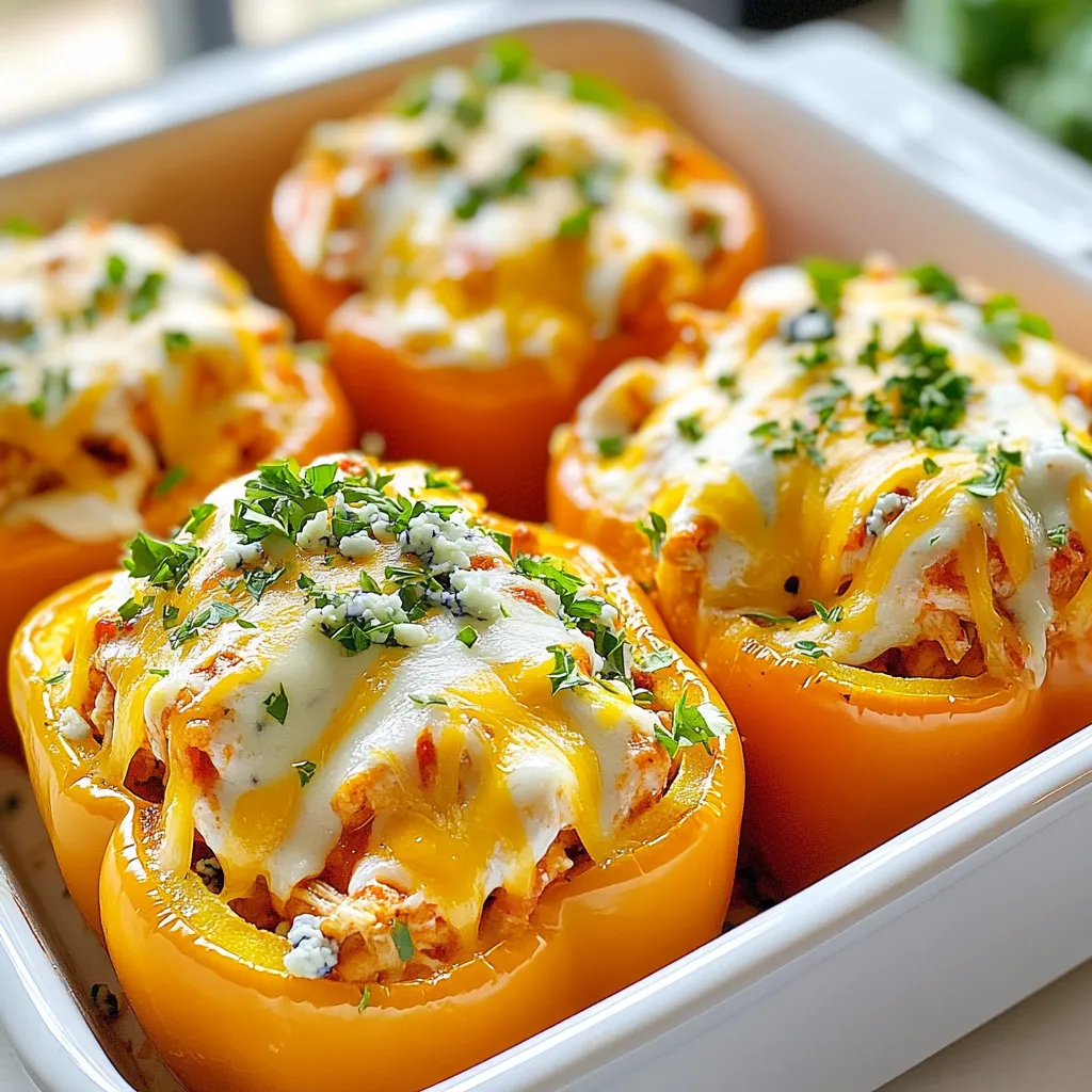 - 4 large bell peppers (any color) - 2 cups shredded cooked chicken - ½ cup buffalo sauce (adjust to taste) - 1 cup cream cheese, softened - 1 cup shredded cheddar cheese - ½ cup blue cheese crumbles (optional) - 1 cup diced celery - 1 teaspoon garlic powder - 1 teaspoon onion powder - Salt and pepper to taste - Fresh parsley or green onions for garnish These ingredients make Buffalo Chicken Stuffed Peppers a tasty meal. Each item plays a key role. The bell peppers hold the filling and add color. You can choose any color you like. Red, yellow, or green all work well. The shredded chicken gives protein and a savory taste. Use leftover chicken to save time. The buffalo sauce adds heat and flavor. Adjust it to make your dish mild or spicy. Cream cheese makes the filling creamy. It balances the heat from the buffalo sauce. Cheddar cheese adds a rich flavor and melts beautifully on top. Diced celery gives crunch and freshness. Garlic powder and onion powder deepen the flavor. Salt and pepper enhance everything. Blue cheese crumbles are optional but add a nice tang if you like. Lastly, fresh parsley or green onions brighten the dish and make it pretty. With these ingredients, your meal will be full of flavor and fun! {{ingredient_image_1}} - Preheat the oven to 375°F (190°C). - Cut the tops off the bell peppers and remove the seeds and membranes. To start, I set my oven to 375°F. This temperature makes the peppers cook just right. While the oven warms up, I grab my bell peppers. I like to use large ones. They hold more filling. I cut off the tops and scoop out the seeds. This step lets the flavors shine through. - Combine shredded chicken, buffalo sauce, cream cheese, half of the cheddar cheese, diced celery, garlic powder, onion powder, salt, and pepper in a bowl. Next, I mix the filling. In a bowl, I add shredded chicken. I prefer using cooked chicken. It makes the meal quick and easy. Then, I pour in the buffalo sauce. Adjust this if you like it hotter or milder. I add softened cream cheese for smoothness. Half of the cheddar cheese goes in too. Diced celery gives a nice crunch. I finish with garlic powder, onion powder, salt, and pepper. I mix it all until it looks tasty. - Spoon the mixture into the prepared peppers, top with remaining cheddar cheese, cover with foil, and bake. - Remove the foil to finish baking until bubbly and golden. Now, it’s time to stuff the peppers. I take a spoonful of the mix and fill each pepper. I press down a bit so they are packed tight. Then, I sprinkle the rest of the cheddar cheese on top. Cover the baking dish with foil to keep the heat in. I bake them for 25 minutes. After that, I remove the foil. This step lets the cheese turn bubbly and golden. I keep baking until the peppers are soft. The whole kitchen smells amazing at this point! To make your buffalo chicken stuffed peppers milder, use less buffalo sauce. You can also mix in some ranch dressing for a creamy taste. For extra heat, add more buffalo sauce or some hot sauce. You can even toss in diced jalapeños for a spicy kick. Always taste as you go to find your perfect flavor. Leftover chicken works great in these peppers. You can shred rotisserie chicken or use any cooked chicken you have at home. If you have other proteins like turkey or even tofu, try them as a filling. Mix in any leftover veggies too, like corn or beans, to add more flavor and texture. To know when your peppers are done, look for a shiny skin. They should be tender but not mushy. You can poke a fork in the side to check. If it goes in easily, they are ready! The cheese should be bubbly and golden on top. If the peppers need more time, keep baking and check every few minutes until perfect. Pro Tips Choose the Right Peppers: Select large, firm bell peppers that can hold the filling well. You can also use different colors for a vibrant presentation. Adjust Spice Level: Taste the buffalo sauce and adjust the amount based on your heat preference. You can also mix in some ranch dressing for a milder flavor. Make Ahead: Prepare the filling and stuff the peppers a day in advance. Just cover and refrigerate, then bake when ready to serve. Garnish for Flavor: Add fresh parsley or green onions right before serving for an added burst of freshness and color. {{image_2}} You can make these stuffed peppers vegetarian by swapping chicken for plant-based options. Try using shredded jackfruit or tempeh. Both mimic the texture of chicken well. You could also use chickpeas for a protein boost. Add a bit of your favorite buffalo sauce to give it that spicy kick. While cheddar and blue cheese are classic choices, you have many other options. For a milder taste, use mozzarella or Monterey Jack cheese. If you want more flavor, consider adding pepper jack cheese. Goat cheese can also add a creamy tang that pairs well with the buffalo sauce. To enhance the dish, think about adding more veggies or spices. Diced bell peppers or onions can add sweetness and crunch. You might also include sautéed mushrooms for an earthy taste. Experiment with spices like smoked paprika or cayenne for heat. Fresh herbs like cilantro or basil can brighten the flavors too. To store Buffalo Chicken Stuffed Peppers in the fridge, let them cool first. Place them in an airtight container. They will stay fresh for about 3 to 4 days. If you want to keep the peppers from getting soggy, use paper towels to absorb moisture. Label the container with the date, so you know when to eat them. You can freeze cooked stuffed peppers for later use. First, let them cool completely. Wrap each pepper tightly in plastic wrap. Then, place them in a freezer-safe bag. They will last for about 2 to 3 months. When you're ready to eat, thaw them overnight in the fridge. To reheat stuffed peppers, preheat your oven to 350°F (175°C). Place the peppers in a baking dish. Cover them with foil to keep the moisture in. Heat for about 20 minutes or until warm. For a crispier top, remove the foil for the last 5 minutes. This way, the cheese gets bubbly again! Buffalo Chicken Stuffed Peppers last about 3 to 5 days in the fridge. Store them in an airtight container. Make sure they cool before sealing to keep them fresh. Yes, you can make these stuffed peppers ahead of time. Prepare them fully, cover, and store in the fridge. Bake them the next day for a quick meal. You can use Greek yogurt or cottage cheese instead of cream cheese. These options keep the dish creamy and add a bit of tang. Yes, grilling is a great way to cook stuffed peppers. Wrap them in foil and place them on the grill. Cook for about 30 minutes on medium heat. Yes, these stuffed peppers can be healthy. They are packed with protein from chicken and nutrients from peppers. You can also adjust the buffalo sauce for less heat and calories. Buffalo chicken stuffed peppers are simple and tasty. You learned about the ingredients, cooking steps, and tips for variety. Remember, you can adjust spice levels and use leftovers creatively. These peppers can easily be made ahead and stored for later. Enjoy trying different cheeses or adding veggies to make this dish your own. With these ideas, you can create flavorful meals that suit your taste. Happy cooking!