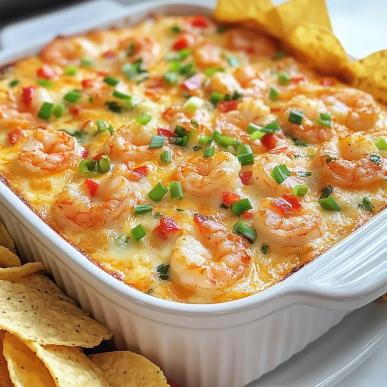 To make this delicious dip, gather these key ingredients: - 1 lb shrimp, peeled and deveined - 1 cup cream cheese, softened - 1/2 cup sour cream - 1/2 cup mayonnaise - 1 cup shredded Monterey Jack cheese - 2 tablespoons Cajun seasoning - 2 green onions, sliced (white and green parts separated) - 1/2 red bell pepper, finely chopped - 1 clove garlic, minced - Juice of 1/2 lemon - Salt and pepper to taste - Tortilla chips or baguette slices for serving These ingredients blend to create a rich and creamy dip, full of flavor. To make your dip even more appealing, consider these garnishes: - Extra sliced green onions - Whole shrimp placed on top - A sprinkle of paprika for color Serve the dip warm with tortilla chips or baguette slices. The crunch pairs well with the creamy texture. This dip serves 6-8 people and has a rich flavor. Each serving has about: - Calories: 300 - Protein: 15g - Fat: 25g - Carbohydrates: 8g Allergens to note include shellfish (shrimp), dairy (cream cheese, sour cream, mayonnaise), and gluten (if using regular chips). Always check labels if you have allergies. {{ingredient_image_1}} First, get your shrimp ready. Take 1 pound of shrimp, peel, and devein them. In a medium skillet, heat a tablespoon of olive oil over medium heat. Add 1 clove of minced garlic and cook for about 1 minute. Garlic adds great flavor! Next, toss in the shrimp. Sprinkle half of the Cajun seasoning on top. Cook until the shrimp turn pink and opaque, which takes about 3-4 minutes. Once done, remove the shrimp from heat. Let them cool a bit, then chop into small pieces. Now, let’s create that rich, creamy base. In a large mixing bowl, add 1 cup of softened cream cheese, 1/2 cup of sour cream, and 1/2 cup of mayonnaise. Mix these well until you get a smooth, creamy texture. This mix will be the heart of your dip. It’s time to bring everything together. Add the chopped shrimp, 1/2 cup of finely chopped red bell pepper, and the sliced white parts of 2 green onions to the bowl. Then, mix in the remaining Cajun seasoning, juice from half a lemon, and half of the shredded Monterey Jack cheese. Season with salt and pepper to taste. Transfer this mixture to a baking dish and top with the rest of the cheese. Preheat your oven to 350°F (175°C) and bake for 20-25 minutes. You want it bubbly and golden brown on top. Once baked, let it cool slightly. Finally, garnish with the green parts of the sliced green onions before serving. Enjoy it warm with tortilla chips or baguette slices! To cook shrimp well, start with fresh or thawed shrimp. Peel and devein them first. Heat a bit of olive oil in your skillet. Add minced garlic for flavor. Cook the shrimp for about 3-4 minutes. Look for a pink and opaque color. This shows they are done. If you overcook them, they will turn tough. Mix cream cheese, sour cream, and mayonnaise in a bowl. Ensure the cream cheese is very soft. This helps create a smooth dip. Stir in the shrimp and other ingredients gently. If the dip feels thick, add a small splash of lemon juice. This keeps it creamy and delightful. Serve your dip warm, right from the oven. Use a nice baking dish for a good look. Arrange tortilla chips or baguette slices around it. This invites guests to dig in. For added charm, garnish with green onions or whole shrimp on top. It makes your dip pop with color and flavor! Pro Tips Fresh Shrimp is Best: Using fresh shrimp will enhance the overall flavor of your dip. If frozen shrimp are used, make sure to thaw them completely and pat them dry before cooking. Adjust the Spice Level: Feel free to adjust the amount of Cajun seasoning to suit your taste. For a milder dip, reduce the seasoning, or for an extra kick, increase it! Make Ahead: This dip can be prepared a day in advance. Simply assemble it in the baking dish, cover, and refrigerate. Bake just before serving for a warm and creamy treat. Garnish for Flair: Adding a sprinkle of fresh herbs like parsley or additional green onions on top just before serving can elevate the presentation and add a fresh flavor. {{image_2}} You can switch up the spice level in your dip. Try using spicy Creole seasoning instead of Cajun. This adds heat and a distinct flavor. You could also use chili powder or smoked paprika. Both give great taste and warmth. If you like it hot, add cayenne pepper. Just a pinch can boost the spice without overpowering the dip. You can make this dip more colorful and nutritious. Adding veggies like diced jalapeños or chopped spinach works well. You could also mix in artichokes for a fun twist. If you want more protein, try adding crab or cooked chicken. These additions give new flavors and textures. Feel free to get creative with your mix-ins! While tortilla chips are great, there are other fun ways to serve this dip. Use fresh veggies like carrot sticks, cucumber slices, or bell pepper strips. These add crunch and a healthy touch. You can also serve the dip in mini bread bowls or hollowed-out bell peppers. This makes for an eye-catching presentation at parties! To keep your creamy Cajun shrimp dip fresh, place it in an airtight container. Make sure to cover it tightly. This will help keep the dip from drying out. You can store it in the fridge for up to three days. When you want to heat up the dip, use the oven for the best results. Preheat your oven to 350°F (175°C). Transfer the dip to an oven-safe dish. Heat for about 15-20 minutes until it is warm and bubbly. You can also use the microwave if you're in a hurry. Heat it in short bursts of 30 seconds. Stir between each burst to ensure even heating. If you want to store the dip for a longer time, freezing is a good option. First, let the dip cool completely. Then, pack it in a freezer-safe container. Leave some space at the top for expansion. You can freeze it for up to two months. When ready to eat, thaw it overnight in the fridge. Reheat it as mentioned above for the best taste. Yes, you can use frozen shrimp. Just make sure to thaw them first. Place the shrimp in cold water for about 15-20 minutes. This will help them thaw quickly. After thawing, peel and devein them if needed. Then, you can follow the recipe as usual. To make this dip healthier, you can swap some ingredients. Use low-fat cream cheese and Greek yogurt instead of sour cream and mayonnaise. You can also add more vegetables like spinach or bell peppers for extra nutrients. This keeps the flavor but cuts down on calories. This dip tastes great with many sides. Serve it with tortilla chips or baguette slices. You can also use fresh veggies like carrot sticks or celery for a crunchy option. Pairing it with a light salad adds freshness to your meal too. Yes, you can prepare the dip ahead of time. Mix all the ingredients and store them in the fridge. Cover it tightly with plastic wrap. When you're ready to serve, just bake it. This makes it easy for parties or gatherings. In this blog post, we explored how to make a tasty Creamy Cajun Shrimp Dip. We covered the main ingredients, storage tips, and even variations to keep it fun. Cooking shrimp properly is key to a great dip. Use fresh ingredients for the best flavor. Remember, you can make this dip ahead of time. Try different veggies and proteins to switch things up. Enjoy every bite of this creamy delight at your next gathering!
