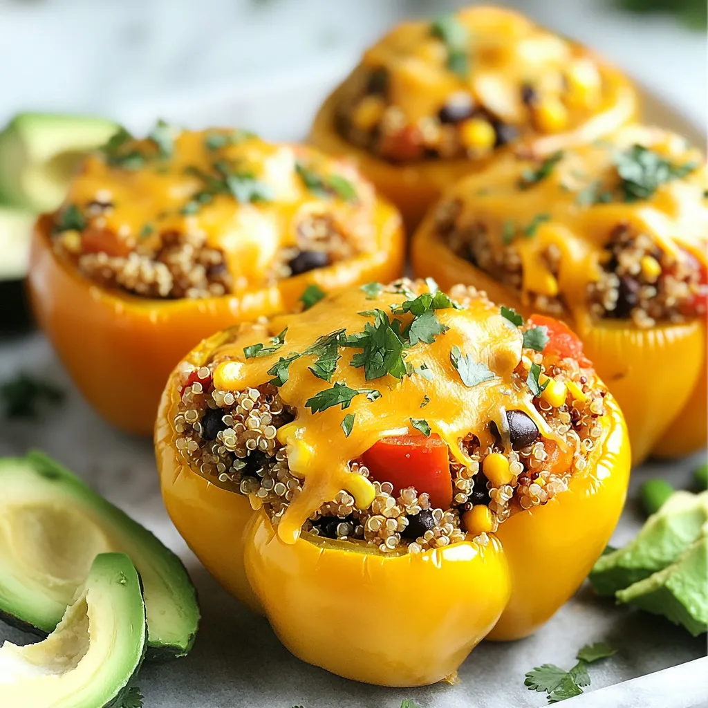 To make Tex-Mex quinoa stuffed peppers, you will need: - 4 large bell peppers (any color) - 1 cup quinoa, rinsed - 2 cups vegetable broth - 1 can (15 oz) black beans, drained and rinsed - 1 cup corn (frozen or canned) - 1 cup diced tomatoes (canned or fresh) - 1 teaspoon cumin - 1 teaspoon chili powder - ½ teaspoon smoked paprika - ½ teaspoon garlic powder - 1 cup shredded cheddar cheese (or a dairy-free alternative) - Salt and pepper to taste For extra flavor and looks, consider these garnishes: - Fresh cilantro, chopped - Slices of avocado, for serving (optional) Let’s break down the nutrition of some key ingredients: - Quinoa: This grain is high in protein and fiber. It also offers essential amino acids. - Black beans: These add protein and fiber. They help keep you full and satisfied. - Bell peppers: Rich in vitamins A and C, they boost your immune system. - Corn: This adds sweetness and is a good source of fiber. - Cheddar cheese: Provides calcium and protein. Choose a dairy-free option for a lighter dish. Using these ingredients will make your meal not just tasty, but healthy too. Enjoy the blend of flavors and textures in every bite! {{ingredient_image_1}} Start by cooking your quinoa. Rinse one cup of quinoa under cold water. This removes any bitter taste. In a saucepan, add the rinsed quinoa and two cups of vegetable broth. Bring the mixture to a boil. Once boiling, reduce the heat to low, cover the pot, and simmer for about 15 minutes. The quinoa will absorb all the broth. After the time is up, remove the pot from the heat but keep it covered for five more minutes. This helps the quinoa fluff up nicely. While your quinoa cooks, prepare the bell peppers. Choose four large peppers in any color you like. Cut off the tops and remove the seeds. Place the peppers upright in a baking dish. Next, mix your filling. In a large bowl, combine the cooked quinoa, one can of drained black beans, one cup of corn, and one cup of diced tomatoes. Add one teaspoon of cumin, chili powder, half a teaspoon of smoked paprika, and garlic powder. Season with salt and pepper to taste. Stir in half of the shredded cheese. Spoon this tasty mixture into each pepper, packing it lightly. Finally, sprinkle the remaining cheese on top of each stuffed pepper. Now it’s time to bake! Preheat your oven to 375°F (190°C). Cover your baking dish with aluminum foil. Bake the stuffed peppers for 25 minutes. After that, remove the foil and bake for an additional 10 to 15 minutes. You want the cheese to be melted and bubbly. Once done, take the baking dish out of the oven. Let the peppers cool for a few minutes. Garnish with fresh cilantro before serving. Enjoy your delicious Tex-Mex quinoa stuffed peppers! When picking bell peppers, look for ones that feel heavy and firm. They should have smooth skin and bright colors. Avoid any with soft spots or wrinkles. Each color offers a different flavor. Green peppers are more bitter, while red peppers are sweet. Choose your favorite based on the taste you want in your dish. To cook quinoa well, rinse it first to remove bitterness. Use a ratio of 1 cup of quinoa to 2 cups of vegetable broth. Bring it to a boil, then lower the heat and cover it. Let it simmer for about 15 minutes. When done, it should look fluffy and have a tiny tail. Let it sit for 5 minutes with the lid on. This helps it steam and stay fluffy. To boost flavor, use fresh spices like cumin and chili powder. These spices add warmth and depth. Mixing in black beans and corn adds sweetness and protein. If you want more flavor, try adding lime juice or hot sauce. Don’t forget to season with salt and pepper before stuffing the peppers. Finally, topping with cheese adds a rich, creamy finish. Enjoy the burst of Tex-Mex goodness in every bite! Pro Tips Choose Colorful Peppers: Using a mix of colorful bell peppers not only enhances the visual appeal of the dish but also adds a variety of flavors. Rinse Quinoa Thoroughly: Always rinse quinoa before cooking to remove its natural coating, called saponin, which can impart a bitter taste. Customize Your Spices: Feel free to adjust the spices according to your preference. Adding a pinch of cayenne pepper can add extra heat! Let Them Rest: Allow the stuffed peppers to rest for a few minutes after baking; this helps the flavors meld and makes them easier to serve. {{image_2}} You can easily make these Tex-Mex quinoa stuffed peppers vegetarian or vegan. To keep it vegetarian, just ensure you use cheese made from dairy. For a vegan option, swap the cheese for a dairy-free alternative. Many brands offer great vegan cheese that melts well. You can also add more veggies like zucchini or mushrooms to boost flavor and nutrition. If you have dietary restrictions, you can switch out some ingredients. For gluten-free needs, quinoa is already a safe choice. If you can't have beans, try using lentils or chickpeas instead. You can also replace corn with diced zucchini or carrots. For a lower-carb option, use cauliflower rice instead of quinoa. These swaps keep your stuffed peppers delicious and safe. You can adjust the spice level to suit your taste. For a milder dish, skip the chili powder or use less. Instead, add a pinch of paprika for flavor without heat. If you like more spice, add diced jalapeños or a splash of hot sauce to the filling. This lets everyone enjoy these stuffed peppers, no matter their spice tolerance. After enjoying your Tex-Mex quinoa stuffed peppers, store leftovers in an airtight container. This keeps them fresh for up to three days in the fridge. If you plan to eat them later, avoid adding toppings like avocado or cilantro until serving. This way, your peppers stay tasty and vibrant. To reheat your stuffed peppers, place them in the oven. Set it to 350°F (175°C) and cover with foil. Heat for about 15-20 minutes or until warm. This method helps the cheese melt and keeps the peppers soft. You can also use a microwave. Heat them on medium for about 2-3 minutes, but the oven gives better results. If you want to save some stuffed peppers for later, freezing works great. First, allow them to cool completely. Then, wrap each pepper in plastic wrap and place them in a freezer bag. They can last up to three months in the freezer. When ready to eat, thaw them overnight in the fridge before reheating. Yes, you can make these stuffed peppers ahead of time. Prepare them up to the baking step. After stuffing the peppers, cover them and store them in the fridge for one day. When you're ready, just bake them as the recipe says. This makes dinner easy and quick. No worries! If you don’t have quinoa, you can use rice instead. Brown rice or white rice works well. Just make sure to adjust the cooking time. Quinoa cooks fast, while rice takes longer. You can also try couscous or even cauliflower rice for a low-carb option. Absolutely! You can use any cheese you like. Monterey Jack or pepper jack adds a nice kick. If you prefer no cheese, that’s fine too. The dish will still be tasty. You might want to add more spices to boost the flavor without cheese. We’ve covered a lot in this blog post about making stuffed peppers. You learned about key ingredients, step-by-step cooking steps, and helpful tips to improve flavor. We discussed variations for different diets and how to store leftovers. With these insights, you can create tasty meals easily. Remember, cooking is an art. Feel free to experiment with your ingredients and have fun. Enjoy your delicious stuffed peppers!