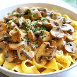To make a creamy mushroom stroganoff, you need these key ingredients: - 2 tablespoons olive oil - 1 large onion, finely chopped - 3 cloves garlic, minced - 500g assorted mushrooms (like cremini, shiitake, and button), sliced - 1 teaspoon dried thyme - 1 teaspoon smoked paprika - Salt and pepper to taste - 2 tablespoons all-purpose flour - 1 cup vegetable broth - 1 cup dairy-free sour cream (or regular sour cream) - 1 tablespoon soy sauce or tamari - 300g egg noodles or gluten-free pasta - Fresh parsley, chopped, for garnish These ingredients bring rich flavors and creamy textures to the dish. The mushrooms provide a hearty base, while the sour cream adds creaminess. The spices enhance the dish’s depth. You can swap some ingredients based on your needs: - Use any olive oil for canola or avocado oil. - For onion, shallots work well too. - If you can’t find these mushrooms, use any variety you like. - Replace dairy-free sour cream with Greek yogurt for a tangy flavor. - You can also use coconut cream for a non-dairy option. - If you don’t have soy sauce, try liquid aminos for a similar taste. - Substitute egg noodles with zucchini noodles for a low-carb option. These substitutions keep the dish delicious while catering to your preferences. Each serving of creamy mushroom stroganoff contains: - Calories: 400 - Protein: 12g - Fat: 15g - Carbohydrates: 56g - Fiber: 4g - Sugar: 3g This meal is balanced and filling. It offers a good mix of nutrients, making it great for a cozy dinner. Enjoy this rich and flavorful dish guilt-free! {{ingredient_image_1}} To make creamy mushroom stroganoff, start with a large skillet. Heat 2 tablespoons of olive oil over medium heat. Add 1 large, finely chopped onion and sauté for 3-4 minutes until it turns translucent. Next, stir in 3 minced garlic cloves and cook for another minute. This will fill your kitchen with a lovely aroma. Now, add 500g of sliced assorted mushrooms to the skillet. You can use cremini, shiitake, or button mushrooms. Cook them for about 5-7 minutes until they release moisture and brown nicely. This step brings out their rich flavor. Sprinkle in 1 teaspoon of dried thyme, 1 teaspoon of smoked paprika, and salt and pepper to taste. Stir well to mix everything. Then, add 2 tablespoons of all-purpose flour. This will help thicken the sauce. Mix thoroughly to coat the mushrooms with the flour. Gradually pour in 1 cup of vegetable broth while stirring constantly. This helps to avoid lumps. Bring the mixture to a simmer and let it cook for about 5 minutes until it thickens slightly. Lower the heat and stir in 1 cup of dairy-free sour cream (or regular sour cream) and 1 tablespoon of soy sauce. Mix until creamy and adjust seasoning as needed. For the best mushrooms, choose fresh ones. Check for firmness and avoid any slimy spots. To cook mushrooms well, avoid crowding the pan. This helps them brown instead of steam. Always cook them over medium to high heat. Stir occasionally for even cooking. For a deeper flavor, try adding a splash of white wine while they cook. Cooking egg noodles is simple. Just follow the package instructions. Usually, you will boil them in salted water. Cook until they are al dente, which means they should still have a slight bite. Once cooked, drain the noodles and set them aside. Combine them with the creamy mushroom sauce, making sure every noodle gets coated. Serve hot for a delicious meal! To make your stroganoff extra creamy, use dairy-free sour cream or regular sour cream. The secret is in how you mix it in. Add it at a low heat. This keeps it smooth and prevents curdling. Stir well after adding the sour cream to ensure it blends perfectly. If you want even more creaminess, you can add a splash of plant-based milk. This will create a richer sauce. One common mistake is overcooking the mushrooms. Mushrooms should be tender but not mushy. Cook them just until they brown and release their juices. Another mistake is not seasoning enough. Taste your sauce as you cook. Adjust the salt and pepper to your liking. Lastly, don’t rush the sauce thickening. Let it simmer to develop flavors and reach the right consistency. Creamy mushroom stroganoff pairs well with egg noodles, as they soak up the sauce nicely. You can also serve it over rice or quinoa for a hearty meal. For a fresh touch, add a side salad with mixed greens. Roasted vegetables also complement the dish well, adding color and nutrition. If you want a little crunch, garlic bread is a tasty option too. Pro Tips Choose Fresh Mushrooms: Use a variety of fresh mushrooms for a deeper flavor profile and better texture in your stroganoff. Don’t Skip the Browning: Allow the mushrooms to brown well; this caramelization adds depth and richness to the sauce. Adjust Consistency: If the sauce is too thick, add a splash more vegetable broth until you reach your desired consistency. Garnish for Flavor: Fresh parsley not only adds color but also a burst of freshness that elevates the dish. {{image_2}} You can easily make this dish vegan and dairy-free. Just use dairy-free sour cream instead of regular sour cream. This keeps the creamy texture without dairy. Also, check for vegan egg noodles or use gluten-free pasta. The flavors still shine through, making it a great meal for everyone. If you want a gluten-free version, swap all-purpose flour with cornstarch. Mix cornstarch with a little water to create a slurry. Add this to the sauce to thicken it. Use gluten-free pasta instead of egg noodles. This way, you still enjoy the rich taste without any gluten. To make this stroganoff heartier, you can add protein. Cooked chicken or beef works well. Simply slice the meat and stir it in with the mushrooms. For seafood lovers, shrimp is a tasty choice. Add cooked shrimp at the end to warm them through. These options make your meal filling and satisfying. To keep your creamy mushroom stroganoff fresh, store it in an airtight container. Make sure to let it cool down first. Place the container in the fridge. It will last about 3 to 5 days. Be sure to label it with the date so you won't forget. When you are ready to eat your leftovers, reheat them gently. Use a skillet over low heat. Stir often to prevent sticking. You can add a splash of broth or water for moisture. This will keep the sauce creamy. Avoid using the microwave if you can. It can make the noodles soggy. You can freeze creamy mushroom stroganoff, but keep in mind it may change texture. Use a freezer-safe container and leave some space for expansion. It can stay frozen for up to 2 months. When you want to eat it, thaw it in the fridge overnight. Reheat it slowly for the best taste. The best mushrooms for stroganoff are cremini, shiitake, and button mushrooms. They add great flavor and texture. Cremini mushrooms give a deep, earthy taste. Shiitake mushrooms bring a rich umami flavor. Button mushrooms are mild and tender. You can mix these types for a more complex taste. Don’t be afraid to experiment with different mushrooms, too. Each type will change the dish in unique ways. Yes, you can make creamy mushroom stroganoff ahead of time. It tastes even better after resting. Cook the dish and let it cool completely. Then, store it in an airtight container in the fridge. You can keep it for up to three days. When you're ready to eat, reheat it on the stove over low heat. Add a splash of broth or water to keep it creamy. To add spice to your stroganoff, consider several options. You can add crushed red pepper flakes to the dish. Start with a pinch and taste as you go. Another idea is to stir in some hot sauce. For more depth, add fresh jalapeños or diced chili peppers when cooking the onions. Adjust the spice level to your liking for the perfect kick. In this post, we explored how to make a rich and creamy mushroom stroganoff. We covered ingredients, cooking steps, and useful tips. You now know ingredient swaps for dietary needs and how to store leftovers well. Remember, the key to great stroganoff is texture and flavor balance. Try different mushrooms and add your favorite protein for a fun twist. With a few simple changes, you can enjoy this dish anytime!
