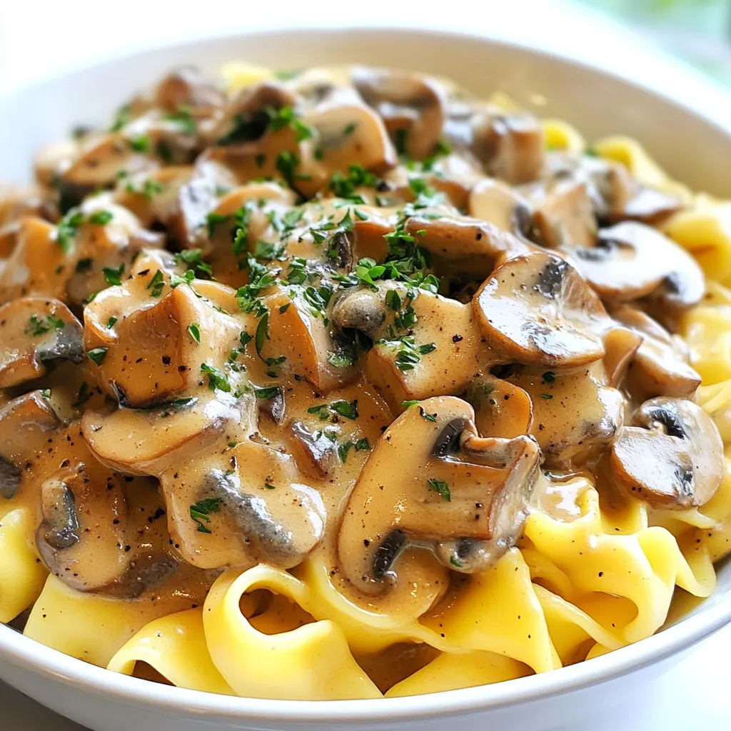 To make a creamy mushroom stroganoff, you need these key ingredients: - 2 tablespoons olive oil - 1 large onion, finely chopped - 3 cloves garlic, minced - 500g assorted mushrooms (like cremini, shiitake, and button), sliced - 1 teaspoon dried thyme - 1 teaspoon smoked paprika - Salt and pepper to taste - 2 tablespoons all-purpose flour - 1 cup vegetable broth - 1 cup dairy-free sour cream (or regular sour cream) - 1 tablespoon soy sauce or tamari - 300g egg noodles or gluten-free pasta - Fresh parsley, chopped, for garnish These ingredients bring rich flavors and creamy textures to the dish. The mushrooms provide a hearty base, while the sour cream adds creaminess. The spices enhance the dish’s depth. You can swap some ingredients based on your needs: - Use any olive oil for canola or avocado oil. - For onion, shallots work well too. - If you can’t find these mushrooms, use any variety you like. - Replace dairy-free sour cream with Greek yogurt for a tangy flavor. - You can also use coconut cream for a non-dairy option. - If you don’t have soy sauce, try liquid aminos for a similar taste. - Substitute egg noodles with zucchini noodles for a low-carb option. These substitutions keep the dish delicious while catering to your preferences. Each serving of creamy mushroom stroganoff contains: - Calories: 400 - Protein: 12g - Fat: 15g - Carbohydrates: 56g - Fiber: 4g - Sugar: 3g This meal is balanced and filling. It offers a good mix of nutrients, making it great for a cozy dinner. Enjoy this rich and flavorful dish guilt-free! {{ingredient_image_1}} To make creamy mushroom stroganoff, start with a large skillet. Heat 2 tablespoons of olive oil over medium heat. Add 1 large, finely chopped onion and sauté for 3-4 minutes until it turns translucent. Next, stir in 3 minced garlic cloves and cook for another minute. This will fill your kitchen with a lovely aroma. Now, add 500g of sliced assorted mushrooms to the skillet. You can use cremini, shiitake, or button mushrooms. Cook them for about 5-7 minutes until they release moisture and brown nicely. This step brings out their rich flavor. Sprinkle in 1 teaspoon of dried thyme, 1 teaspoon of smoked paprika, and salt and pepper to taste. Stir well to mix everything. Then, add 2 tablespoons of all-purpose flour. This will help thicken the sauce. Mix thoroughly to coat the mushrooms with the flour. Gradually pour in 1 cup of vegetable broth while stirring constantly. This helps to avoid lumps. Bring the mixture to a simmer and let it cook for about 5 minutes until it thickens slightly. Lower the heat and stir in 1 cup of dairy-free sour cream (or regular sour cream) and 1 tablespoon of soy sauce. Mix until creamy and adjust seasoning as needed. For the best mushrooms, choose fresh ones. Check for firmness and avoid any slimy spots. To cook mushrooms well, avoid crowding the pan. This helps them brown instead of steam. Always cook them over medium to high heat. Stir occasionally for even cooking. For a deeper flavor, try adding a splash of white wine while they cook. Cooking egg noodles is simple. Just follow the package instructions. Usually, you will boil them in salted water. Cook until they are al dente, which means they should still have a slight bite. Once cooked, drain the noodles and set them aside. Combine them with the creamy mushroom sauce, making sure every noodle gets coated. Serve hot for a delicious meal! To make your stroganoff extra creamy, use dairy-free sour cream or regular sour cream. The secret is in how you mix it in. Add it at a low heat. This keeps it smooth and prevents curdling. Stir well after adding the sour cream to ensure it blends perfectly. If you want even more creaminess, you can add a splash of plant-based milk. This will create a richer sauce. One common mistake is overcooking the mushrooms. Mushrooms should be tender but not mushy. Cook them just until they brown and release their juices. Another mistake is not seasoning enough. Taste your sauce as you cook. Adjust the salt and pepper to your liking. Lastly, don’t rush the sauce thickening. Let it simmer to develop flavors and reach the right consistency. Creamy mushroom stroganoff pairs well with egg noodles, as they soak up the sauce nicely. You can also serve it over rice or quinoa for a hearty meal. For a fresh touch, add a side salad with mixed greens. Roasted vegetables also complement the dish well, adding color and nutrition. If you want a little crunch, garlic bread is a tasty option too. Pro Tips Choose Fresh Mushrooms: Use a variety of fresh mushrooms for a deeper flavor profile and better texture in your stroganoff. Don’t Skip the Browning: Allow the mushrooms to brown well; this caramelization adds depth and richness to the sauce. Adjust Consistency: If the sauce is too thick, add a splash more vegetable broth until you reach your desired consistency. Garnish for Flavor: Fresh parsley not only adds color but also a burst of freshness that elevates the dish. {{image_2}} You can easily make this dish vegan and dairy-free. Just use dairy-free sour cream instead of regular sour cream. This keeps the creamy texture without dairy. Also, check for vegan egg noodles or use gluten-free pasta. The flavors still shine through, making it a great meal for everyone. If you want a gluten-free version, swap all-purpose flour with cornstarch. Mix cornstarch with a little water to create a slurry. Add this to the sauce to thicken it. Use gluten-free pasta instead of egg noodles. This way, you still enjoy the rich taste without any gluten. To make this stroganoff heartier, you can add protein. Cooked chicken or beef works well. Simply slice the meat and stir it in with the mushrooms. For seafood lovers, shrimp is a tasty choice. Add cooked shrimp at the end to warm them through. These options make your meal filling and satisfying. To keep your creamy mushroom stroganoff fresh, store it in an airtight container. Make sure to let it cool down first. Place the container in the fridge. It will last about 3 to 5 days. Be sure to label it with the date so you won't forget. When you are ready to eat your leftovers, reheat them gently. Use a skillet over low heat. Stir often to prevent sticking. You can add a splash of broth or water for moisture. This will keep the sauce creamy. Avoid using the microwave if you can. It can make the noodles soggy. You can freeze creamy mushroom stroganoff, but keep in mind it may change texture. Use a freezer-safe container and leave some space for expansion. It can stay frozen for up to 2 months. When you want to eat it, thaw it in the fridge overnight. Reheat it slowly for the best taste. The best mushrooms for stroganoff are cremini, shiitake, and button mushrooms. They add great flavor and texture. Cremini mushrooms give a deep, earthy taste. Shiitake mushrooms bring a rich umami flavor. Button mushrooms are mild and tender. You can mix these types for a more complex taste. Don’t be afraid to experiment with different mushrooms, too. Each type will change the dish in unique ways. Yes, you can make creamy mushroom stroganoff ahead of time. It tastes even better after resting. Cook the dish and let it cool completely. Then, store it in an airtight container in the fridge. You can keep it for up to three days. When you're ready to eat, reheat it on the stove over low heat. Add a splash of broth or water to keep it creamy. To add spice to your stroganoff, consider several options. You can add crushed red pepper flakes to the dish. Start with a pinch and taste as you go. Another idea is to stir in some hot sauce. For more depth, add fresh jalapeños or diced chili peppers when cooking the onions. Adjust the spice level to your liking for the perfect kick. In this post, we explored how to make a rich and creamy mushroom stroganoff. We covered ingredients, cooking steps, and useful tips. You now know ingredient swaps for dietary needs and how to store leftovers well. Remember, the key to great stroganoff is texture and flavor balance. Try different mushrooms and add your favorite protein for a fun twist. With a few simple changes, you can enjoy this dish anytime!