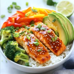 This bowl is full of bright flavors and fresh ingredients. Here’s what you need: - 2 salmon fillets - 1/4 cup sweet chili sauce - 1 tablespoon soy sauce - 1 teaspoon sesame oil - 1 cup jasmine rice - 1 3/4 cups water (for cooking rice) - 1 cup broccoli florets - 1 medium carrot, julienned - 1/4 red bell pepper, thinly sliced - 1 avocado, sliced - 2 green onions, thinly sliced - Sesame seeds for garnish - Lime wedges for serving - Salt and pepper to taste These ingredients come together to create a tasty and healthy meal. Each one plays a role in balancing flavor and nutrition. The salmon gives protein, while the veggies add crunch and color. The sweet chili sauce adds a nice kick that makes this bowl special. Don't forget the lime for brightness! {{ingredient_image_1}} First, you need to mix the marinade. In a small bowl, combine 1/4 cup sweet chili sauce, 1 tablespoon soy sauce, and 1 teaspoon sesame oil. This mix adds great flavor. Now, put the salmon fillets in a dish and pour the marinade over them. Let them soak for at least 15 minutes. This allows the fish to absorb the flavors. While the salmon marinates, rinse 1 cup of jasmine rice under cold water. Keep rinsing until the water runs clear. This step helps remove extra starch. Then, place the rinsed rice in a medium saucepan with 1 3/4 cups water. Bring the water to a boil. After boiling, lower the heat and cover the pot. Let it simmer for about 15 minutes. The rice is ready when the water is gone and it is soft. Once done, remove it from heat and let it sit covered for 5 minutes. Next, focus on the vegetables. Steam 1 cup of broccoli florets until they are tender, which takes about 4-5 minutes. You can use a steamer or microwave with a little water. Then, take a medium carrot and julienne it. To julienne means to cut it into thin strips. After that, slice 1/4 of a red bell pepper into thin pieces. These veggies add color and crunch to your bowl. Now, it's time to grill the salmon. Preheat your grill or grill pan over medium-high heat. After marinating, take the salmon out of the marinade. Grill the salmon for about 4-5 minutes on each side. It is done when it flakes easily with a fork. This gives it a nice char and seals in the flavor. To assemble the bowls, start by dividing the jasmine rice into two bowls as the base. On top of the rice, add the steamed broccoli, julienned carrots, and sliced red bell pepper. Place the grilled salmon fillets over the veggies. Drizzle any remaining marinade on top. Finish by sprinkling with sesame seeds and sliced green onions. Serve with lime wedges on the side. This adds a fresh, zesty touch. To grill salmon well, start by preheating your grill. Aim for medium-high heat. This helps to create a nice sear. If your grill is too hot, the salmon may burn. If it’s too low, it won’t cook through. Cook the salmon for about 4-5 minutes on each side. Use a fork to check if it flakes easily. This means it’s ready to eat! While sweet chili sauce shines, you can add more flavor. Consider adding garlic powder, ginger, or a pinch of red pepper flakes. These spices can give your dish a nice kick. You can also drizzle some teriyaki sauce for extra sweetness. For garnishes, try using chopped cilantro or fresh herbs. These can brighten up the dish and add color. Pair your sweet chili salmon bowls with a light salad or steamed rice. A fresh cucumber salad works well. For presentation, stack the ingredients in layers. This makes your bowl look colorful and inviting. Use a nice bowl to serve. Add lime wedges on the side for a zesty touch. Squeezing lime juice over the top can make it even tastier! Pro Tips Marinate for Flavor: Allow the salmon to marinate for longer than 15 minutes if possible, to enhance the flavors. A couple of hours in the fridge can make a significant difference. Perfectly Cooked Rice: To avoid mushy rice, make sure to rinse it well before cooking. This removes excess starch and results in a fluffier texture. Grilling Tips: If using a grill, ensure it’s preheated properly to prevent sticking and achieve those beautiful grill marks on the salmon. Customize Your Veggies: Feel free to swap out or add other vegetables like bell peppers or snap peas based on what you have on hand or your personal preference. {{image_2}} You can switch out salmon for other fish. Try using cod or tilapia. Both bring a mild flavor. They absorb the sweet chili sauce well. If you want a heartier option, think about using shrimp. Shrimp cooks quickly and pairs nicely with the sauce. For a vegetarian dish, use tofu or tempeh. These proteins soak up flavors and add a nice texture. Just marinate as you would with salmon. Grill or pan-fry until golden. This way, you get a tasty meal without meat. If you want to change the grain, quinoa is a great choice. It cooks quickly and is full of protein. Use the same water ratio as jasmine rice, but cut cooking time to about 12 minutes. Brown rice is another option. It has a nuttier taste and more fiber. Cook it for about 30-40 minutes. Just add more water, about 2 cups for 1 cup of rice. Adjust cooking times based on your grain. Use seasonal vegetables for the best flavor. In spring, try asparagus or snap peas for a fresh crunch. In summer, add zucchini or corn for sweetness. Fall brings in squash or kale, while winter is great for Brussels sprouts or root veggies. You can also use leftovers. If you have extra veggies from other meals, toss them in. This keeps your dish exciting and reduces waste. Just remember to cook them to your liking before adding to the bowl. To keep your sweet chili salmon bowls fresh, store leftovers right. First, let the food cool to room temperature. Next, place the salmon and rice in an airtight container. Keep the veggies separate to maintain their crunch. You can store everything in the fridge for up to three days. For best results, use glass containers. They are safe for reheating and do not stain. When it's time to enjoy those yummy leftovers, do it safely. For the rice, microwave it with a splash of water. This helps it steam and stay moist. Heat it for 30 seconds, then stir and check. For the salmon, place it on a plate and cover it with a damp paper towel. Microwave it in short bursts until warm, about 1-2 minutes max. Always check that your food is hot throughout to ensure safety. Enjoy your meal! You should marinate salmon for at least 15 minutes. This lets the flavors soak in. For even better taste, try to marinate it for up to 30 minutes. Just don’t go too long, or the fish may get mushy. Yes, you can use frozen salmon. Just make sure to thaw it completely before cooking. Thawing helps the marinade stick better and keeps the salmon moist. Place it in the fridge overnight or use cold water for a quick thaw. You can serve sweet chili salmon bowls with various sides. Some great options include: - Steamed bok choy - Cucumber salad - Quinoa or brown rice - Edamame These sides add color and taste to your meal. A sweet chili salmon bowl has about 600 calories per serving. This can change based on the exact ingredients and portions used. It’s a healthy choice packed with protein, veggies, and healthy fats. Sweet chili sauce is not very spicy. It has a mild heat with a sweet flavor. Most people find it enjoyable and not overwhelming. If you like more heat, you can add some red pepper flakes to your dish. This article shared how to create tasty sweet chili salmon bowls. We covered ingredients, marinating, cooking rice, and preparing veggies. You learned tips for grilling salmon and ideas for serving. Variations let you switch proteins, grains, and veggies. Proper storage and reheating keep your leftovers fresh. Enjoy your cooking journey, and make this dish your own! Simple steps can lead to delicious meals that impress.
