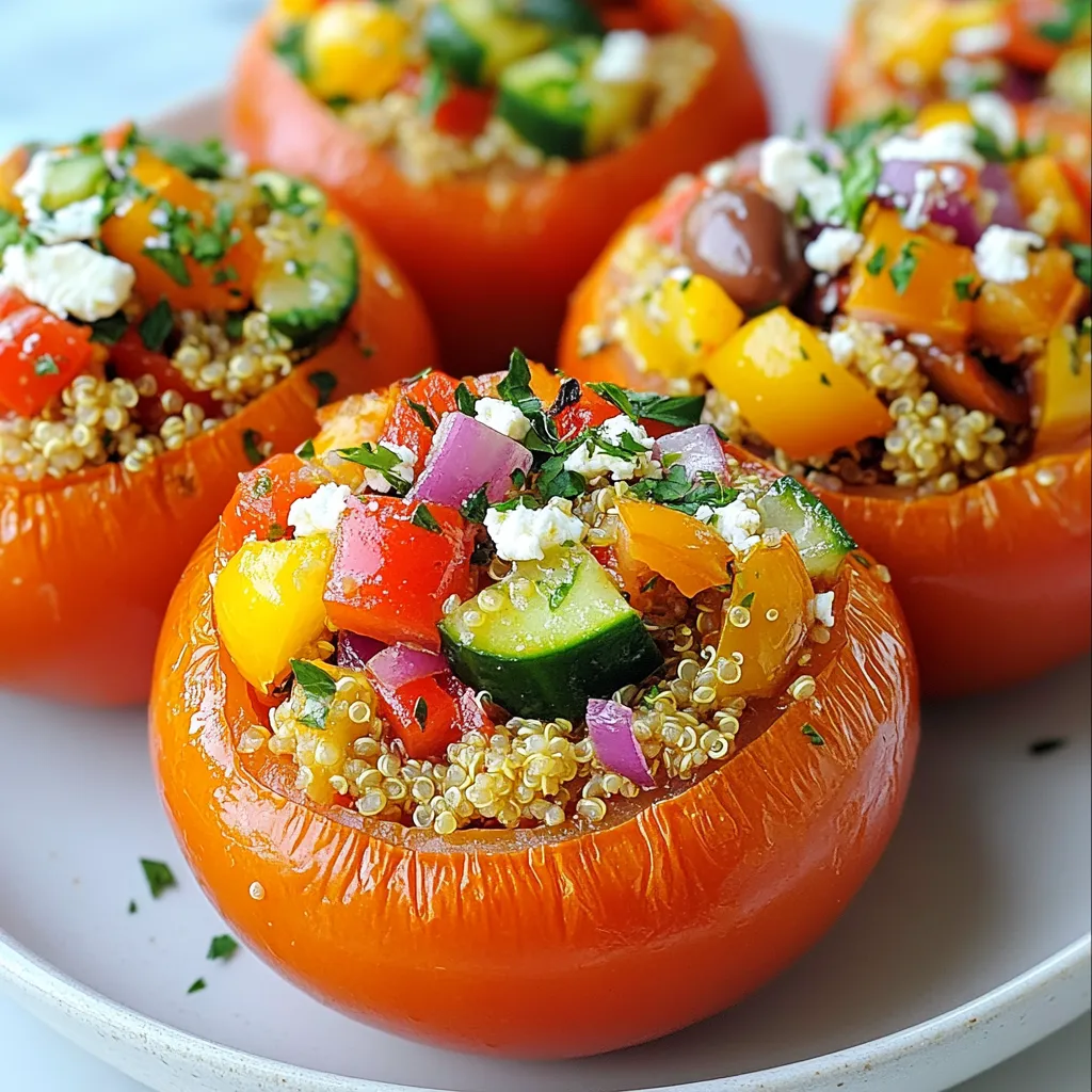 Here is what you need to make Mediterranean quinoa stuffed tomatoes: - 4 large ripe tomatoes - 1 cup quinoa, rinsed - 2 cups vegetable broth (or water) - 1 small red onion, finely chopped - 1 bell pepper (any color), diced - 1 cup cucumber, diced - ½ cup Kalamata olives, pitted and chopped - 1 cup feta cheese, crumbled - ¼ cup fresh parsley, chopped - 2 tablespoons olive oil - 1 tablespoon lemon juice - Salt and pepper to taste Each ingredient brings its own flavor. The ripe tomatoes make perfect cups for the filling. Quinoa adds protein and texture. Use vegetable broth to boost flavor. Fresh veggies like onion, bell pepper, and cucumber add crunch. Kalamata olives and feta cheese give a salty kick. Finally, parsley, olive oil, and lemon juice brighten the dish. This dish is not just tasty; it is also colorful and healthy. Enjoy gathering these ingredients. They set the stage for a delightful meal. {{ingredient_image_1}} - Preheat the oven to 375°F (190°C). - Slice off the tops of the tomatoes and scoop out the insides. - Reserve the insides for later use. - Cook quinoa in vegetable broth until fluffy. - Sauté red onion and bell pepper until soft. - Combine cooked quinoa with vegetables and other ingredients. - Fill tomatoes with the quinoa mixture. - Drizzle with olive oil and bake for 20-25 minutes. Making Mediterranean quinoa stuffed tomatoes is simple and fun. Start by preheating your oven. Set it to 375°F (190°C). This step gets the oven ready for baking. Next, grab your tomatoes. Slice off the tops carefully. Use a spoon to scoop out the insides. Be gentle, as you want to keep the tomato shell intact. Put the insides aside for later use. We will mix them into the filling. Now it's time to cook the quinoa. Rinse it under cold water first. Then, put it in a pot with vegetable broth. Bring it to a boil, then lower the heat. Cover the pot and let it simmer. In about 15 minutes, it will be fluffy and ready. While the quinoa cooks, heat some olive oil in a skillet. Add the chopped red onion and diced bell pepper. Sauté them over medium heat until soft. This usually takes about five minutes. Once the quinoa is fluffy, combine it with the sautéed veggies in a bowl. Add the reserved tomato insides, diced cucumber, and chopped Kalamata olives. Toss in crumbled feta, parsley, lemon juice, salt, and pepper. Mix well to combine all the flavors. Now comes the fun part: stuffing the tomatoes! Spoon the quinoa mixture into each hollowed tomato. Pack it down lightly to fit as much filling as possible. Place the stuffed tomatoes in a baking dish. Drizzle some olive oil on top for extra flavor. Bake them in the preheated oven for 20 to 25 minutes. The tomatoes should be tender but still hold their shape. Let them cool for a few minutes before serving. Enjoy your delicious, colorful dish! - Rinse quinoa thoroughly before cooking. This removes bitter saponins. - Use vegetable broth for added flavor. It enhances the dish's taste. - Choose large, ripe tomatoes for best flavor. They are sweet and juicy. - Use firm tomatoes to hold shape during baking. This helps them stay intact. - Add spices like oregano or basil for extra taste. They add depth and aroma. - Serve with a drizzle of balsamic reduction. It adds sweetness and tang. Pro Tips Choose Ripe Tomatoes: Select tomatoes that are firm yet slightly soft to the touch. This ensures they will hold their shape during baking while being flavorful and juicy. Enhance Flavor with Herbs: Feel free to add other herbs like oregano or basil to the quinoa mixture for an extra layer of Mediterranean flavor. Customize Fillings: Get creative with the stuffing! Add ingredients like artichokes, spinach, or chickpeas for added nutrition and variety. Serve with a Drizzle: For an elegant touch, drizzle a balsamic reduction over the stuffed tomatoes just before serving for added flavor and presentation. {{image_2}} You can change the cheese in your stuffed tomatoes for great taste. Swap feta for goat cheese or even a dairy-free cheese. This gives you new flavors and options. If you want more protein, add cooked ground meat. Ground turkey or beef works well. It makes the dish heartier and more filling. Using seasonal ingredients can make your dish fresh and bright. In place of bell peppers, try using zucchini or eggplant. They add texture and flavor. Fresh herbs can also change the dish's taste. Use basil or mint instead of parsley for a different twist. These herbs add a refreshing touch to your meal. To make your meal complete, pair your stuffed tomatoes with a side salad. A crisp green salad complements the flavors of the tomatoes. You can also serve them with pita bread or olives. This adds to the Mediterranean feel and enhances the overall experience. You can store leftovers in an airtight container. They will stay fresh for up to 3 days. If you have extra stuffed tomatoes, make sure to keep them sealed tight. This helps keep the flavors vibrant. When it's time to enjoy leftovers, reheat them simply. You can use the microwave or the oven. Heat until warmed through, but don’t overcook. This way, the tomatoes stay tender and delicious. If you want to prepare ahead, freeze uncooked stuffed tomatoes. They can stay good for up to a month. Just make sure to wrap them well. When you’re ready to cook, thaw them overnight in the fridge before baking. Yes, you can prepare the filling and stuff the tomatoes. Just refrigerate them until you are ready to bake. This makes meal prep easy and saves time. If you don’t have quinoa, you can use couscous, rice, or bulgur wheat. All these options work well. Each brings a unique taste and texture to the dish. Yes, this recipe is naturally gluten-free. Just ensure you use gluten-free ingredients. Enjoy this dish without worry if you follow these tips. You learned how to make Mediterranean quinoa stuffed tomatoes. The recipe features fresh ingredients like tomatoes, quinoa, and feta cheese. We covered preparation, cooking, and tips for the best flavor. You can try different fillings and pair the dish with sides for variety. In the end, experimenting with this recipe can lead to a fun and tasty meal. Enjoy your cooking and have fun sharing these delicious stuffed tomatoes.