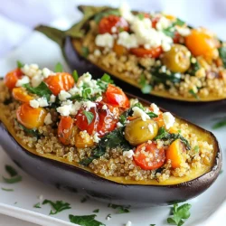 - 2 medium eggplants - 1 cup cooked quinoa - 1 cup cherry tomatoes, diced - ½ cup Kalamata olives, pitted and chopped - 1 cup spinach, chopped - ½ cup feta cheese, crumbled - 2 cloves garlic, minced - 1 teaspoon dried oregano - ½ teaspoon ground cumin - Fresh parsley for garnish - Olive oil - Salt and black pepper to taste Mediterranean stuffed eggplant is a fun dish to prepare. You start with two medium eggplants. They have a deep purple color and a soft texture when cooked. I use quinoa as a healthy base. It gives a nice texture and adds protein. Cherry tomatoes bring sweetness, while Kalamata olives give a salty punch. Spinach adds a pop of green and boosts nutrients. For seasonings, I use feta cheese for creaminess. Garlic adds a lovely aroma. Dried oregano and ground cumin give a warm flavor. Fresh parsley is key for garnish. It brightens up the dish and adds color. You’ll need olive oil to roast the eggplants. Salt and black pepper are key to enhance all these flavors. Each ingredient plays a role in making this dish both delicious and nutritious. {{ingredient_image_1}} 1. Preheat your oven to 375°F (190°C). This ensures even cooking. 2. Cut the eggplants in half and scoop out the flesh. Leave a thin layer for support. 3. Brush the eggplant halves with olive oil. Sprinkle with salt and black pepper. 4. Place the eggplant halves cut-side down on a baking sheet. 5. Roast the eggplants for 20 minutes. They should be tender when done. 1. While the eggplants roast, heat a skillet over medium heat. 2. Add 1 tablespoon of olive oil and minced garlic to the skillet. 3. Sauté the garlic for about 1 minute until it smells nice. 4. Add the chopped spinach to the skillet and cook until it wilts. 5. In a large bowl, mix the cooked quinoa, cherry tomatoes, Kalamata olives, sautéed spinach, crumbled feta cheese, oregano, cumin, and a pinch of salt and pepper. Stir well until everything is combined. 1. Take the roasted eggplants out of the oven. Carefully flip them over so the cut-side is facing up. 2. Spoon the quinoa mixture into each eggplant half. Press down lightly to pack the filling. 3. Place the stuffed eggplants back in the oven. Bake for another 15 to 20 minutes. 4. Look for slightly golden tops and ensure they are heated through. 5. Remove from the oven and let cool for a few minutes. Garnish with fresh parsley before serving. Roasting eggplants right is key to their flavor. Here are my best tips: - Choose the right eggplant. Look for firm, shiny skin without bruises. - Salting the eggplant helps. Before cooking, sprinkle salt on the cut sides. Let them sit for about 30 minutes. This step draws out excess moisture and bitterness. Rinse well and pat dry. - Brush with olive oil. This keeps the eggplant moist as it roasts. It adds a rich flavor too. To avoid a bitter taste, follow these steps: - Select young eggplants. Older ones tend to be more bitter. - Salt before cooking. This helps remove bitterness as mentioned earlier. - Cook until tender. Overcooking can lead to a mushy texture and may heighten bitterness. Aim for soft but not falling apart. Presentation matters, especially with stuffed eggplant. Here’s how to serve it nicely: - Use a large platter. Arrange the stuffed eggplants on it, cut-side up. - Drizzle with olive oil. This adds shine and flavor. - Garnish with parsley. Fresh herbs make the dish pop visually. Pair your stuffed eggplant with: - Simple salads. A fresh Greek salad complements it well. - Bread. Serve with warm pita or crusty baguette for a great texture contrast. - Wine. A crisp white wine like Sauvignon Blanc pairs perfectly. This dish is quite flexible for different diets: - Gluten-free options: The recipe is naturally gluten-free. Just ensure any bread served is gluten-free. - Vegetarian adaptations: This dish is vegetarian. You can add plant-based protein like chickpeas for extra nutrition. Pro Tips Choose the Right Eggplants: Look for eggplants that are firm and shiny with no blemishes. Smaller eggplants tend to be sweeter and less bitter. Customize the Filling: Feel free to add other vegetables like bell peppers or zucchini to the quinoa mixture for extra flavor and nutrients. Make it Vegan: Substitute the feta cheese with a vegan cheese alternative or omit it entirely for a delicious vegan option. Perfect Roasting: For a deeper flavor, roast the eggplants cut-side down for the first half and then flip them to fill, allowing the tops to caramelize. {{image_2}} You can change some ingredients in Mediterranean stuffed eggplant to suit your taste. If you want an alternative to quinoa, try using brown rice or farro. Both give a nice texture and absorb flavors well. For feta cheese, crumbled goat cheese works great, too. It adds a tangy kick. If you want extra protein, consider adding grilled chicken or chickpeas. Chicken adds a savory depth. Chickpeas bring a hearty feel and plant-based protein. They also mix well with the other flavors in the dish. Spices can change the whole dish. Try adding harissa for a spicy kick or smoked paprika for a warm, earthy note. Both spices can make your stuffed eggplant pop with flavor. You can also add nuts or seeds for extra crunch. Pine nuts or walnuts are good choices. They add a nice texture and enhance the taste. Just toast them lightly before mixing to bring out their flavor. Each Mediterranean country has unique flavors. You can give your stuffed eggplant a twist by adding ingredients from different regions. For example, use sun-dried tomatoes for an Italian touch or add za'atar for a Middle Eastern flair. Incorporate seasonal vegetables for freshness. Zucchini, bell peppers, or even artichokes work well. They can add color and make the dish even more nutritious. Explore different combinations to find what you love best! To store leftovers, let the stuffed eggplants cool down first. Then, place them in an airtight container. This keeps them fresh and tasty. You can also cover them tightly with plastic wrap. In the fridge, they will stay good for about 3 to 4 days. If you want them to last longer, consider freezing. Freezing stuffed eggplants is easy. First, let them cool completely. Then, wrap each eggplant half in plastic wrap. Place them in a freezer-safe bag or container. This keeps them from getting freezer burn. They can last up to 3 months in the freezer. When you're ready to eat, thaw them in the fridge overnight. To reheat, place them in the oven at 350°F (175°C) for about 20 to 25 minutes. To extend the shelf life of your ingredients, here are some tips: - Use fresh eggplants that feel firm. - Store quinoa in a cool, dry place. - Keep canned or jarred olives sealed tightly after opening. - Wash spinach just before using to avoid spoilage. Following these steps helps keep your ingredients fresh and ready for your next meal! How long does it take to make Mediterranean Stuffed Eggplant? It takes about 55 minutes to make this dish. You have 15 minutes for prep and 40 minutes for cooking. Can I make this dish ahead of time? Yes, you can prepare the stuffed eggplants a day before. Store them in the fridge. Just bake them when you're ready to eat. Can I use other types of cheese? Absolutely! You can swap feta cheese for mozzarella or goat cheese. Each will give a different taste. What if I can't find Kalamata olives? If you can't find Kalamata olives, use green olives or black olives instead. They will still add great flavor. Is Mediterranean Stuffed Eggplant healthy? Yes, this dish is healthy. It has plenty of veggies, grains, and healthy fats. What is the caloric content per serving? Each serving has about 280 calories. This makes it a light but filling meal option. In this blog post, we explored the vibrant world of Mediterranean Stuffed Eggplant. We covered key ingredients, from eggplants to quinoa and olives. Step-by-step, I guided you on preparing and baking them perfectly. We also shared tips for serving and storage, along with tasty variations. Mediterranean stuffed eggplants are not only delicious but also versatile. You can make this dish your own with different flavors and ingredients. Enjoy experimenting with it in your kitchen.