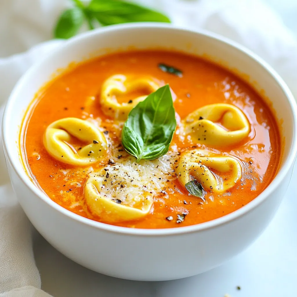 To make this tasty soup, gather these simple ingredients: - 1 tablespoon olive oil - 1 medium onion, finely chopped - 3 cloves garlic, minced - 1 can (28 oz) crushed tomatoes - 4 cups vegetable broth - 1 teaspoon dried basil - 1 teaspoon dried oregano - 1 teaspoon sugar - Salt and pepper to taste - 1 package (9 oz) cheese tortellini (fresh or frozen) - 1 cup heavy cream (or coconut cream for a dairy-free option) - Fresh basil leaves, for garnish - Grated Parmesan cheese, for serving (optional) You can swap some ingredients if needed. Here are a few ideas: - Use chicken broth instead of vegetable broth for more depth. - Replace heavy cream with coconut cream for a lighter option. - If you don’t have cheese tortellini, use any pasta you like. - Fresh herbs can replace dried herbs for a brighter taste. You will need a few basic tools to cook this soup: - A large pot for cooking the soup - A wooden spoon or spatula for stirring - A knife and cutting board for chopping - Measuring spoons for accuracy - A ladle for serving the soup These tools make cooking easy and fun! Enjoy your time in the kitchen. {{ingredient_image_1}} To make creamy tomato tortellini soup, start by gathering your ingredients. You will need olive oil, onion, garlic, crushed tomatoes, vegetable broth, dried herbs, sugar, salt, pepper, cheese tortellini, heavy cream, and fresh basil. 1. Heat 1 tablespoon of olive oil in a large pot over medium heat. 2. Add 1 finely chopped onion and sauté for about 5 minutes until soft. 3. Next, stir in 3 minced garlic cloves and cook for 1-2 minutes until fragrant. 4. Pour in 1 can of crushed tomatoes and 4 cups of vegetable broth. 5. Add 1 teaspoon of dried basil, 1 teaspoon of dried oregano, and 1 teaspoon of sugar. Season with salt and pepper. 6. Stir the mixture and bring it to a simmer. Let it cook for about 10 minutes to blend the flavors. 7. Now, add 1 package of cheese tortellini. Cook according to the package, usually about 3-5 minutes, until they float. 8. Once the tortellini are cooked, stir in 1 cup of heavy cream. Heat through for another 2-3 minutes. 9. Serve hot, garnished with fresh basil and grated Parmesan cheese if you like. - Use fresh tortellini for a better texture. Frozen tortellini works too but may take slightly longer to cook. - Make sure the soup is at a gentle simmer before adding the tortellini. This helps them cook evenly. - Stir the tortellini gently to avoid breaking them. They are delicate! - Don’t skip the simmering step. This helps the flavors combine well. - Avoid overcooking the tortellini. They should be tender but not mushy. - Be careful with seasoning. Taste as you go to find the perfect balance. To boost the flavor in your creamy tomato tortellini soup, try adding fresh herbs. A handful of fresh basil at the end gives a bright taste. You can also drizzle a bit of balsamic glaze before serving. It adds a nice tang and depth. If you want more heat, add a pinch of red pepper flakes while cooking. This can make your soup exciting and vibrant. If your soup is too thick, add a little vegetable broth or water. This will help thin it out without losing flavor. If it's too sour, a touch of sugar can balance it. Stir it in and taste again. If the soup lacks salt, sprinkle some in, but do it slowly. Taste as you go to find the right balance. Store any leftover soup in an airtight container. It will stay fresh in the fridge for up to three days. When you’re ready to eat, reheat it on the stove over low heat. Stir often to make sure it warms evenly. If the soup thickens in the fridge, add a splash of broth while reheating. This will bring back its creamy texture. Pro Tips Use Fresh Herbs: Fresh basil added at the end enhances the flavor and freshness of the soup. Adjust Creaminess: For a lighter soup, use less cream or substitute with a plant-based alternative like coconut cream. Enhance Flavor: Adding a splash of balsamic vinegar can deepen the flavor profile of the soup. Store Properly: If you have leftovers, store the soup and tortellini separately to prevent the pasta from becoming mushy. {{image_2}} You can easily make this soup dairy-free. Just swap the heavy cream for coconut cream. It gives a rich taste without dairy. You can also use vegan tortellini. Check your local store for options. This way, everyone can enjoy the soup, no matter their diet. Add more veggies to boost nutrition. Chopped spinach or kale works great. You can stir them in just before serving. Try diced carrots or zucchini for extra crunch. They add color and flavor. You can sneak in those healthy greens without anyone noticing! Feel free to play with herbs and spices. Fresh basil is a must, but try thyme or parsley too. A pinch of red pepper flakes adds a nice kick. If you love warmth, add some smoked paprika. Experimenting with flavors keeps the soup exciting. Each bowl can taste a little different! Creamy Tomato Tortellini Soup pairs well with many sides. Here are my favorites: - Garlic Bread: This crunchy bread is perfect for dipping. The garlic flavor adds a nice touch. - Side Salad: A simple green salad with light dressing balances the creamy soup. - Cheese Toast: Toast with melted cheese gives a savory bite. It’s easy and tasty. How you serve your soup matters. Here are some fun ideas: - Basil Garnish: Place fresh basil leaves on top for color and fresh flavor. - Parmesan Sprinkle: Add grated Parmesan for a touch of elegance. It looks great and tastes amazing. - Soup Bowls: Use colorful bowls to make your dish pop. It makes the meal more inviting. Think about what to serve with your soup. Here are some great options: - Roasted Vegetables: They add a healthy crunch. Try carrots, broccoli, or bell peppers. - Pasta Salad: This adds a different texture and flavor. Choose a light vinaigrette for a fresh taste. - Bruschetta: Topped with tomatoes and herbs, it makes a nice appetizer. It’s fresh and flavorful. These pairings and presentation ideas will make your meal stand out. Enjoy your cooking! Yes, you can make this soup in advance. Just follow the recipe until you add the tortellini. Cook the tortellini fresh right before serving. This keeps the pasta from becoming mushy. You can store the soup base in the fridge for up to three days. When ready to serve, heat the soup and add the tortellini. To store leftovers, let the soup cool first. Transfer it to an airtight container. It will stay fresh in your fridge for about three days. If you want to keep it longer, consider freezing it. Just remember to leave out the tortellini. Add it in when you reheat the soup. Yes, you can freeze Creamy Tomato Tortellini Soup. Store the soup in a freezer-safe container. It keeps well for up to three months. Just like with leftovers, do not add the tortellini before freezing. When you want to enjoy it, defrost and then cook the tortellini in the soup. This way, you will have a tasty meal ready in no time! This blog post covered everything you need for Creamy Tomato Tortellini Soup. We discussed the key ingredients and easy substitutes. You learned the essential tools for cooking and followed a simple step-by-step guide. Don’t forget the helpful tips to boost flavor and avoid mistakes. You saw various ways to customize your soup and how to serve it creatively. Now, you can make this dish your own while impressing family and friends. Happy cooking!