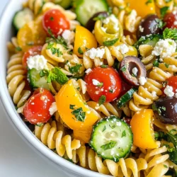 To make Lemony Greek Pasta Salad, gather these fresh ingredients: - 8 oz. whole wheat pasta (e.g., fusilli or penne) - 1 cup cherry tomatoes, halved - 1 cucumber, diced - 1 red bell pepper, diced - 1/2 red onion, finely chopped - 1 cup Kalamata olives, pitted and halved - 1 cup feta cheese, crumbled - 1/4 cup fresh parsley, chopped - 1/4 cup fresh mint, chopped - Zest and juice of 2 lemons - 3 tablespoons olive oil - 1 teaspoon dried oregano - Salt and pepper to taste Using fresh ingredients makes this salad bright and flavorful. Fresh herbs like parsley and mint add a crisp taste. Fresh lemon juice gives a zesty kick that dried lemon cannot. I recommend using fresh tomatoes and cucumbers for crunch. Dried oregano works well here, too, since it adds a nice earthy flavor. If you don’t have all the ingredients, don’t worry! You can swap some items. For pasta, use any type you like, even gluten-free. Instead of Kalamata olives, try black olives or green olives for a different taste. Feta cheese can be replaced with goat cheese for a creamier texture. If you want a vegan option, skip the cheese or use a plant-based alternative. {{ingredient_image_1}} Start by boiling water in a large pot. Add a pinch of salt to the water. Once it boils, add 8 oz. of whole wheat pasta. You can use fusilli or penne. Cook it according to the package instructions until it is al dente. This usually takes about 8 to 10 minutes. Once done, drain the pasta in a colander. Rinse it under cold water. This stops the cooking process and cools the pasta. Set it aside while you prepare the other ingredients. Next, wash and chop your vegetables. Take 1 cup of cherry tomatoes and cut them in half. Dice 1 cucumber and 1 red bell pepper. For the onion, finely chop 1/2 of a red onion. You will also need 1 cup of Kalamata olives. Make sure they are pitted and halved. Gather these in a large mixing bowl. This bowl will hold all your fresh ingredients. Now it's time to make the lemon dressing. In a small bowl, add the zest and juice of 2 lemons. This will give your salad a bright flavor. Pour in 3 tablespoons of olive oil. Next, add 1 teaspoon of dried oregano, salt, and pepper to taste. Use a whisk to mix everything well. The dressing should be smooth and combined. It adds a nice tang to the salad. Take the large bowl with the pasta and vegetables. Pour the lemon dressing over this mixture. Then, add 1 cup of crumbled feta cheese, 1/4 cup of chopped fresh parsley, and 1/4 cup of chopped fresh mint. Gently toss everything together. Make sure the pasta and vegetables are well coated with the dressing. This is where all the flavors come together. After combining, it's best to chill the salad. Cover the bowl with plastic wrap or a lid. Place it in the refrigerator for at least 30 minutes. Chilling allows the flavors to meld. It makes every bite taste even better. When ready to serve, you can garnish with extra feta or lemon wedges for a fresh look. Enjoy your Lemony Greek Pasta Salad! To cook pasta just right, follow these steps: 1. Use a large pot with water. Add a good amount of salt. This adds flavor. 2. Bring the water to a boil before adding the pasta. This helps it cook evenly. 3. Stir the pasta often in the pot. This prevents it from sticking together. 4. Cook until it's al dente, which means firm to the bite. Check the package for time. 5. Once cooked, drain the pasta in a colander. Rinse it under cold water to stop the cooking. Seasoning is key to making your pasta salad taste great. Here are some tips: - Use fresh herbs like parsley and mint. They add bright flavors. - Lemon juice and zest give the salad a refreshing taste. Don’t skip this step! - Dried oregano offers a nice depth. Just a teaspoon will do. - Always taste your dressing before mixing. Adjust salt and pepper as needed. Meal prep makes cooking easy and fun. Here’s how to do it well: - Chop all your veggies ahead of time. Store them in the fridge until you’re ready to mix. - Cook the pasta and let it cool. You can store it for up to three days. - Make the lemon dressing in advance. It stays fresh in the fridge for about a week. - Combine everything just before serving. This keeps the salad crisp and fresh. Pro Tips Use Fresh Ingredients: Always opt for fresh vegetables and herbs to enhance the flavor and nutritional value of your salad. Customize the Pasta: Feel free to substitute whole wheat pasta with gluten-free or protein-rich alternatives like chickpea or lentil pasta. Make Ahead of Time: Prepare the salad a day in advance for a more robust flavor as the ingredients have time to marinate. Experiment with Dressings: Add a splash of balsamic vinegar or a pinch of red pepper flakes for an extra layer of flavor in your dressing. {{image_2}} You can make this salad heartier by adding protein. Great choices are grilled chicken, shrimp, or chickpeas. For chicken, grill or roast it, then slice it thin. If you prefer shrimp, sauté them in olive oil until pink. For a plant-based option, use canned chickpeas. Just rinse and add them right in. Each option boosts flavor and keeps you full. If you're looking for vegetarian or vegan swaps, feta cheese is easy to replace. Use a vegan feta or skip it altogether. You can also add more veggies. Think about artichoke hearts or roasted red peppers. These keep the dish fresh while making it rich in taste. For extra creaminess, try adding avocado. It pairs well with the lemon and herbs. This salad is fun to customize based on the season. In summer, add fresh corn or zucchini for crunch. In fall, roasted butternut squash or sweet potatoes work great. You can also switch the herbs. Use basil in summer or thyme in the fall. Seasonal swaps keep this dish exciting and flavorful all year long. To store leftovers of your Lemony Greek Pasta Salad, first, let it cool completely. Place the salad in an airtight container. This helps keep it fresh longer. You can also separate the feta cheese to avoid sogginess. I suggest using glass containers for storage. Glass keeps food fresh and is easy to clean. Look for containers with tight-fitting lids. This helps prevent spills and keeps odors in check. Your pasta salad will stay good in the fridge for about 3 to 5 days. Make sure to check for any signs of spoilage. If it looks or smells off, it’s best to toss it. Enjoy your salad while it tastes fresh! Yes, you can make this salad ahead of time. I recommend making it a few hours before serving. This allows the flavors to blend well. Just keep it in the fridge until you are ready to serve. You can add many tasty ingredients to this salad. Consider adding grilled chicken for protein. You could also add artichokes or spinach for more veggies. Try using different cheeses like goat cheese or mozzarella. The options are endless! Absolutely! To make this salad gluten-free, choose gluten-free pasta. Many brands offer great options. The rest of the ingredients are naturally gluten-free, so you can enjoy this dish without worry. To make this recipe low-carb, swap out the pasta for spiralized zucchini or cauliflower rice. These options keep the salad light and fresh. You can still add all the veggies and the delicious lemon dressing! This blog post covered how to create a delicious salad with tasty ingredients. We discussed fresh versus dried ingredients and substitutions. You learned step-by-step instructions, like cooking pasta and making lemon dressing. I shared tips for perfect pasta and enhancing flavor too. In closing, enjoy experimenting with variations, and don’t forget about storage tips. Creating this salad can be fun and rewarding. With practice, you’ll become a salad pro in no time!